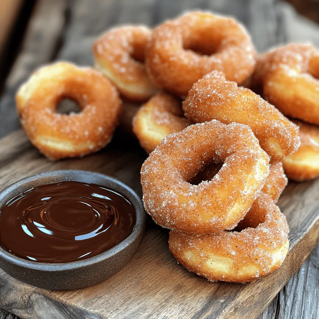 To make sweet churro donut bites, gather these key ingredients: - 1 cup all-purpose flour - 1/4 cup granulated sugar (for dough) - 1 teaspoon baking powder - 1/4 teaspoon salt - 1/2 teaspoon ground cinnamon (plus more for coating) - 1/2 cup whole milk - 1 large egg - 2 tablespoons unsalted butter, melted - 1/2 cup granulated sugar (for coating) - Vegetable oil (for frying) These ingredients blend to create a soft dough that fries into delightful bites. You can enhance the flavor with a few optional ingredients: - Vanilla extract for a sweet aroma - Nutmeg for a warm spice note - Orange zest for a citrus twist Adding these can elevate your churro bites to new heights. You will need some basic kitchen tools: - Mixing bowls for combining ingredients - Whisk for blending dry and wet mixtures - Deep frying pan to fry the bites - Slotted spoon to remove churro bites from the oil - Paper towels for draining excess oil Having these tools ready will make your cooking experience smooth and enjoyable. For the full recipe, check the details above. To start, gather your ingredients. You will need flour, sugar, baking powder, salt, cinnamon, milk, egg, butter, and oil. First, mix the dry ingredients in a bowl. Combine 1 cup of flour, 1/4 cup sugar, baking powder, salt, and 1/2 teaspoon cinnamon. Use a whisk to blend them well. In a second bowl, combine 1/2 cup milk, 1 egg, and 2 tablespoons melted butter. Whisk until smooth. Now, pour the wet mix into the dry mix. Stir gently with a spatula. Remember, it’s okay if the dough has some lumps! Next, get your frying pan. Heat vegetable oil over medium heat. Aim for a temperature of 350°F (175°C). To check the oil, drop a tiny piece of dough in. If it floats and bubbles, it's ready! Using a small scoop or spoon, drop dough balls into the hot oil. Fry them in batches, leaving space in the pan. Cook each side for about 2-3 minutes. You want them golden brown. Timing is key to perfect churro bites. Keep an eye on the color while frying. If they brown too fast, your oil might be too hot. If they don’t brown, the oil may be too cool. Use a thermometer for accuracy if you have one. After frying, place churro bites on a paper towel-lined plate. This helps soak up extra oil. While they are still warm, roll them in a sugar and cinnamon mix for that classic churro taste. For the full recipe, check out the details above. When making sweet churro donut bites, avoid overmixing the dough. This can make the bites tough. Mix just until the ingredients combine. Also, ensure your oil is hot enough before frying. If it's too cool, your bites will absorb oil and become greasy. Use a thermometer to check the oil temperature. Fry in small batches to keep them crisp. The right dough consistency is key. It should be thick but not dry. If it's too runny, add a bit more flour. If it’s too dry, add a splash of milk. The dough should hold together but still be soft enough to scoop easily. This will help your churro bites puff up nicely while frying. To make your churro bites even better, serve them warm with a chocolate dipping sauce. You can also try dulce de leche for a rich flavor. For fun, arrange them in a cone or on a colorful platter. Sprinkle some extra cinnamon sugar on top for that wow factor. These simple touches make your dessert look and taste amazing! For the complete recipe, check out the Full Recipe section. {{image_4}} You can easily change up the flavor of your churro bites. Try adding 1/2 cup of chocolate chips to the dough for a rich twist. Or mix in some zest from an orange or lemon for a fresh kick. If you want a nutty flavor, add 1/4 cup of finely chopped nuts like pecans or almonds. You can also swap the whole milk for almond milk or oat milk. This keeps the churro bites tasty and creamy. If you want a different sweetener, use brown sugar instead of granulated sugar. It adds a deep flavor that pairs well with cinnamon. While cinnamon sugar is classic, you can try other coatings. For a sweet and salty mix, roll the churro bites in crushed pretzels or toffee bits. This gives a crunchy texture and a fun taste. If you love chocolate, dip the warm churro bites in melted chocolate. You can even sprinkle crushed nuts on top for extra crunch. For a spicier kick, use a mix of sugar and cayenne pepper. Just a pinch adds warmth without overpowering the sweetness. You could also roll them in powdered sugar for a light and fluffy finish. If you want a healthier option, baking is a great choice. Preheat your oven to 375°F (190°C). Line a baking sheet with parchment paper. Use a cookie scoop to drop the dough onto the sheet, leaving space between each bite. Bake for 10-12 minutes until they are golden brown. While baked churro bites won't be as crispy as fried ones, they will still be tasty. Brush them with melted butter right after baking, then roll them in cinnamon sugar. This gives a similar flavor and texture to the fried version, making it a smart swap. For the full recipe, check out the details above. Enjoy experimenting with these variations! To keep your churro donut bites fresh, store them in an airtight container. Make sure they cool completely before sealing. If left out, they can get soggy or hard. You can keep them at room temperature for up to two days. If you want to store them longer, refrigeration is a good option for about a week. However, this may change their texture slightly. When you're ready to enjoy your leftover churro bites, you can reheat them in a few ways. The best method is to use an oven. Preheat it to 350°F (175°C). Place the churro bites on a baking sheet and heat for about 5-7 minutes. This method keeps them crispy. You can also use a microwave, but they may turn soft. Heat them in short bursts of 10-15 seconds until warm. If you want to save churro bites for later, freezing is easy! First, let them cool completely. Then, place them in a single layer on a baking sheet. Freeze them for a couple of hours until firm. After that, transfer them to a freezer-safe bag or container. They can last for up to three months. When you're ready to eat, thaw them in the fridge overnight and reheat as mentioned. Enjoy your sweet churro donut bites anytime! For the full recipe, check out the earlier sections. To make your churro donut bites healthier, consider a few easy swaps. Use whole wheat flour instead of all-purpose flour. This adds fiber and nutrients. You can also cut down on sugar. Try using a sugar substitute or reduce the amount in the dough. Instead of frying, bake them at 375°F for about 10-12 minutes. This keeps the flavor and cuts down on fat. Dipping sauces bring extra joy to churro bites. A rich chocolate sauce is a classic choice. It adds a smooth, sweet contrast. You might also enjoy creamy dulce de leche, which gives a caramel flavor. For a fruity twist, try a berry sauce or warm vanilla custard. Each option brings its own flair. Yes, you can prepare churro bites ahead of time. Make the dough and refrigerate it for up to 24 hours. When you’re ready, just scoop and fry them. If you have leftovers, store them in an airtight container. Reheat them in the oven to keep them crispy. Enjoy them warm for the best taste! For the full recipe, check out the detailed steps and ingredients. In this blog post, we explored the key ingredients and step-by-step instructions to make churros. We highlighted essential tools, shared tips for perfect frying, and discussed common mistakes to avoid. You learned about flavor variations and storage tips to enjoy leftovers. To wrap up, these insights can help you create delicious churros that impress. With practice, you’ll become a churro-making expert, able to explore your own twists on this classic treat. Keep experimenting, and enjoy every bite!