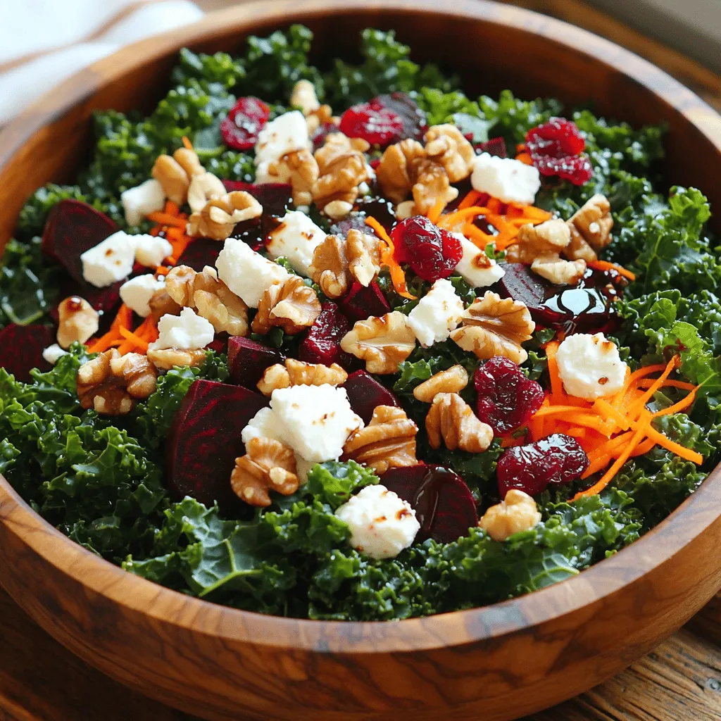 To make this kale salad with roasted beets, gather these fresh ingredients: - 4 cups kale, stems removed and chopped into bite-sized pieces - 2 medium-sized beets, peeled and cut into small cubes - 1 medium carrot, finely grated - 1/2 cup feta cheese, crumbled into small pieces - 1/4 cup walnuts, lightly toasted and roughly chopped - 1/4 cup dried cranberries for a touch of sweetness These ingredients create a mix of flavors and textures. The kale provides a sturdy base, while the beets add a sweet earthiness. The crunch from walnuts and the creaminess of feta enhance the salad's appeal. For the dressing, you will need: - 1/4 cup extra virgin olive oil - 2 tablespoons balsamic vinegar - 1 teaspoon honey - Salt and pepper to taste This dressing brings everything together. The olive oil adds richness, while the balsamic vinegar gives a nice tang. Honey balances the flavors, making each bite delightful. This salad is not just tasty; it's also good for you. - Kale is rich in vitamins A, C, and K. It supports eye health and boosts the immune system. - Beets contain antioxidants and help improve blood flow. They are great for heart health and can lower blood pressure. Eating this salad often can improve your health while keeping meals exciting. Feel free to explore the [Full Recipe] for more details! To roast the beets, first, preheat your oven to 400°F (200°C). This temperature helps the beets cook evenly. Next, take two medium-sized beets. Peel them and cut them into small cubes. Spread these cubes on a baking sheet. Drizzle one tablespoon of extra virgin olive oil over them. Sprinkle a pinch of salt and pepper on top. Roast the beets in the oven for 25-30 minutes. They should be tender when you pierce them with a fork. Remember to stir the beets halfway through cooking. Once they are done, take them out and let them cool. Now, let’s mix up the salad. In a large mixing bowl, add four cups of chopped kale. Make sure to remove the tough stems first. Next, grate one medium carrot and add it to the bowl. Then, toss in the roasted beet pieces you just made. Crumble half a cup of feta cheese into the bowl. Add a quarter cup of roughly chopped walnuts and a quarter cup of dried cranberries for sweetness. These ingredients give the salad great color and texture. To make the salad dressing, take a small bowl. Whisk together three tablespoons of olive oil, two tablespoons of balsamic vinegar, and one teaspoon of honey. Add a sprinkle of salt and pepper to taste. Make sure everything is well mixed and emulsified. This dressing enhances all the fresh flavors in your salad. Drizzle it over your kale and beet mixture. Gently toss the salad to coat all the ingredients. Let it sit for about ten minutes. This waiting time allows the kale to soften and the flavors to blend perfectly. Roasting beets brings out their natural sweetness. Start by preheating your oven to 400°F (200°C). Cut your beets into small cubes for even cooking. Spread them on a baking sheet. Drizzle with olive oil, and sprinkle salt and pepper. Roast for 25 to 30 minutes. Stir them halfway through for a nice, even roast. Check if they are tender with a fork. Let them cool before adding to your salad. This method makes beets bright and tasty. Balancing flavors is key in any salad. The sweetness of roasted beets pairs well with the saltiness of feta. Add a splash of balsamic vinegar for tang. Honey can help balance these flavors. If the salad tastes flat, add more salt or pepper. You can also toss in some lemon juice for extra brightness. Taste as you go. Adjust until you find your perfect mix. This way, each bite will be full of flavor. A beautiful salad can make a meal special. Use a large wooden bowl for a rustic look. Top the salad with extra feta and walnuts for texture. For individual servings, use clear glasses or small bowls. Garnish with a lemon slice on the side. This adds color and a zesty touch. You can also layer the ingredients for a stunning display. Eye-catching salads invite everyone to dig in. Make your salad not just tasty but also a feast for the eyes. For the complete recipe, check out the Full Recipe section. {{image_4}} If you want to change the cheese in your salad, you have options. You can try goat cheese for a tangy twist. Creamy burrata adds a rich texture. For a dairy-free choice, use crumbled tofu. Each cheese gives a unique flavor to your salad. Want to make your salad more filling? Try adding proteins! Grilled chicken works great for a hearty dish. If you prefer plant-based options, chickpeas or black beans are fantastic. Simply toss them in with the other ingredients for a tasty boost. To make a vegan version of this salad, skip the feta cheese. Instead, add avocado for creaminess. You can also include a sprinkle of nutritional yeast for a cheesy flavor. Replace honey with maple syrup or agave nectar. This way, you keep the taste vibrant and fresh. For the complete recipe, check [Full Recipe]. To keep leftover kale salad fresh, store it in a sealed container. You can use glass or plastic containers, but make sure they are airtight. Place the salad in the fridge as soon as possible. This helps keep the ingredients crisp. If you can, keep the dressing separate. This way, the kale will not get soggy. The salad can last in the refrigerator for about 2-3 days. However, the texture will change over time. The kale may wilt, and the beets can release moisture. For the best taste, enjoy it within the first two days. Always check for any signs of spoilage before eating. Freezing the salad is not recommended. The kale and other veggies will lose their crispness. While the beets may hold up, the overall texture will not be good after freezing. If you want to save beets, you can freeze them alone. Just roast and cool them first before freezing. Use them later in other dishes or salads. For the full recipe, check the linked instructions. Yes, you can use other leafy greens. Spinach, arugula, or Swiss chard work well. Each green has a different taste. Spinach is mild, while arugula adds spice. Feel free to mix and match to find your favorite flavor. If fresh beets are hard to find, use canned or pre-cooked beets. These options save time and still taste great. Just drain and rinse them before adding to your salad. This keeps the flavors fresh and vibrant. To make this salad gluten-free, ensure all ingredients are safe. Check the labels on your feta cheese and dressing. Most olive oils and vinegars are gluten-free, but it's good to double-check. This way, everyone can enjoy this tasty dish. For the full recipe, visit the cooking section. This blog post shared how to make a great salad with fresh, healthy ingredients. You learned about vibrant kale, beets, and the right dressing to tie it all together. I provided steps to roast beets, assemble your salad, and even tips for storing leftovers. Lastly, you can customize the salad to suit your taste or dietary needs. This dish is not just delicious but also packed with nutrients. Enjoy your tasty salad, and don’t be afraid to get creative!