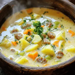 - 1 pound smoked sausage - 4 medium potatoes - 1 cup carrots - 1 cup celery - 1 medium onion - 4 cups chicken broth - 1 cup heavy cream This chowder needs solid, hearty ingredients. I like using smoked sausage for a rich taste. You can slice it into half-inch rounds for even cooking. The potatoes add creaminess and bulk. I prefer medium potatoes, peeled and cubed. Carrots and celery give a bright crunch. The onion adds sweetness and depth. Chicken broth forms the base, while heavy cream brings it all together. - 1 teaspoon garlic powder - 1 teaspoon dried thyme - Salt and freshly ground black pepper - 2 tablespoons extra virgin olive oil Seasonings make a big difference in flavor. Garlic powder and thyme add warmth. Always taste and adjust salt and pepper, too. I use extra virgin olive oil to sauté the vegetables. It gives a nice base flavor and helps the chowder taste fresh. - Fresh parsley Garnish adds a pop of color and freshness. I like to chop fresh parsley and sprinkle it on top just before serving. It looks nice and adds a hint of herbal flavor. For a full recipe, check the details on Creamy Sausage and Potato Chowder. - Heat 2 tablespoons of olive oil in a large pot over medium heat. - Once the oil is hot, add 1 pound of sliced smoked sausage. Brown the sausage for about 5-7 minutes. Cook until it is nice and caramelized on both sides. - Use a slotted spoon to remove the sausage from the pot. Set it aside on a plate for later. - In the same pot, add 1 medium finely chopped onion, 1 cup of diced carrots, and 1 cup of chopped celery. - Cook the vegetables for about 5 minutes. Stir often until the onions turn translucent and the veggies soften. - Now, add 4 medium peeled and cubed potatoes to the pot. Stir to combine with the sautéed vegetables. - Pour in 4 cups of chicken broth. Season it with 1 teaspoon of garlic powder, 1 teaspoon of dried thyme, salt, and pepper to taste. - Increase the heat and bring the mixture to a rapid boil. - Once the chowder boils, reduce the heat to low. Cover the pot and let it simmer for 15-20 minutes. This will make the potatoes fork-tender. - After the potatoes are tender, add the reserved sausage back into the chowder along with 1 cup of heavy cream. - Allow the chowder to simmer for another 5-10 minutes. Stir occasionally to prevent sticking. Taste it and adjust seasoning as needed. This creamy sausage and potato chowder is a comfort food dream! For the full recipe, check the section above. To make your chowder creamy, you can adjust the amount of heavy cream. If you want a lighter chowder, use less cream. For a richer taste, add more. You can also thicken your chowder using cornstarch or flour. Mix a tablespoon of cornstarch with cold water. Stir this mixture into the chowder. Let it cook for a few minutes to thicken. If using flour, make a roux by cooking it with butter before adding it to the chowder. This adds depth and a smooth texture. To boost flavor, consider adding spices and herbs. A pinch of smoked paprika gives a nice kick. Fresh thyme or rosemary can brighten the dish. You can also add a sprinkle of red pepper flakes for heat. For added richness, stir in some cheese. Cheddar or Gruyère melts well and complements the sausage perfectly. This makes your chowder even more delicious. Pair your creamy sausage and potato chowder with bread for a full meal. A crusty bread roll is perfect for dipping. You can also serve it with a simple green salad. This adds freshness and crunch. If you want more sides, try roasted vegetables. They bring extra color and flavor to your table. Enjoy your chowder hot, garnished with chopped parsley for a bright touch. For the full recipe, check out the Creamy Sausage and Potato Chowder! {{image_4}} You can easily change the sausage in your chowder. Using turkey sausage makes it lighter. It still brings great flavor. You can also swap out vegetables based on what you have. Try adding corn, bell peppers, or green beans for a new twist. If you need gluten-free options, use gluten-free broth. You can also use cornstarch to thicken instead of flour. For dairy-free alternatives, swap heavy cream with coconut milk. This will keep your chowder rich and creamy without dairy. Want to add some flair? Try making an Italian-style chowder. Add Italian herbs like basil and oregano. This gives your dish a fresh taste. For a Mexican flavor, add diced tomatoes and chili powder. This will spice things up and create a whole new experience. For the full recipe, check the section above. To keep your creamy sausage and potato chowder fresh, store it properly. First, let the chowder cool down to room temperature. Then, transfer it to an airtight container. - Refrigeration guidelines: You can store it in the fridge for up to 3 days. Make sure to seal it well to avoid any smells from other foods. - Freezing instructions: If you want to freeze it, pour the cooled chowder into freezer-safe bags or containers. It will stay good for about 3 months in the freezer. Just remember to leave some space at the top, as liquids expand when frozen. When you are ready to enjoy your chowder again, reheating it right is key. - Best methods for reheating: The best way to reheat is on the stove over low heat. Stir it often to avoid sticking. If you prefer, you can microwave it in short bursts, stirring in between. - Maintaining flavor and texture: Add a splash of cream or broth when reheating. This keeps the chowder creamy and helps restore its original flavor. Always taste and adjust the seasoning if needed. You can store this chowder in the fridge for up to three days. Keep it in an airtight container. For longer storage, you can freeze it for up to three months. Just make sure to cool it first before freezing. When ready to eat, thaw it overnight in the fridge. Yes, you can make this chowder ahead of time. Cook it fully, let it cool, and store it in the fridge. When you are ready to serve, simply reheat it on the stove. This allows the flavors to blend well and makes it even tastier. This chowder pairs well with several sides. Here are some ideas: - Crusty bread rolls - Garlic bread - A fresh garden salad - Steamed vegetables You can easily adjust the spice level. If you like it spicy, add red pepper flakes or hot sauce. For a milder flavor, skip these ingredients. You can also use a milder sausage to keep it soft. This post covered a hearty Creamy Sausage and Potato Chowder. You learned about its fresh ingredients, cooking steps, and tips for flavor and texture. I shared ways to adapt recipes for different diets and tastes, ensuring anyone can enjoy this dish. Remember, cooking is about creativity and fun. Feel free to experiment with flavors or pairings. Make this chowder your own. Enjoy the warmth and comfort it brings. Your meals can be both satisfying and enjoyable!