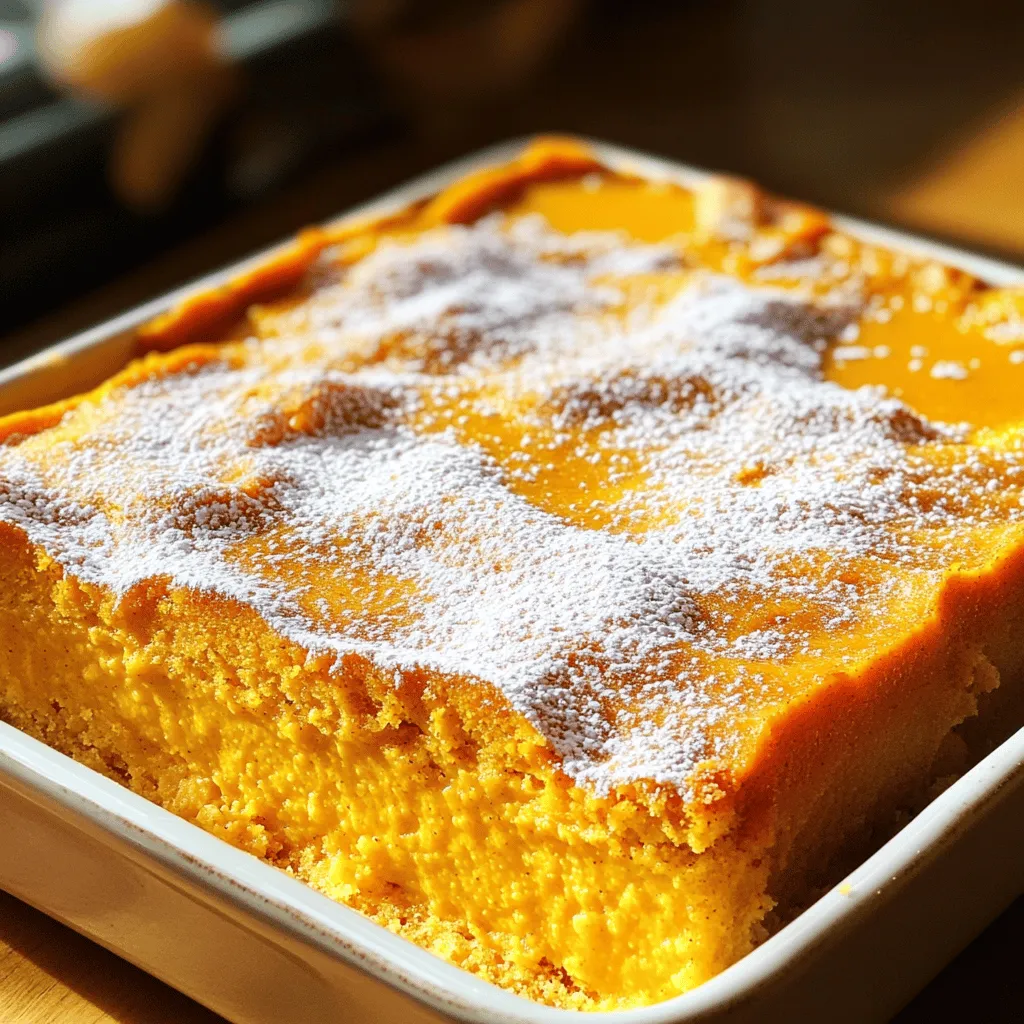 To make this delightful dessert, you will need: - 1 cup pumpkin puree (either canned or homemade) - 1 cup milk - 1 cup water - 4 large eggs - 1 cup granulated sugar - ½ cup unsalted butter, melted - 1 teaspoon pure vanilla extract - 1 tablespoon all-purpose flour - 1 teaspoon baking powder - ½ teaspoon salt - 1 teaspoon ground cinnamon - ¼ teaspoon ground nutmeg - ¼ teaspoon ground ginger - Powdered sugar for dusting These ingredients create a soft, custard-like cake with a warm pumpkin flavor. You can add extra flavors to enhance your cake: - 1 tablespoon maple syrup for a rich sweetness - ½ teaspoon ground cloves for a warm spice note - A pinch of cayenne pepper for a little heat These optional ingredients can personalize your custard cake and make it even more special. When serving your pumpkin magic custard cake, consider these tasty additions: - Whipped cream for a light, creamy touch - Vanilla ice cream for a sweet contrast - A sprinkle of chopped nuts for crunch These accompaniments will elevate your dessert and impress your guests. Enjoy crafting this delicious recipe from the Full Recipe and make it your own! 1. Preheat the Oven: Turn your oven to 350°F (175°C). Grease an 8-inch square baking dish lightly with butter or spray. 2. Mix the Egg and Sugar Base: Crack four eggs into a large bowl. Add one cup of granulated sugar. Whisk this until it blends well and is slightly frothy. 3. Incorporate Wet Ingredients: Pour in one cup of pumpkin puree, half a cup of melted unsalted butter, one cup of milk, one cup of water, and one teaspoon of pure vanilla extract. Whisk until the mixture is smooth. 4. Combine Dry Ingredients: In a separate bowl, sift one tablespoon of all-purpose flour, one teaspoon of baking powder, half a teaspoon of salt, one teaspoon of ground cinnamon, one-fourth teaspoon of ground nutmeg, and one-fourth teaspoon of ground ginger. Gradually add this to your wet mix, whisking gently. Do not overmix. 5. Prepare for Baking: Pour the batter into the greased baking dish. It may look thin, but this is normal. The magic happens while baking! 6. Create a Water Bath: Place the baking dish in a larger pan. Carefully add hot water to the outer pan until it reaches halfway up the sides of the baking dish. This keeps the cake moist. 7. Bake: Place everything in the oven and bake for 60 to 70 minutes. The top should be golden, and a toothpick should come out clean, but the custard will still be a bit wet. 8. Cool Down: Remove the dish from the oven and let it cool on a wire rack for at least 30 minutes. Then, chill it in the fridge for several hours or overnight. This helps the custard set. 9. Serve: Dust the top with powdered sugar before serving. Cut into pieces and enjoy! - Total Baking Time: 60-70 minutes - Cooling Time: 30 minutes at room temperature, followed by several hours in the fridge - Use fresh ingredients for the best flavor. - Do not overmix your batter; it should be light and airy. - Allow enough chilling time for the custard to set correctly. - Check the cake with a toothpick; it should come out clean but with a slightly wet custard underneath. When making the Pumpkin Magic Custard Cake, there are a few slip-ups to watch for: - Overmixing the Batter: Mixing too much can make the cake dense. Blend until just combined. - Skipping the Water Bath: This step helps create a creamy custard. Don’t skip it! - Not Preheating the Oven: Always preheat your oven first. This helps your cake rise and bake evenly. Mixing and baking can make or break your cake. Here’s how to do it right: - Use Room Temperature Ingredients: Eggs and milk should be at room temperature for a smooth batter. - Whisk Gently: When mixing wet and dry ingredients, use a gentle hand. This keeps the batter light. - Check Oven Temperature: Use an oven thermometer to ensure your oven is at the right heat. This gives you the best bake. The custard layer is the magic in this cake. To get it just right: - Watch the Baking Time: Bake for 60-70 minutes. The top needs to be golden, while the custard stays slightly wet. - Cool Before Chilling: Let the cake cool for at least 30 minutes before chilling. This helps the layers set. - Chill Long Enough: Chill for several hours or overnight. This will firm up the custard and enhance the flavors. For the full recipe, check out the instructions above. Enjoy your baking! {{image_4}} You can change up the flavor of your Pumpkin Magic Custard Cake with fun twists. One great option is chocolate pumpkin. To make this, simply add ½ cup of unsweetened cocoa powder to the dry ingredients. This gives you a rich chocolate taste that pairs beautifully with pumpkin. Another fun idea is to add spices like cardamom or cloves for a warm, cozy flavor. You can even swap out the pumpkin for pureed sweet potatoes for a new twist! Making this cake gluten-free is easy. Just use a gluten-free flour blend instead of all-purpose flour. Check the blend to ensure it works well in baking. For a dairy-free version, replace the milk with almond milk or oat milk. Use a plant-based butter for the melted butter. These changes still make a lovely custard cake. You can adapt this dessert for different seasons and holidays. For Halloween, add some orange zest for a fresh kick. For Thanksgiving, consider mixing in chopped pecans or walnuts for added crunch. During Christmas, use peppermint extract instead of vanilla for a festive touch. You can also sprinkle crushed candy canes on top for a sweet finish. Each twist offers a new way to enjoy this classic dessert. You can find the full recipe for Pumpkin Magic Custard Cake above. Store any leftover Pumpkin Magic Custard Cake in the fridge. Use an airtight container to keep it fresh. Place parchment paper between layers if stacking. This prevents sticking. The cake will stay good for about three to four days. You can freeze Pumpkin Magic Custard Cake for later enjoyment. Wrap individual slices tightly in plastic wrap. Then, place them in a freezer bag or container. This helps avoid freezer burn. To thaw, move the slices to the fridge overnight. They will taste fresh when ready to serve. Reheat your custard cake in the microwave for best results. Warm it in short bursts, about 15-20 seconds at a time. Check to avoid overheating. You can also use the oven. Preheat it to 350°F (175°C) and warm the cake for about 10 minutes. Enjoy it just like the first time! For the full recipe, check the provided link. Pumpkin Magic Custard Cake stands out for its three distinct layers. The top is light and airy, the middle is creamy, and the bottom is custard-like. This cake uses simple ingredients to create a wow factor. The pumpkin adds warmth and spice, making it a perfect autumn dessert. Each slice reveals the magic of texture, flavor, and presentation. Yes, you can use fresh pumpkin! Make sure to roast or steam it first. Then, puree it until smooth. Fresh pumpkin may give a different flavor and texture, but it adds a lovely freshness. Just ensure it's well-drained to avoid excess moisture in the cake. It’s a fun way to enjoy seasonal produce. To check if your cake is done, look for a golden top. Insert a toothpick into the cake part. If it comes out clean, it’s ready. The custard underneath should be slightly wet but not runny. The edges will appear set while the center is a bit jiggly. Let it cool to help it firm up. Follow these steps for a perfect bake. Make sure to check the Full Recipe for all the details! Pumpkin Magic Custard Cake is a tasty dessert that combines unique flavors and textures. You learned about key ingredients, step-by-step baking, and important tips. Remember to avoid common mistakes and ensure the right texture. You can also explore fun variations and store leftovers properly for later enjoyment. Keep these tips in mind as you bake. With this knowledge, you can create a magical treat that delights every time. Happy baking and enjoy your delicious creation!