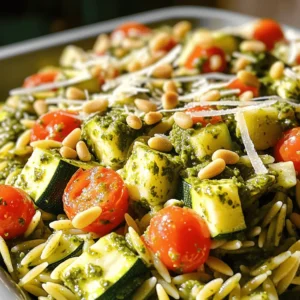 - 1 cup orzo pasta - 2 medium zucchinis, diced into small cubes - 1 cup cherry tomatoes, halved - 1/4 cup fresh basil pesto - 1/4 cup Parmesan cheese, finely grated - 2 tablespoons extra virgin olive oil - 2 cloves garlic, minced - Salt and freshly ground black pepper to taste - 1/4 cup pine nuts, toasted (for garnish) - Spinach or kale for added greens - Cooked chicken or shrimp for protein - Lemon juice for extra zest I love using these ingredients for my Pesto Zucchini Orzo. They create a bright and fresh dish. The orzo pasta serves as a great base. It cooks quickly and has a nice bite. Zucchini adds a mild taste and a lovely texture. Cherry tomatoes bring a sweet burst in every bite. Fresh basil pesto ties it all together with its rich flavor. Parmesan cheese adds a salty touch. The garlic gives a hint of warmth, while the olive oil keeps everything moist. If you want to switch it up, consider adding some spinach or kale. They boost the nutrition and add color to the dish. You can even throw in some cooked chicken or shrimp for protein. A squeeze of lemon juice will brighten the flavors even more. Don’t forget, you can find the full recipe above. Make this dish your own by mixing and matching! - Bring water to a boil and add orzo. - Cook for 8-10 minutes until al dente. - Drain and set aside. Start with boiling water. Use a large pot and add salt. This step helps flavor the orzo. Once the water bubbles, toss in the orzo. Stir it gently to prevent sticking. You want it to be firm, not mushy, so keep an eye on the clock. After draining, let the orzo sit for a moment. This will help it stay fluffy. - Heat olive oil and sauté garlic. - Add zucchini and cook until tender. - Incorporate cherry tomatoes and cook briefly. In a large skillet, pour in the olive oil. Heat it over medium. When the oil shimmers, add minced garlic. It should smell great after about a minute. Next, toss in the diced zucchini. Cook it for around 4-5 minutes. You want it soft but still slightly crisp. Then, add the halved cherry tomatoes. Cook for 2-3 minutes. This will make them juicy and flavorful. - Stir in cooked orzo with vegetables. - Add pesto and mix thoroughly. - Season with salt, pepper, and Parmesan cheese. Now, add the drained orzo to your skillet. Gently stir everything together so the orzo mixes with the veggies. Next, pour in the fresh basil pesto. This adds a burst of flavor. Mix well until everything is coated. Finally, season with salt and freshly ground black pepper. Don’t forget to add the finely grated Parmesan cheese. It melts and creates a creamy texture. For the complete recipe, check out the [Full Recipe]. To make the best orzo, avoid overcooking it. Al dente is key. This gives a nice bite and keeps your dish light. Always use fresh ingredients. They boost flavor in every bite. After cooking, taste your dish. Adjust the seasoning to your liking. A dash of salt or a sprinkle of pepper can elevate your meal. Pesto zucchini orzo pairs well with grilled meats or seafood. The flavors work together beautifully. Serve it with crusty bread to make a full meal. The bread soaks up the delicious pesto sauce. For a fresh touch, add basil leaves as a garnish. This adds color and flavor to your dish. For the full recipe, check out the details above. {{image_4}} For a great vegetarian twist, skip the cheese. This change makes the dish dairy-free. You can also add more vegetables. Try bell peppers or asparagus for extra color and flavor. These veggies pair well with the orzo and pesto. If you want to boost the flavor, think about sun-dried tomatoes or olives. Both add a nice tangy taste. You can also use different nuts. Walnuts or almonds offer a crunchy surprise and change the texture. Meal prepping is a smart move for busy days. Make a large batch of pesto zucchini orzo for easy lunches. Store the orzo in individual containers. This way, you can grab a meal on the go without extra fuss. For the full recipe, check out the link above. Store any leftovers in an airtight container. This keeps the food fresh. Consume within 3-5 days for best quality. The flavors will stay bright when stored properly. You can freeze this dish for up to 3 months. Make sure it cools completely before putting it in the freezer. Thaw it in the refrigerator before reheating. This helps maintain the texture and taste. To reheat, use a microwave or heat on the stove. Add a splash of water to keep it moist. Stir well to maintain moisture while reheating. This keeps your Pesto Zucchini Orzo delightful and flavorful. Yes, alternatives like quinoa pasta can work well. Quinoa pasta cooks similarly to orzo. It adds protein and a nutty flavor. You can also try whole grain or brown rice pasta for a different taste and texture. Just adjust the cooking time as needed. Try homemade or store-bought alternatives like sun-dried tomato pesto. You can also blend fresh herbs with nuts and olive oil for a quick sauce. If you want a creamy option, consider using ricotta cheese mixed with herbs. Each choice gives a unique twist to the dish. Use gluten-free orzo or pasta made from chickpeas or lentils. These options keep the dish tasty while being gluten-free. Always check the package for cooking times. This way, you can enjoy a wholesome meal without gluten. This blog post covered a delicious orzo dish, outlining key ingredients and cooking steps. You learned about required items like orzo, zucchini, and pesto, along with optional add-ins for customization. Tips for perfecting your orzo and creative storage ideas were also provided. I hope these insights inspire you to try this recipe. Enjoy mixing flavors and personalizing your dish. Keep exploring different variations for fun and tasty meals ahead!
