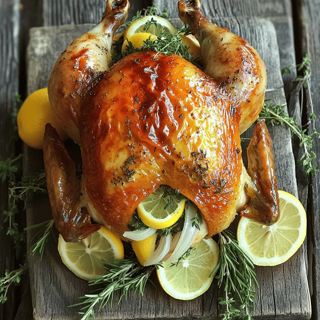 - Whole chicken (4-5 pounds) - Apple cider (2 cups) - Salt (¼ cup) - Brown sugar (¼ cup) - Garlic (3 cloves, minced) - Fresh herbs (rosemary, thyme) - Whole black peppercorns (1 tablespoon) - Lemon (1, sliced) - Onion (1, quartered) The heart of this dish lies in its simple yet flavorful ingredients. The whole chicken, between 4 to 5 pounds, is the star. The apple cider adds a sweet and tangy taste. Salt is crucial for brining, as it helps the chicken hold moisture. I love adding brown sugar to balance the saltiness. Garlic brings in a rich aroma, while fresh herbs like rosemary and thyme add depth. Whole black peppercorns bring a subtle spice. Slicing a lemon and quartering an onion helps infuse the chicken with fresh flavors while roasting. Each ingredient plays an important role in creating a juicy and flavorful dish. If you want to explore the full recipe, check out the details above. To start, I combine the apple cider, salt, brown sugar, minced garlic, chopped rosemary, chopped thyme, and whole black peppercorns in a large pot. This mix brings out a rich flavor. Next, I heat the mixture over medium heat. I stir it until the salt and sugar dissolve completely. Once they dissolve, I remove the pot from the heat and let the brine cool to room temperature. After the brine has cooled, I carefully submerge the whole chicken in the mixture. I use a large container or a resealable plastic bag. It is important that the chicken is fully covered by the brine. Then, I seal the bag tightly. I place it in the refrigerator to marinate for at least 4 hours. For the best flavor, I recommend letting it sit overnight. When I’m ready to cook, I preheat my oven to 425°F (220°C). After brining, I take the chicken out. I gently pat it dry with paper towels to remove excess moisture. I discard the brine responsibly. I then rub olive oil all over the chicken. This helps create crispy skin while it cooks. Next, I stuff the cavity of the chicken with lemon slices and onion quarters. Their flavors will infuse into the meat while it roasts. I place the chicken breast side up in a roasting pan. To help it cook evenly, I tie the legs together with kitchen twine. I roast the chicken for about 1 hour and 15 minutes. I check the internal temperature in the thickest part of the breast. It should reach 165°F (75°C). Halfway through, I baste the chicken with its own juices. Once it’s perfectly roasted, I remove the chicken from the oven. I let it rest on a cutting board for 15-20 minutes before carving. This resting time keeps the chicken moist and full of flavor. For serving, I enjoy it with roasted vegetables or fresh greens. I often garnish it with extra sprigs of rosemary or thyme. This dish is truly a feast! For the complete recipe, check the Full Recipe. For the best flavor, brine the chicken for at least four hours. If you have time, overnight works even better. This longer soak helps the chicken absorb all the delicious flavors. To ensure even brine coverage, use a large container or a resealable bag. Make sure the chicken is fully submerged. If needed, weigh it down with a plate. This simple step boosts the flavor throughout the meat. Basting the chicken is key to a juicy roast. Halfway through roasting, use a spoon to drizzle the chicken with its own juices. This keeps the skin crispy and the meat moist. After cooking, let the chicken rest for 15-20 minutes. Resting lets the juices redistribute. This step is crucial for a tender bite. Enhance the flavor by adding more herbs. Try using sage or parsley alongside the rosemary and thyme. These herbs add depth and aroma. To balance flavors, consider the cider's sweetness. You can add a bit of tart apple or a splash of vinegar to cut the sweetness. This balance ensures a well-rounded taste in every bite. For the full recipe, refer to the detailed instructions. {{image_4}} You can change the brine for new tastes. Try using different liquids like herbal tea or beer. Each option adds a unique flavor to the chicken. For fruits, think about adding sliced oranges or pears to the brine. These fruits give a sweet and tangy twist. You can also mix spices like cinnamon or cloves for a warm touch. This will add depth and interest to your cider brined roast chicken. Want to try a different way to cook your chicken? Use a slow cooker. This method keeps the chicken juicy and tender. Just add the brined chicken to the slow cooker with some broth and cook on low for 6-8 hours. Another option is grilling. It gives the chicken a nice smoky flavor. Just be sure to watch the heat. You want the chicken cooked through but not dry. Both methods can create a delicious meal. Pair your roast chicken with tasty sides. Roasted vegetables like carrots and Brussels sprouts work well. You can also serve it over a bed of creamy mashed potatoes. For a fresh touch, add a salad with mixed greens and a light vinaigrette. Sauces can enhance the meal too. A simple apple chutney or a tangy barbecue sauce adds great flavor. You can also try a garlic aioli for a creamy dip. These sides and sauces make the meal special. For the full recipe, refer back to the main sections above. For leftover cider brined roast chicken, store it in an airtight container. This keeps it fresh and prevents drying. Place the container in the fridge. Your leftovers will last about three to four days. If you plan to eat them later, consider freezing instead. To reheat without drying out, use your oven or a skillet. Preheat your oven to 350°F (175°C). Place the chicken in a baking dish and cover it with foil. This keeps moisture in. Heat for about 20 minutes, or until warm. If using a skillet, add a bit of broth or water. This adds moisture and flavor while reheating. You can freeze brined chicken for up to three months. Wrap it tightly in plastic wrap, then place it in a freezer bag. To thaw, move the chicken to the fridge for a day. This slow thawing keeps it juicy and tasty. Avoid thawing in the microwave as it may cook unevenly. For more details, check out the Full Recipe for cider brined roast chicken. Yes, you can brine the chicken overnight. Brining overnight gives the chicken more flavor and moisture. The salt and sugar work together to break down the meat. This process helps keep the chicken juicy. If you have time, brining for longer makes a big difference. For brining, use non-alcoholic apple cider. Look for fresh, pure cider without added sugars or flavors. A sweeter cider works well, as it balances the salt. You can choose local brands for better taste. These ciders enhance the chicken’s flavor. To check if the chicken is done, use a meat thermometer. Insert it into the thickest part of the breast. The temperature should reach 165°F (75°C). This ensures the chicken is safe to eat. If you do not have a thermometer, make sure the juices run clear when you cut into the chicken. This method helps confirm that it is fully cooked. For a detailed guide on how to prepare this delicious dish, refer to the [Full Recipe]. Brining and roasting chicken transforms your meal into something special. We covered key ingredients, step-by-step instructions, and valuable tips. You now know how to prepare the perfect brine, roast the chicken, and enhance flavors. By exploring variations and storage options, you ensure great meals even on busy days. Remember, the right brining methods can elevate your dish. Use this knowledge to create delicious, juicy chicken every time. Enjoy your cooking journey and share it with others!