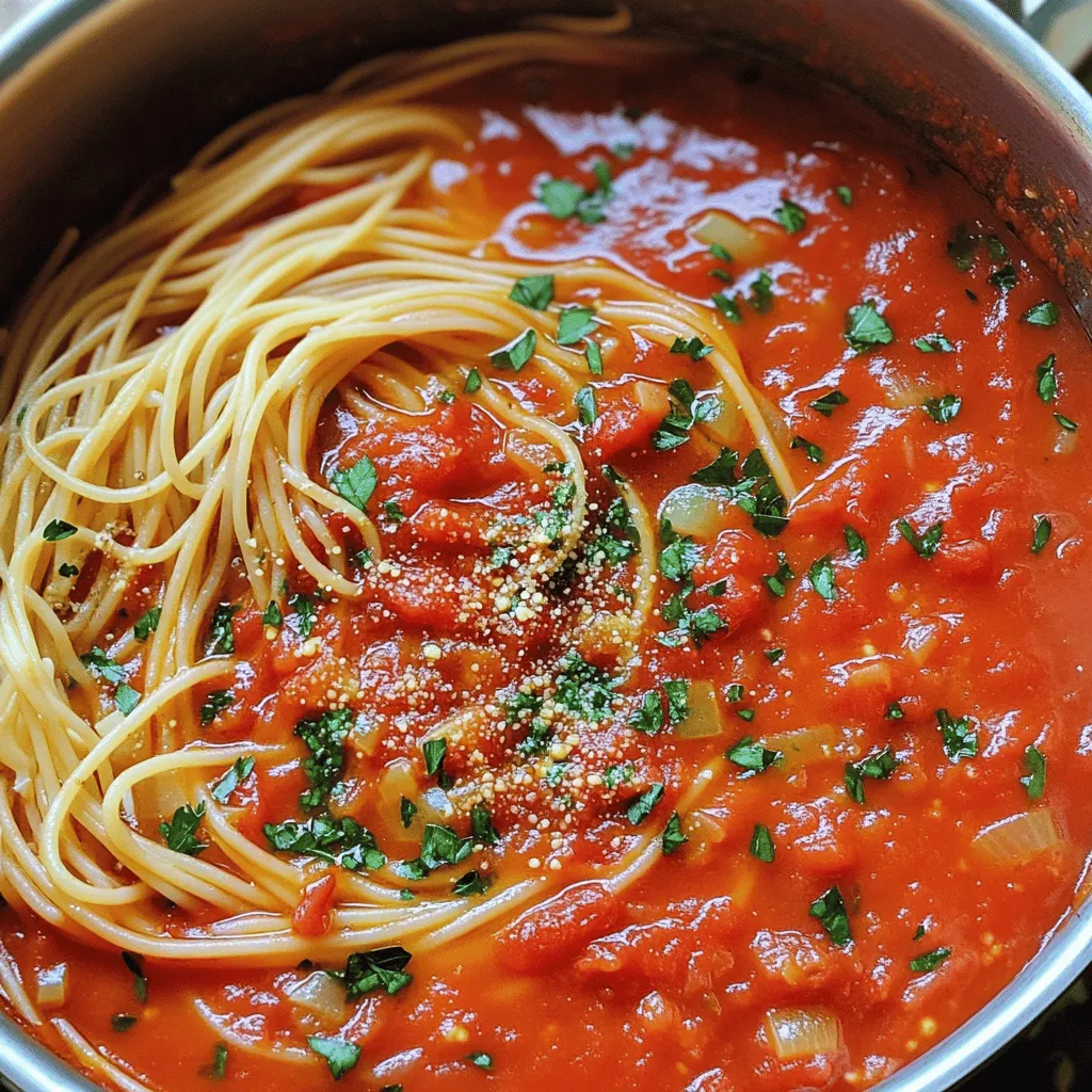 This savory canned spaghetti sauce is both simple and delicious. You can make it in about 35 minutes. This recipe serves 4 to 6 people, perfect for family dinners or meal prep. To make this tasty sauce, you will need: - 2 cans (14.5 oz each) of crushed tomatoes - 1 can (6 oz) of tomato paste - 1 medium onion, finely chopped - 4 cloves of garlic, minced - 1 teaspoon of dried oregano - 1 teaspoon of dried basil - 1 teaspoon of sugar - ½ teaspoon of red pepper flakes (optional, for heat) - Salt and pepper to taste - 2 tablespoons of olive oil - ¼ cup of fresh parsley, finely chopped - ¼ cup of fresh basil, finely chopped - 1 bay leaf When choosing your ingredients, I recommend using high-quality brands for the best flavor. For crushed tomatoes, look for brands like San Marzano or Muir Glen. For tomato paste, Contadina is a great option. Fresh herbs can often be found at local farmers' markets, which ensures they are fresh and full of flavor. Use extra virgin olive oil for the best taste in your sauce. To create your canned spaghetti sauce, start with a clean kitchen. Gather all your ingredients. First, heat the olive oil in a large saucepan over medium heat. When the oil shimmers, add the chopped onion. Sauté for about 5 minutes until it turns translucent. Stir occasionally to keep it from sticking. Next, add the minced garlic and sauté for one more minute. This step brings out the garlic's great smell. Now, pour in the crushed tomatoes and tomato paste. Stir until everything mixes well. Add in the dried oregano, dried basil, sugar, and red pepper flakes if you like heat. Don't forget a pinch of salt and pepper. Stir again to blend the spices into the sauce. Toss in the bay leaf and raise the heat until it simmers. Then, lower the heat and let it cook for 20-25 minutes. Stir every few minutes to avoid sticking. After this time, the sauce should thicken nicely. Finally, remove the bay leaf. Stir in the fresh parsley and basil. This adds brightness and freshness to your sauce. Taste it. Adjust the salt and pepper if needed. Your sauce is now ready! Using visuals can make cooking easier. Picture the shimmering oil in the pan before adding onions. Imagine the vibrant colors of the crushed tomatoes mixing with the onion and garlic. You want a thick, rich sauce at the end. Check the texture as it simmers. If you want to share your cooking journey, snap a few pictures while you cook! It’s fun to see the process and share with friends. - Prep Time: 10 minutes - Cooking Time: 25 minutes - Total Time: 35 minutes This timeline helps you plan your meal. In just over half an hour, you can create a delicious sauce. Serve it over your favorite pasta for a simple and tasty dinner. For the full recipe, check out the details above. Enjoy your cooking adventure! To make your sauce thick and rich, let it simmer. Simmering helps reduce liquid. Keep the heat low to let flavors blend well. Stir often to avoid burning. If the sauce is too thick, add a splash of water. A bit of olive oil can also help. To enhance flavor, try adding fresh herbs. Fresh basil and parsley bring brightness. You can also add a dash of balsamic vinegar for depth. If you like heat, toss in more red pepper flakes. A splash of red wine can add richness too. One mistake is not cooking the onions enough. They should be soft and sweet. Avoid adding salt too early; it can make the tomatoes tough. Don’t forget to remove the bay leaf before serving. Lastly, taste your sauce before serving. Adjust seasoning as needed. For a full experience, check the Full Recipe. {{image_4}} You can easily change up your canned spaghetti sauce based on the season. In spring, add fresh asparagus or peas. Summer favorites like zucchini or bell peppers can add great texture. In fall, consider stirring in roasted pumpkin or butternut squash for a cozy twist. Winter is perfect for hearty greens like kale or Swiss chard. These swaps keep your sauce fresh and exciting. Making your sauce gluten-free is simple. Just check your canned goods for gluten-free labels. You can also swap regular pasta for gluten-free pasta. For a vegan version, skip the cheese and use vegetable broth instead of chicken broth if you decide to add one. This way, everyone can enjoy a tasty meal. Canned spaghetti sauce isn’t just for pasta. You can use it in many dishes! Try it on pizza or as a base for a hearty vegetable stew. You can even use it for stuffed peppers or in a lasagna. Mix it with meat for a quick meatball sub. The options are endless! For more ideas, check out the Full Recipe for inspiration. After you cook your spaghetti sauce, let it cool. Transfer it to a clean, airtight container. This helps keep your sauce fresh. Store the sauce in the fridge. Use it within four to five days for the best taste. If you plan to keep it longer, freezing is a better option. Unopened canned spaghetti sauce lasts a long time. Typically, it can stay good for one to two years. Check the can for a "best by" date. Once you open it, the sauce lasts about five to seven days in the fridge. Always smell the sauce before using it. If it smells off, toss it out. Freezing is a great way to save leftover sauce. Pour your cooled sauce into freezer bags or containers. Leave some space at the top for expansion. Label the bags with the date. You can freeze it for up to six months. When ready to use, thaw it in the fridge overnight. Reheat it on the stove or in the microwave. Stir it well to ensure even heating. Enjoy your homemade spaghetti sauce whenever you like! For the full recipe, check out the previous section. Some top brands are Rao's, Prego, and Hunt's. Rao's has a rich taste. Prego offers many flavors. Hunt's is known for its budget-friendly options. Each brand has unique flavors. Try a few to find your favorite! Once you open canned spaghetti sauce, keep it in the fridge. Use it within 5 to 7 days. Store it in an airtight container. This helps keep it fresh. If you don't use it soon, freeze it! Yes! Canned spaghetti sauce is very versatile. Use it in casseroles, meatloaf, or as a pizza sauce. You can even use it in soups or stews. It adds great flavor to many dishes! You can easily boost the flavor of canned sauce. Here are some tips: - Add fresh herbs like basil or parsley. - Sauté garlic and onion in olive oil first. - Mix in red pepper flakes for some heat. - Add a splash of red wine for depth. - Stir in grated cheese for richness. These simple steps will make your sauce taste homemade. For a full recipe, check the savory canned spaghetti sauce with fresh herbs. Enjoy your cooking! This post explored how to choose, cook, and enjoy canned spaghetti sauce. We covered a full recipe overview, a detailed list of ingredients, and tips to enhance flavor. You learned about common mistakes and seasonal swaps to make the dish your own. In the end, mastering these steps and tips helps you create easy, tasty meals. Your journey in cooking can lead to many delicious discoveries. Enjoy your cooking adventure!