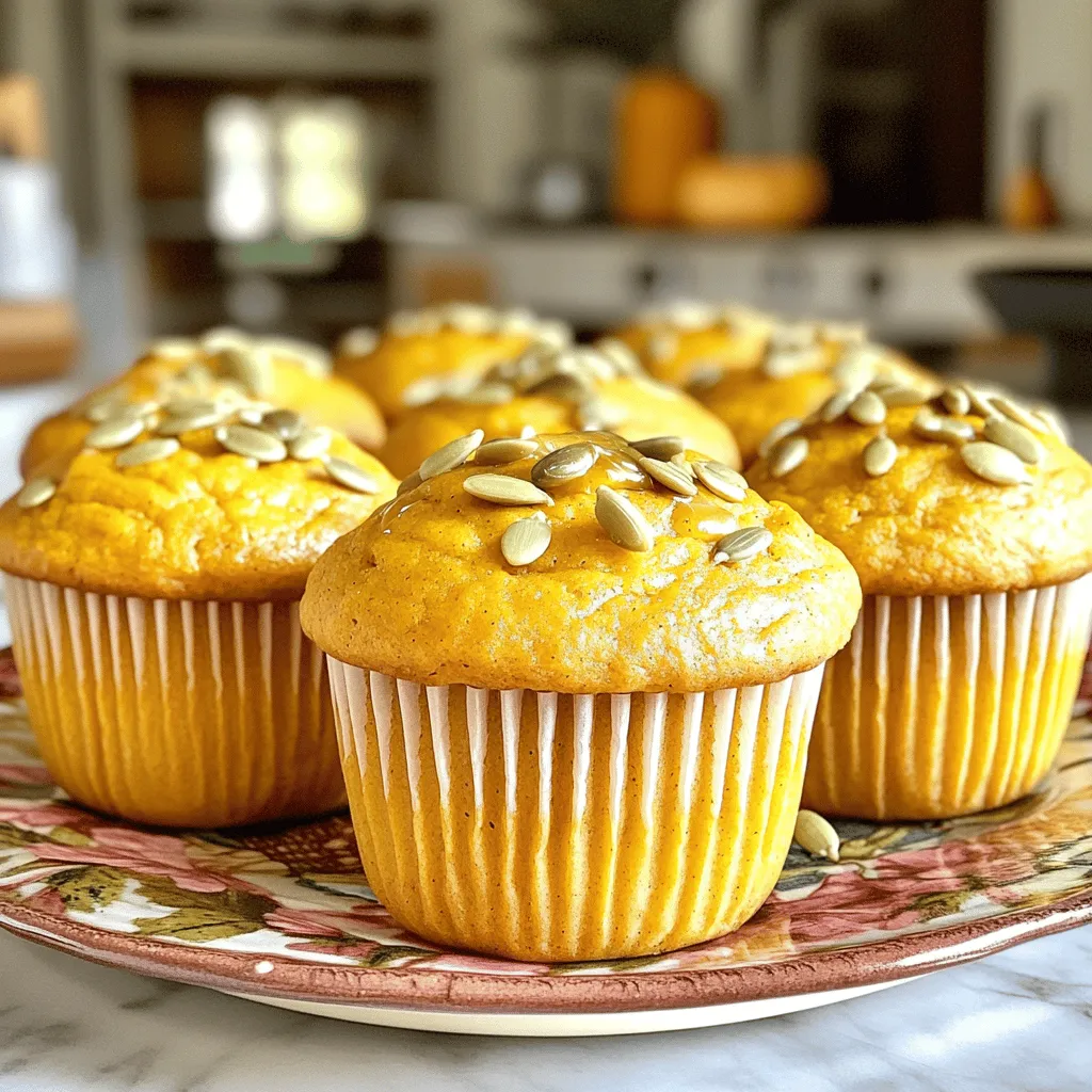 - 1 cup canned pumpkin puree - 3/4 cup Greek yogurt - 1/2 cup brown sugar - 1/4 cup pure maple syrup - 2 large eggs, at room temperature - 1 teaspoon pure vanilla extract - 1 1/2 cups all-purpose flour - 1 teaspoon baking soda - 1 teaspoon baking powder - 1 teaspoon pumpkin pie spice - 1/2 teaspoon salt - 1/2 cup chopped walnuts (or pecans) - Optional: pumpkin seeds for topping Using Greek yogurt in these muffins adds protein and moisture. This makes them soft and rich. Canned pumpkin is full of fiber and vitamins. It gives the muffins a nice flavor and a lovely orange color. Brown sugar adds a deeper taste than regular sugar. Pure maple syrup brings a natural sweetness and a hint of earthiness. Finally, nuts add healthy fats and a nice crunch. If you want a dairy-free option, use coconut yogurt instead of Greek yogurt. For a lower sugar version, you can replace brown sugar with a sugar substitute. If you avoid nuts, skip them or replace them with seeds. You can also use whole wheat flour for a healthier option. Each swap keeps the muffins tasty while fitting your needs. For more details, check the Full Recipe. To make Greek yogurt pumpkin muffins, start by gathering all your ingredients. You need canned pumpkin puree, Greek yogurt, brown sugar, maple syrup, eggs, vanilla extract, flour, leavening agents, spices, and nuts. Preheat your oven to 350°F (175°C) and prepare your muffin tin. You can use paper liners or non-stick spray for easy removal. 1. Mix Wet Ingredients: In a large bowl, combine the canned pumpkin puree, Greek yogurt, brown sugar, maple syrup, eggs, and vanilla extract. Whisk until smooth. 2. Combine Dry Ingredients: In another bowl, sift together the flour, baking soda, baking powder, pumpkin pie spice, and salt. This helps distribute the leavening agents evenly. 3. Combine Mixtures: Gently fold the dry mix into the wet mixture. Stir until no dry flour shows, but don’t overmix. This keeps your muffins light. 4. Add Nuts: Fold in chopped walnuts or pecans for added crunch. This step gives your muffins texture. 5. Portion the Batter: Scoop the batter into your muffin tin, filling each cup about two-thirds full. If you like, sprinkle pumpkin seeds on top for a nice finish. 6. Bake: Place the muffin tin in the preheated oven. Bake for 18-20 minutes. Check them with a toothpick; it should come out clean when done. 7. Cool: After baking, let the muffins cool in the tin for 5 minutes. Then, transfer them to a wire rack to cool completely. This step is key for the best texture. - Don’t Overmix: Mix until just combined to keep the muffins fluffy. Overmixing leads to tough muffins. - Check Oven Temperature: Oven temperatures can vary. Use an oven thermometer for accuracy. - Cool Completely: Letting muffins cool on a rack helps prevent sogginess. Serve warm for the best taste. Follow these steps carefully, and your Greek yogurt pumpkin muffins will be a hit! You can find the [Full Recipe] for more details and tips. Baking can be tricky. Here are some common mistakes to avoid: - Overmixing the batter: This can lead to tough muffins. Mix just until wet and dry ingredients combine. - Incorrect oven temperature: Always preheat your oven. An oven that’s too hot or too cold changes baking results. - Not measuring ingredients: Use measuring cups and spoons for accuracy. Too much flour can make muffins dry. Greek yogurt adds moisture and richness. Here’s how to use it best: - Use full-fat yogurt: This gives the muffins a creamy texture. - Don't skip the eggs: They add moisture and help the muffins rise. - Check baking time: Remove muffins when a toothpick comes out clean. If they bake too long, they become dry. Adding flavors makes your muffins special. Here are some tips: - Use fresh spices: Fresh pumpkin pie spice brings warmth. You can also try cinnamon for a different twist. - Add nuts: Walnuts or pecans add crunch. They also enhance the flavor. - Incorporate fruits: Dried cranberries or chocolate chips can add a sweet surprise. For the complete recipe, check the Full Recipe section. Enjoy experimenting with flavors! {{image_4}} To make your Greek yogurt pumpkin muffins gluten-free, swap the all-purpose flour for a gluten-free blend. Look for a mix that includes xanthan gum; this helps mimic the texture of regular flour. You can also use almond flour for a nutty flavor. Just remember, gluten-free flours may absorb more moisture. So, you might need to add a little extra Greek yogurt or pumpkin puree to keep your muffins moist. If you want to make these muffins vegan, replace the eggs with flax eggs. To make one flax egg, mix one tablespoon of flaxseed meal with two and a half tablespoons of water. Let it sit for a few minutes until it thickens. Also, swap Greek yogurt with a dairy-free yogurt made from almond or coconut. Use maple syrup as a sweetener since it is naturally vegan. Feel free to customize your muffins with fun flavors. Chocolate chips add a sweet twist. About half a cup works well. You can also mix in dried fruit like cranberries or raisins for a fruity burst. Nuts like pecans or walnuts bring in a nice crunch. For a seasonal touch, add a pinch of nutmeg or a splash of orange zest. This variety keeps every bite exciting! Check out the Full Recipe for more ideas. To keep your Greek Yogurt Pumpkin Muffins fresh, store them in an airtight container. This helps prevent drying out. If you plan to eat them within a few days, keep them at room temperature. For longer storage, place them in the fridge. They stay tasty for up to one week. Reheating is simple! If you want a warm muffin, place it in the microwave. Heat it for about 10-15 seconds. Make sure to check it often to avoid overheating. If you prefer a crisp exterior, use an oven. Preheat it to 350°F (175°C) and warm the muffins for about 5-10 minutes. Freezing muffins is a great way to save them for later. Wrap each muffin in plastic wrap, then place them in a freezer bag. They can last up to three months in the freezer. When you’re ready to eat one, take it out and let it thaw at room temperature. You can also pop it in the microwave for a quick warm-up. Enjoy your muffins whenever you want! For the full recipe, check out the [Full Recipe]. Greek Yogurt Pumpkin Muffins stay fresh for about 3 to 5 days at room temperature. Store them in an airtight container to keep moisture in. They also freeze well, lasting up to 3 months. Just make sure to wrap them tightly in plastic wrap and then in foil before freezing. When you're ready to enjoy them, thaw them overnight in the fridge. Yes, you can use other types of yogurt. Plain yogurt or low-fat yogurt can work well, too. However, Greek yogurt gives these muffins a nice texture and moisture. If you use regular yogurt, they may be less thick and may need slight adjustments in baking time. Try to avoid flavored yogurts, as they can alter the muffin's taste. These muffins use Greek yogurt instead of butter or oil. This swap cuts down on fat and adds protein. Greek yogurt also brings moisture, which keeps the muffins soft. The recipe uses brown sugar and pure maple syrup, providing a more natural sweetness. Plus, the addition of pumpkin gives extra fiber and vitamins, making these muffins a wholesome treat. In this post, we explored Greek Yogurt Pumpkin Muffins. We listed ingredients, shared benefits, and offered smart swaps for diets. I covered clear steps to make your muffins perfect. I shared tips to keep them moist and avoid common mistakes. You'll find tasty variations and smart storage methods too. Making these muffins is easy and fun. Enjoy the flavors and share them with friends for a delightful treat!