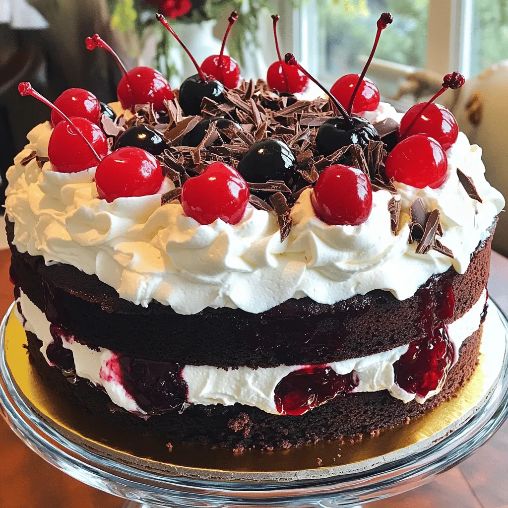 When making a Decadent Black Forest Cake, you need to gather the right ingredients. This cake has rich flavors and a lovely texture. Here’s a complete list of what you will need: - Dry Ingredients - 2 cups all-purpose flour - 1 ¾ cups granulated sugar - ¾ cup unsweetened cocoa powder - 1 ½ teaspoons baking powder - 1 ½ teaspoons baking soda - 1 teaspoon salt - Wet Ingredients - 2 large eggs - 1 cup whole milk - ½ cup vegetable oil - 2 teaspoons vanilla extract - 1 cup boiling water - Garnish Ingredients - 2 cups heavy cream - ¼ cup powdered sugar - 1 teaspoon vanilla extract (for whipped cream) - 1 jar (12 oz) sour cherries, drained (keep the juice) - Dark chocolate shavings for garnish - Maraschino cherries for decoration These ingredients create a perfect blend of flavors and textures. The rich cocoa and sweet cherries work together beautifully. Make sure to use fresh ingredients for the best results. Enjoy gathering these items as you get ready for a delightful baking adventure! Start by gathering all your dry ingredients. In a large bowl, sift together: - 2 cups all-purpose flour - 1 ¾ cups granulated sugar - ¾ cup unsweetened cocoa powder - 1 ½ teaspoons baking powder - 1 ½ teaspoons baking soda - 1 teaspoon salt This sifting adds air and makes the cake lighter. Next, add: - 2 large eggs - 1 cup whole milk - ½ cup vegetable oil - 2 teaspoons vanilla extract Mix these together using an electric mixer. Beat on medium speed for about 2 minutes. You want a smooth batter with no lumps. Carefully add 1 cup of boiling water to the batter. The batter will be thin. This step is key to making a moist cake. Pour the batter evenly into your prepared cake pans. Preheat your oven to 350°F (175°C) before you start mixing. Grease and flour two 9-inch round cake pans, making sure to cover every part. This helps prevent sticking. Bake the cakes for 30-35 minutes. Test with a toothpick. If it comes out clean, they are ready! Let the cakes cool in the pans for 10 minutes. After that, transfer them to a wire rack to cool completely. Once the cakes cool, slice each one in half. This gives you four layers. Start with one layer on a serving plate. Drizzle it with cherry juice from the jar. Then, spread whipped cream on top and add some sour cherries. Repeat this for the next two layers. Each should be juicy, creamy, and sweet. After layering, top the final layer with more whipped cream. For the finishing touch, sprinkle dark chocolate shavings and place a few maraschino cherries on top. This adds color and style. Serve chilled to enjoy every bite! Importance of Ingredient Temperature Start with room temperature ingredients. Eggs, milk, and oil mix better at this temperature. Cold ingredients can lead to a dense cake. Set them out for about 30 minutes before baking. This simple step helps create a light, fluffy texture. Mixing Techniques Mixing is key to the cake's texture. For the best results, combine dry ingredients before adding wet ones. Use an electric mixer on medium speed for about two minutes. This helps to aerate the batter. Avoid overmixing, as this can make the cake tough. Just mix until smooth, then stop. Cake Too Dry If your cake turns out dry, it may need more moisture. Ensure you add enough cherry juice between layers. Also, check that you don’t bake it too long. A toothpick should come out clean but not dry. Adjust your baking time next time if needed. Overmixing the Batter Overmixing can ruin your cake. If you notice a dense texture, you may have mixed too much. Always mix just until combined. If you feel the batter is thick, it’s okay. Add a little boiling water to loosen it, but mix gently. This keeps your cake light and airy. {{image_4}} Gluten-Free Options You can easily make this cake gluten-free. Use a gluten-free flour blend instead of all-purpose flour. This blend often works well in cakes. It gives a similar texture and taste. Just check the package for a one-to-one ratio. Dairy-Free Alternatives For a dairy-free version, swap the whole milk with almond or oat milk. Use coconut cream instead of heavy cream for the whipped topping. Both options will keep your cake moist and delicious. Different Chocolate Types While dark chocolate is a classic choice, you can switch it up. Use milk chocolate or even white chocolate for a different taste. Each type brings a unique flavor. Experiment to find your favorite. Adding Liqueurs for Extra Taste For an adult twist, add some liqueur to the cake. Kirsch, a cherry liqueur, is traditional for Black Forest Cake. Just drizzle some over the cake layers. You can also try coffee liqueur for a rich flavor. To keep your Black Forest Cake fresh, follow these tips: - Refrigeration Tips: Store the cake in an airtight container. This helps keep the moisture in. Place it in the fridge if you have leftovers. Enjoy it within three to four days for the best taste. - Freezing Instructions: You can freeze the cake for longer storage. Wrap each slice in plastic wrap, then place it in a freezer bag. This keeps out air and freezer burn. It can last up to three months in the freezer. When ready to eat, thaw it in the fridge overnight. - Shelf Life in the Fridge: When stored properly, your cake will stay fresh for about three to four days. The flavors will blend and become even better over time. - Shelf Life in the Freezer: If you freeze the cake, it can last for about three months. Just make sure to wrap it well to prevent freezer burn. When you’re ready to enjoy a slice, let it thaw slowly in the fridge. Using these tips, you can savor your Decadent Black Forest Cake longer! To make Black Forest Cake from scratch, follow these basic steps: 1. Prepare: Start by preheating your oven to 350°F (175°C). Grease and flour two 9-inch round cake pans to prevent sticking. 2. Mix Dry Ingredients: In a bowl, sift together flour, sugar, cocoa powder, baking powder, baking soda, and salt. 3. Combine Wet Ingredients: Add eggs, milk, oil, and vanilla to the dry mix. Beat until smooth. 4. Add Boiling Water: Carefully mix in boiling water to make a thin batter, then pour it into the pans. 5. Bake: Bake for 30-35 minutes. A toothpick should come out clean when done. 6. Cool: Let the cakes cool in the pans for 10 minutes, then move them to a wire rack. This method creates a rich and moist cake that you will love. Yes, you can make this cake in advance. Here are some tips: - Pre-Baking: Bake the cakes a day ahead. Once cooled, wrap them tightly in plastic wrap. This keeps them fresh and moist. - Storing: Store the wrapped cakes in the fridge. They will last up to three days. - Assemble Later: Wait to layer the cake until the day you plan to serve. This helps maintain the best texture and flavor. Black Forest Cake comes from Germany. It is known as Schwarzwälder Kirschtorte in German. The cake features layers of chocolate, cherries, and whipped cream. The name refers to the Black Forest region in Germany. This area is famous for its sour cherries and Kirsch, a cherry brandy. The cake reflects the local ingredients and traditions, making it a beloved treat. You can access the complete recipe for Decadent Black Forest Cake [here](#). This blog post covered everything you need to know to make the perfect Black Forest Cake. You learned about the essential ingredients, step-by-step instructions, tips for texture, and variations. We also discussed how to store leftovers and answered common questions. With these details in hand, you can create a cake that impresses everyone. Enjoy the process and have fun experimenting with flavors and techniques. Start baking and share your delicious results!
