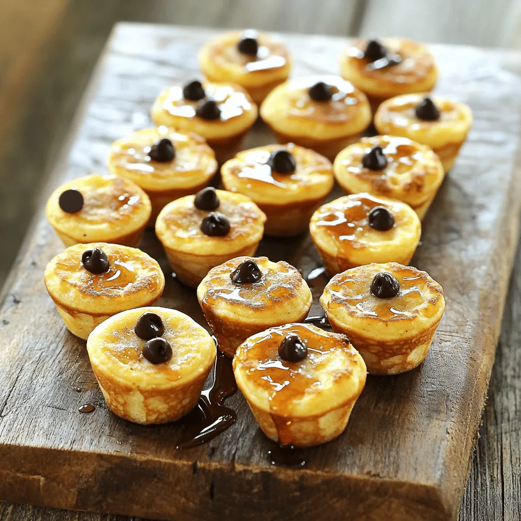 - 1 cup all-purpose flour - 1 tablespoon baking powder - 1/2 teaspoon salt - 1 tablespoon granulated sugar - 1 cup milk (dairy or non-dairy) - 1 large egg - 2 tablespoons unsalted butter, melted (plus extra for greasing) - 1 teaspoon pure vanilla extract - 1/2 cup chocolate chips or blueberries - Maple syrup, for drizzling For these pancake mini muffins, start with the basics. You need flour, baking powder, and salt. These three ingredients form the base of your muffin. The flour gives structure. Baking powder helps them rise. Salt enhances flavor. Next, add some sweetness with granulated sugar. It adds a nice touch without being too sweet. Then, you require milk. You can choose dairy or non-dairy. Both work well in this recipe. Milk keeps the muffins moist. You will also need one large egg. The egg binds everything together. It adds richness too. Melt the unsalted butter. Two tablespoons give a lovely flavor. Remember to save some butter for greasing your muffin tin. Don’t forget the vanilla extract. A teaspoon brings warmth and depth to the muffins. Finally, choose your mix-ins. You can use chocolate chips for a sweet treat. Or blueberries for a fruity burst. Make sure to have maple syrup ready for drizzling. It adds a delightful finish. These ingredients come together to create fluffy and tasty pancake mini muffins. You can find the full recipe above to see how to combine them perfectly. - Preheat your oven to 350°F (175°C). Prepare a mini muffin tin with liners or grease it with melted butter. - In a large mixing bowl, combine 1 cup of all-purpose flour, 1 tablespoon of baking powder, 1/2 teaspoon of salt, and 1 tablespoon of granulated sugar. Whisk these dry ingredients until they are fluffy and well mixed. - In a separate bowl, whisk together 1 cup of milk, 1 large egg, 2 tablespoons of melted unsalted butter, and 1 teaspoon of pure vanilla extract until smooth. - Carefully pour the wet mixture into the bowl with the dry ingredients. Stir gently with a spatula until just combined. Be careful not to overmix; it’s okay if there are a few lumps. - Gently fold in 1/2 cup of chocolate chips or blueberries to the batter. This adds a nice burst of flavor. - Using a small cookie scoop or spoon, fill each muffin cup about two-thirds full with the batter. This allows them to rise nicely. - Place the muffin tin in your preheated oven. Bake for about 10-12 minutes, until the tops are golden and a toothpick inserted in the center comes out clean. - Once baked, let the mini muffins cool in the tin for about 5 minutes. After that, transfer them to a wire rack to cool completely. - To serve, enjoy these mini muffins warm. Drizzle with maple syrup for a sweet touch. These muffin bites are perfect for breakfast or a snack! For the complete details and ingredients, check out the Full Recipe. To make your pancake mini muffins fluffy, avoid overmixing. When you combine wet and dry ingredients, mix just until you see no dry flour. A few lumps are fine. This keeps the muffins light and airy. Using room temperature ingredients also helps. Take your milk and egg out of the fridge ahead of time. This allows for better mixing and a smoother batter. Present your mini muffins on a pretty platter. Garnish with extra chocolate chips or fresh berries to catch the eye. You can drizzle maple syrup on top or serve it on the side for dipping. This adds extra sweetness and fun! For added flavor, try different toppings. Consider whipped cream, nut butter, or yogurt. These toppings can make each bite special. You will need a mini muffin tin to bake these treats. A silicone or non-stick tin works best. This helps the muffins pop out easily after baking. A small cookie scoop is also handy. It allows for even portioning of the batter. This ensures all muffins bake evenly and look great. Using the right tools makes the process smoother and more enjoyable. For the full recipe, check out the complete guide. {{image_4}} You can make these pancake mini muffins even better with mix-ins. Try adding fresh fruits like bananas, strawberries, or apples. Nuts like walnuts or pecans also work well. They add a nice crunch and flavor. You can also explore different extracts. Almond or hazelnut extract gives a unique taste. Just add a teaspoon when mixing your wet ingredients. If you need gluten-free options, use almond flour or oat flour. Both work great in this recipe. You can also make these muffins vegan. Just replace the egg with a flax egg. To do this, mix one tablespoon of ground flaxseed with three tablespoons of water. Let it sit for about five minutes until it thickens. Use a non-dairy milk like almond or oat milk in place of regular milk. These mini muffins can be more than a snack. You can turn them into a breakfast sandwich. Just slice one in half and fill it with cream cheese or nut butter. You can also serve them with flavored syrups or fruit compote. A drizzle of maple syrup brings out the best flavor. For a fun twist, try serving them with a side of yogurt for dipping. Each option creates a new way to enjoy these tasty treats. To keep your pancake mini muffins fresh for a few days, store them in an airtight container. Place a piece of parchment paper between layers. This helps them stay soft and moist. Keep them at room temperature for up to three days. If you want them to last longer, consider refrigerating them. For long-term storage, freeze your mini muffins. Place them in a freezer-safe bag or container. They can stay fresh for up to two months. When you want to enjoy them, take out as many as you need. Let them thaw in the fridge overnight. For a quick fix, you can reheat them in the microwave for about 20-30 seconds. This gives them a warm, fresh taste. To check if your muffins are stale, look for a dry texture or off smell. If they feel hard, they might not be good anymore. You can try reviving stale muffins by wrapping them in a damp paper towel. Microwave them for about 10 seconds. This can bring back some moisture and softness. Enjoy your pancake mini muffins with confidence, knowing how to store and revive them! Can I use whole wheat flour for this recipe? Yes, you can use whole wheat flour. It makes the muffins a bit denser. The taste will change, but they will still be tasty. You may need to add a little more milk to keep them moist. How do I make these muffins dairy-free? To make these muffins dairy-free, swap regular milk for oat or almond milk. Use coconut oil instead of butter. These changes keep the muffins soft and delicious without dairy. Can I reduce sugar in this recipe without affecting taste? Yes, you can cut the sugar by a third. Use ripe bananas or applesauce to add natural sweetness. This keeps the muffins tasty while reducing added sugar. What is the best way to check if muffins are done? The best way is to use a toothpick. Insert it in the center of a muffin. If it comes out clean, the muffins are ready. If it has batter on it, bake for a few more minutes. How can I adjust baking time if using a regular muffin tin? If using a regular muffin tin, bake for about 15-18 minutes. The larger muffins need more time than mini ones. Always check with a toothpick to be sure. Caloric content of each mini muffin Each mini muffin has about 100 calories. This depends on the mix-ins you choose. Muffins with chocolate chips will have more calories than those with fruit. Nutritional benefits of using specific ingredients Using whole wheat flour adds fiber, which is good for digestion. Milk provides protein and calcium, helping your bones. Adding fruit boosts vitamins and gives a fresh flavor to the muffins. In this post, we explored making delicious mini muffins from scratch. We covered all the ingredients, step-by-step instructions, and helpful tips to ensure success. We also shared creative variations and storage tips to keep your muffins fresh. Whether you choose chocolate chips or fruit, these muffins are versatile and fun. You can enjoy them anytime, from breakfast to a snack. Happy baking!