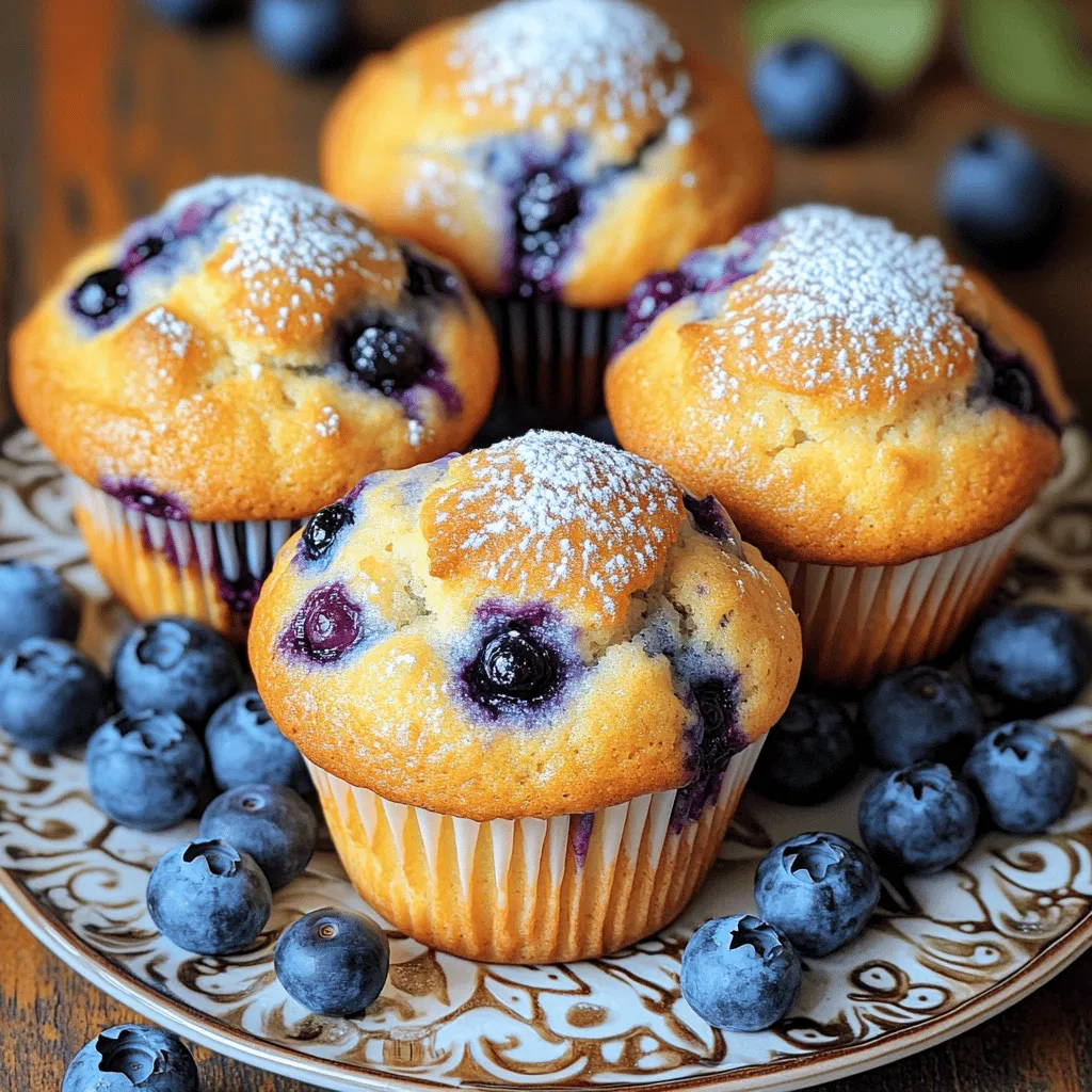 To make the best blueberry muffins, you will need these key ingredients: - 2 cups all-purpose flour - 1 cup granulated sugar - 1 tablespoon baking powder - 1/2 teaspoon baking soda - 1/2 teaspoon salt - 1/2 cup unsalted butter, melted and slightly cooled - 2 large eggs, at room temperature - 1 teaspoon pure vanilla extract - 1 cup buttermilk (or 1 cup milk mixed with 1 tablespoon vinegar) - 2 cups fresh blueberries (or thawed, well-drained frozen blueberries) - Zest of 1 lemon (optional) For flour, I prefer using a brand like King Arthur Flour for its quality. If you can, choose organic blueberries for better taste and health benefits. If you have dietary needs, there are easy swaps you can make: - For a gluten-free option, use a gluten-free flour blend. - To make it dairy-free, try almond milk mixed with vinegar instead of buttermilk. You can also add fun flavors or textures: - Mix in chopped nuts like walnuts or pecans for crunch. - Try adding spices like cinnamon or nutmeg for warmth. - A little citrus zest, like orange or lime, can brighten the flavor. These changes keep the muffins exciting and cater to different tastes! 1. Preheat the oven to 375°F (190°C). This step helps the muffins rise nicely. 2. Prepare the muffin tin by lining it with paper liners. This keeps the muffins from sticking. 3. Sift the dry ingredients together in a bowl. Combine flour, sugar, baking powder, baking soda, and salt. This step ensures even mixing and adds air, which helps with fluffiness. 4. Mix the wet ingredients in another bowl. Whisk together melted butter, eggs, vanilla, and buttermilk. Make sure the butter cools slightly before adding it. This keeps the eggs from cooking. 5. Combine the wet and dry mixes. Pour the wet mixture into the dry mixture. Gently fold them together using a spatula. Stop mixing when you still see lumps. Overmixing leads to dense muffins. 6. Add the blueberries carefully. Mix them in softly to avoid mashing. Blueberries give flavor and moisture to your muffins. 7. Fill the muffin cups about two-thirds full. This gives the muffins space to rise without overflowing. 8. Bake the muffins for 18-20 minutes. Check doneness with a toothpick. It should come out clean, and the tops should be golden brown. 9. Cool the muffins for 5 minutes in the pan, then move them to a wire rack. Cooling lets them set and keeps them from getting soggy. - Measure ingredients correctly. Use dry measuring cups for flour and sugar. Spoon the flour into the cup and level it off with a knife. This prevents packed flour, which can make muffins heavy. - Mix gently to keep the batter light. Use a folding motion instead of stirring. This keeps air in the batter, making it fluffy. - Use room temperature eggs. They blend better and help the batter mix smoothly. - Don’t open the oven door while baking. This can cause the muffins to sink. Wait until the baking time is almost up before checking. For more details, check the Full Recipe. Enjoy your baking! To make the best blueberry muffins, avoid common mistakes. Overmixing the batter can lead to dense muffins. Mix just until you see no dry flour. Use a light hand when folding in the blueberries. This keeps them whole and juicy. For the perfect dome shape, fill each muffin cup about two-thirds full. This allows space for the muffins to rise. Another trick is to bake the muffins at a high temperature, then lower it. Start at 425°F (220°C) for the first 5 minutes, then reduce to 375°F (190°C). This helps achieve a nice dome. Warm blueberry muffins taste best. Serve them fresh out of the oven, dusted with powdered sugar. You can also add a dollop of whipped cream for a special treat. For a lovely display, arrange the muffins on a nice plate. Scatter fresh blueberries around them for color and charm. To keep your muffins fresh, store them in an airtight container. This keeps them soft and moist. You can also freeze them. Place cooled muffins in a freezer bag, removing as much air as possible. When you want one, just reheat it in the oven for a few minutes. This way, they taste like fresh-baked muffins again! {{image_4}} You can easily change the classic blueberry muffin recipe for fun. A popular twist is the lemon blueberry muffin. Just add the zest of one lemon to the batter. This adds a bright flavor that pairs well with blueberries. Another fun option is almond blueberry muffins. Add almond extract instead of vanilla. You can also mix in sliced almonds for extra crunch. For seasonal fun, try using different fruits. In summer, you can add ripe strawberries or peaches. In fall, consider using apples or cranberries. Each fruit offers its own unique taste and texture. If you want to make a healthier muffin, you can reduce the sugar. Try cutting the sugar by a third. The muffins will still taste great and be less sweet. You can also use whole wheat flour instead of all-purpose flour. This adds fiber and nutrients to your muffins. The flavor will be nutty, giving your muffins a nice depth. Adding superfoods is another great idea. You can mix in chia seeds or flaxseeds for a protein boost. These tiny seeds pack a lot of nutrition and help keep you full longer. For a richer texture, try Greek yogurt instead of buttermilk. It also adds protein and moisture, making your muffins fluffier. By exploring these variations, you make the best blueberry muffins even better. You can find the full recipe to get started! To keep your blueberry muffins fresh, store them in an airtight container. This will help seal in moisture and keep them soft. If you don’t have an airtight container, you can use a zip-top bag. Just squeeze out as much air as you can. Here are some tips for best practices: - Allow muffins to cool completely before storing. - Place parchment paper between layers to prevent sticking. - Store muffins at room temperature for up to three days. - For longer storage, keep them in the fridge. Freezing muffins is easy and great for long-term storage. Here’s a step-by-step guide: 1. Cool Completely: Make sure your muffins are completely cool before freezing. This helps prevent ice crystals. 2. Wrap Individually: Wrap each muffin in plastic wrap, then place them in a freezer bag. This extra layer protects against freezer burn. 3. Label and Date: Write the date on the bag. This helps you remember when to use them. To reheat muffins after freezing: - Preheat your oven to 350°F (175°C). - Unwrap the muffins and place them on a baking sheet. - Bake for about 10-15 minutes until warm. This method gives you a fresh, fluffy muffin every time. Enjoy your muffins any time you like with this easy storage method. For the full recipe, check out the Ultimate Blueberry Muffins Experience. You can use milk mixed with vinegar or lemon juice. Mix 1 cup of milk with 1 tablespoon of vinegar. Let it sit for 5 minutes. This makes a good buttermilk substitute. It helps keep muffins moist and adds a slight tang. You can also use plain yogurt or sour cream. These options work well, too, but may change the flavor a bit. Bake your muffins at 375°F (190°C) for 18-20 minutes. Start checking at 18 minutes. Insert a toothpick into the center of a muffin. If it comes out clean, your muffins are done. The tops should look golden brown. If the muffins are not ready, bake for another 2-3 minutes. Keep an eye on them to avoid overbaking. Flat muffins can happen for a few reasons. First, check your baking powder and baking soda; they should be fresh. Old leavening agents can cause muffins to stay flat. Also, avoid overmixing the batter. This can make muffins dense. Lastly, make sure your oven is at the right temperature. An oven thermometer can help confirm this. Yes, you can use frozen blueberries! Thaw them first and drain any excess juice. This prevents the batter from turning blue. Toss the blueberries in a little flour before adding them. This helps them stay suspended in the batter. This way, you get bursts of blueberry flavor in every bite. Look for a golden brown top, which is a good sign. You can also gently press the top; it should spring back. Another way is to use a toothpick. Insert it into the center; it should come out clean. If there’s wet batter, give them a few more minutes in the oven. These tips help ensure you enjoy perfectly baked blueberry muffins. Baking the best blueberry muffins requires the right ingredients and careful steps. We covered essential ingredients and tasty substitutions to fit any diet. Following my detailed instructions will help you achieve the perfect muffin texture and flavor. I shared tips to avoid common mistakes and keep your muffins fresh. With these insights, you can bake delicious blueberry muffins every time. Enjoy experimenting with flavors or healthier options. Happy baking!