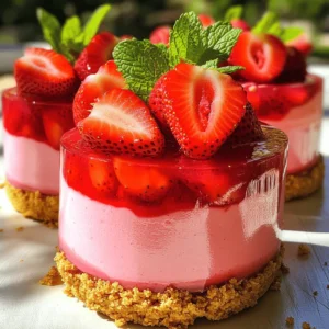- 1 ½ cups fresh strawberries, hulled and sliced - 1 tablespoon granulated sugar (for macerating strawberries) Fresh strawberries are the star of this cake. Choose ripe, juicy strawberries for the best flavor. You will need to hull and slice them. The sugar helps pull out their juices, making them even more delicious. After mixing, let them sit for about 20 minutes. This process is called maceration. - 1 ½ cups heavy whipping cream - ½ cup powdered sugar - 1 teaspoon pure vanilla extract - 1 teaspoon unflavored gelatin powder - 2 tablespoons cold water The heavy whipping cream makes the mousse light and fluffy. Use an electric mixer to whip it until you see soft peaks. Gradually add powdered sugar and vanilla for flavor. The gelatin helps the mousse hold its shape, while the cold water blooms the gelatin. This is crucial for a stable mousse. - 1 ½ cups graham cracker crumbs - 6 tablespoons unsalted butter, melted The crust is easy to make. Combine graham cracker crumbs with melted butter in a bowl. Mix until the crumbs look like wet sand. This mixture forms a solid base for the cake. Press it firmly into the bottom of a springform pan to create a sturdy crust that holds the mousse well. For the full recipe, check out the complete guide to making Strawberry Dream Mousse Cake. Start by washing the strawberries well. Hull and slice them into small pieces. In a bowl, mix the berries with sugar. Stir gently to coat them. Let them sit for about 20 minutes. This helps the strawberries release their juices. You will have sweet, juicy strawberries ready for your mousse. In a small bowl, sprinkle the gelatin over cold water. Let it sit for five minutes to bloom. After blooming, heat the mixture very briefly in the microwave. Heat it for about 10 seconds. The gelatin should dissolve fully. Let it cool before using. In a large bowl, pour in the heavy whipping cream. Use an electric mixer to whip it on medium speed. Watch for soft peaks to form. Once they do, add the powdered sugar and vanilla extract. Keep whipping until stiff peaks form. Your cream should be fluffy and smooth. Take your cooled gelatin mixture and add it to the whipped cream. Fold the two together carefully. Then, gently add the macerated strawberries. Mix until they are evenly distributed in the creamy mixture. This will be the base of your mousse. In another bowl, mix the graham cracker crumbs with melted butter. Combine until the crumbs look like wet sand. Press this mixture firmly into the bottom of a 9-inch springform pan. Make this layer even, as it will hold the mousse. Pour the strawberry mousse over the crust in your springform pan. Use a spatula to spread it out evenly. Smooth the top so it looks nice. This layer is where all the flavor comes together. Cover the pan with plastic wrap or a lid. Place the cake in the fridge for at least four hours. This time allows the mousse to set and firm up. You want it to feel solid when you touch it. Once set, carefully release the sides of the springform pan. Slice the cake into wedges. Serve it chilled for the best taste. Add fresh mint leaves and extra strawberry slices on top for a pretty touch. Now, you can enjoy your delightful strawberry mousse cake! Whipping cream is key for a fluffy mousse. Start with cold cream. Use a chilled bowl and beaters. This helps the cream whip better. Beat on medium speed until soft peaks form. Soft peaks bend over when you lift the beaters. Gradually add powdered sugar. Continue to beat until stiff peaks form. Stiff peaks stand tall and do not bend. Be careful not to over-whip. Over-whipped cream turns grainy and can turn into butter. Macerating strawberries makes them juicy and sweet. Slice the strawberries and place them in a bowl. Add one tablespoon of granulated sugar. Stir gently to coat each slice. Let them sit for about 20 minutes. This time allows the sugar to draw out the juices. You will see liquid form in the bowl. This sweet juice adds flavor to your mousse. A stable mousse holds its shape. Gelatin helps to set the mousse. Sprinkle gelatin over cold water and let it bloom. This means the gelatin absorbs the water. After five minutes, heat it gently until dissolved. Mix the gelatin carefully into your whipped cream. Fold gently to keep the air in. Add the macerated strawberries last. This keeps the mousse light and fluffy. Chill the cake for at least four hours. A good chill time helps the mousse set firmly. {{image_4}} You can make a tasty vegan version of this cake. Replace heavy cream with coconut cream. Chill the coconut cream overnight before whipping it. Use maple syrup or agave instead of powdered sugar. For the gelatin, substitute it with agar-agar. This plant-based option keeps the mousse light and fluffy. To make a gluten-free cake, swap the graham cracker crust. Use gluten-free cookies or crushed nuts mixed with melted butter. These alternatives give you a crunchy base. Check labels to ensure no gluten is present. Your mousse will still taste amazing and everyone can enjoy it. If you want to get creative, try different crusts. A chocolate cookie crust adds a rich flavor. You can also use crushed almonds or oats for a nutty base. For a fruity twist, blend dried dates with nuts for a sticky, sweet crust. Experimenting with crust types can change the whole cake experience. For the complete recipe, refer to the Full Recipe section. To keep your strawberry mousse cake fresh, store it in the fridge. Use an airtight container to prevent moisture loss. If you don’t have a container, cover the cake with plastic wrap. This will help keep the mousse from drying out. Leftover cake tastes best within three days. You can freeze the cake if you need to store it longer. First, let the cake chill completely in the fridge. Then, wrap it tightly in plastic wrap. After that, wrap it in aluminum foil for extra protection. This method helps to avoid freezer burn. The cake stays fresh for up to two months in the freezer. When you are ready to serve the cake, take it out of the fridge or freezer. If frozen, let it thaw overnight in the fridge. For best taste, serve the cake chilled. Garnish it with fresh mint leaves and extra strawberries for a beautiful look. This will make the cake even more appealing! Yes, you can use frozen strawberries. Just thaw them first. Drain any excess liquid. This helps keep your mousse from getting too watery. Frozen strawberries may not taste as fresh, but they still work well. The cake lasts about 3 to 4 days in the fridge. Store it in an airtight container. This keeps the mousse fresh and tasty. After a few days, the texture may change, so enjoy it sooner rather than later. If you don't have gelatin, you can use agar-agar. This is a great plant-based option. Use the same amount as gelatin. It will help your mousse set nicely. Just remember to heat it like gelatin to dissolve it. To make this cake dairy-free, use coconut cream instead of heavy cream. You can also use non-dairy butter for the crust. This keeps the taste rich while fitting your diet. Be sure to choose dairy-free powdered sugar. Yes, you can add other fruits to the mousse! Blueberries, raspberries, or peaches work well. Just chop them into small pieces. Fold them into the mousse gently. This creates fun flavors and colors in your cake. For the full recipe, check out Strawberry Dream Mousse Cake. In this article, we explored how to make a delicious Strawberry Mousse Cake. We covered ingredients like fresh strawberries, whipping cream, and crust components. You learned step-by-step instructions, tips, and tricks to perfect your cake. We also shared variations for vegan and gluten-free options. Finally, we described storage methods to keep your cake fresh. With these tips, you can create a delightful dessert that impresses everyone. Enjoy your baking journey!