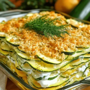- 4 medium zucchinis, thinly sliced - 1 cup fresh dill, finely chopped - 1 cup creamy Greek yogurt - 1 cup shredded mozzarella cheese - 1 cup seasoned breadcrumbs - 2 large eggs, lightly beaten - 1 tablespoon extra virgin olive oil - 1 teaspoon garlic powder - 1 teaspoon onion powder - Sea salt and freshly cracked pepper to taste - 1/2 teaspoon red pepper flakes (optional) When you make Zucchini Dill Casserole, fresh ingredients shine. Zucchinis are the star. They bring a soft, creamy texture. Fresh dill adds a bright flavor. Greek yogurt keeps the dish light and tangy. Mozzarella cheese melts beautifully, giving a nice stretch. Seasoned breadcrumbs create a crunchy top. Eggs help bind all the ingredients. Olive oil adds richness and flavor. Garlic and onion powders are simple but pack a punch. Don't forget salt and pepper for balance. If you like heat, add red pepper flakes. They give a nice kick. You can find all these items at your local store. Follow the [Full Recipe] for a delightful cooking experience. Enjoy the process and the final dish! - Preheat oven to 375°F (190°C). - Slice the zucchinis thinly. - Chop the fresh dill finely. Start by preheating your oven. This step is key for even cooking. While the oven warms up, slice your zucchinis. Aim for thin slices; this helps them cook well. Chopping the dill finely releases its great flavor. - Combine zucchini, dill, Greek yogurt, cheese, and spices. - Mix thoroughly to coat the zucchini. In a big bowl, add the sliced zucchinis. Toss in the chopped dill, Greek yogurt, and shredded mozzarella cheese. Add the eggs, garlic powder, onion powder, salt, pepper, and red pepper flakes if you want some heat. Mix everything well. You want the zucchinis coated nicely. - Prepare the baking dish and spread the mixture. - Top with breadcrumb mixture and bake for 35-40 minutes. Grease a 9x13-inch baking dish with olive oil. This stops the casserole from sticking. Spread the zucchini mixture evenly in the dish. In a small bowl, mix the breadcrumbs with some olive oil. Sprinkle this over the top of the casserole. Bake it in the oven for 35-40 minutes. Look for a golden-brown top and soft zucchinis. Enjoy your delicious Zucchini Dill Casserole! For the full recipe, check it out [here](#). To avoid soggy zucchini, you can slice the zucchini thinly and let it drain. Place the slices in a colander, sprinkle some salt, and let them sit for about 30 minutes. This helps remove excess water. Once they are drained, pat them dry with a paper towel. Letting the casserole cool for a few minutes before serving is key. It allows the flavors to meld and makes it easier to cut. A warm casserole can fall apart when served right away. You can add other herbs or spices for a unique twist. Try fresh basil, thyme, or even a pinch of nutmeg. Each herb brings its own flavor and can brighten the dish. For toppings, consider adding a layer of crispy bacon or fried onions. These add a nice crunch and extra flavor to the casserole. Zucchini dill casserole pairs well with a light salad or crusty bread. A fresh green salad with lemon vinaigrette balances the richness of the dish. When serving, consider garnishing with a sprig of fresh dill. This simple touch enhances the dish's appearance and flavor. Remember, presentation matters! {{image_4}} You can swap Greek yogurt for sour cream or cottage cheese. Both options keep the creaminess and add a nice tang. If you want a richer flavor, try using cream cheese. For cheese options, you can use cheddar or feta. These cheeses will enhance the dish with their own unique flavors. To make the casserole gluten-free, use gluten-free breadcrumbs. This simple change keeps the dish safe for those with gluten issues. For a vegan version, replace eggs with flaxseed meal mixed with water. You can also use plant-based cheese for the creamy texture. You can mix in other vegetables like bell peppers or carrots. This makes the casserole colorful and adds more nutrients. In spring or summer, try adding fresh herbs like basil or parsley. These herbs will brighten the dish and give it a seasonal touch. For the full recipe, check out the details above. To keep your zucchini dill casserole fresh, store it in the fridge. Use an airtight container. This helps prevent the casserole from drying out. It stays good for about 3 to 4 days. If you want to save it longer, freezing is a great option. Cut the casserole into portions before freezing. Wrap each piece tightly in plastic wrap and then in foil. This way, you keep the flavors locked in. You can freeze it for up to 3 months. When it's time to enjoy your leftovers, reheating is key. The best method is to use an oven. Preheat it to 350°F (175°C). Place the casserole in an oven-safe dish. Cover it with foil to hold in the moisture. Heat for about 20 to 25 minutes. If you prefer the microwave, use a microwave-safe dish. Heat in short bursts of 1 to 2 minutes. Check often to avoid overcooking. Leftovers can be safely eaten for up to 4 days from the fridge. It takes about 35 to 40 minutes to bake. Look for a golden-brown top and tender zucchini. The casserole should bubble slightly around the edges. This shows it is ready to eat. Yes, you can prepare the casserole a day before and store it in the fridge. Just cover it tightly with plastic wrap. When you are ready to bake, remove the wrap and bake as directed. This makes meal prep easy and helps save time. Yes, this casserole freezes well. After baking, let it cool completely. Wrap it tightly in foil or plastic wrap and place it in the freezer. To defrost, move it to the fridge overnight. Reheat in the oven until hot. This casserole pairs well with light salads. Try a simple green salad with lemon vinaigrette. You can also serve it with roasted vegetables or grilled chicken. These options enhance the flavors and make a balanced meal. The zucchini dill casserole is a simple, tasty dish made from fresh ingredients. We covered essential ingredients, step-by-step instructions, and helpful tips for great results. You can customize flavors, make it gluten-free, or even vegan. In the end, this casserole is perfect for any meal. It’s a great way to enjoy vegetables while pleasing your taste buds. I hope you give this recipe a try and share it with friends and family!