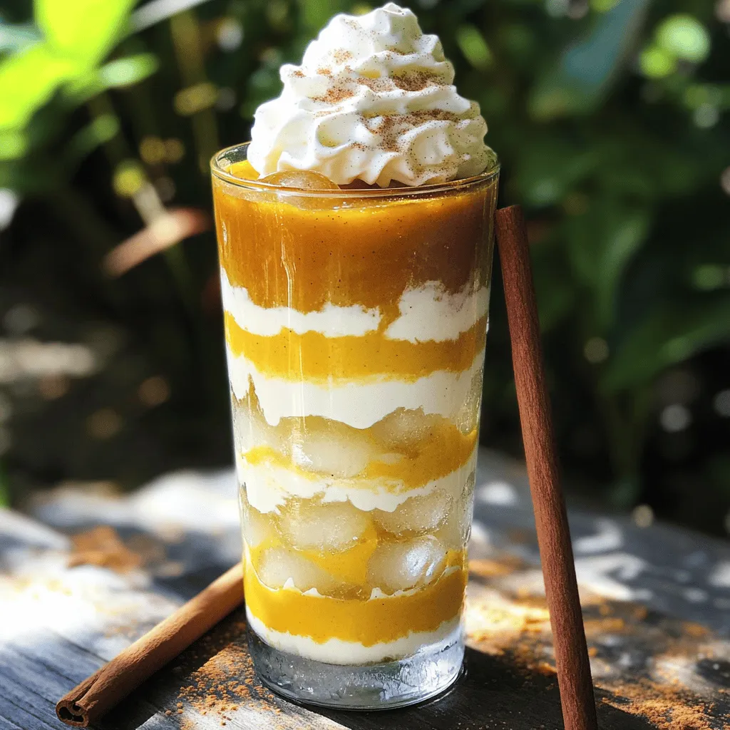 To make the perfect Iced Pumpkin Cream Chai Tea, gather your ingredients first. This drink combines the warm flavors of chai with the rich taste of pumpkin. Here's what you'll need: - 2 chai tea bags - 1 cup pumpkin puree - 1 cup milk (dairy or non-dairy) - 1/4 cup maple syrup - 1 teaspoon vanilla extract - 1/2 teaspoon pumpkin spice blend - Ice cubes - Whipped cream - Optional: Cinnamon stick, nutmeg, or pumpkin seeds for garnish Each ingredient plays a special role in bringing this drink to life. The chai tea bags provide a comforting spice, while pumpkin puree adds creaminess and flavor. Milk helps bind everything together, and maple syrup gives it a sweet touch. The vanilla extract enhances all these lovely flavors, making each sip enjoyable. Don't forget the pumpkin spice blend! It captures the essence of fall. Lastly, ice cubes keep your drink chilled, and whipped cream adds that luscious finish. You can customize your drink with optional garnishes like a cinnamon stick or a sprinkle of nutmeg for added flair. For the complete directions on how to mix these tasty ingredients, check out the Full Recipe. To start, steep the chai tea bags in two cups of boiling water. I like to use a heatproof container for this step. Let the tea steep for about five minutes. This allows the flavors to blend well. After steeping, carefully remove the tea bags. Let the tea cool to room temperature. Once it's cool, put it in the fridge to chill for a while. Next, it's time to make the pumpkin cream. In a medium mixing bowl, combine the pumpkin puree, milk, maple syrup, vanilla extract, and pumpkin spice blend. I whisk these ingredients together until they’re smooth and well mixed. The texture is very important. You want it to be creamy but not too thick. This will make it easy to layer on top of the chai tea later. Now, let’s put it all together! Take two tall glasses and fill each with ice cubes, about halfway. Carefully pour the cooled chai tea over the ice in each glass. Fill them about halfway full. To create a beautiful layered effect, gently spoon the pumpkin cream mixture over the chai. This will let it float on top. For a lovely touch, finish each drink with a generous dollop of whipped cream. If you want, sprinkle a pinch of cinnamon on top to enhance the flavor and look. For an extra fun touch, add a cinnamon stick to each glass. This makes it easy to stir the drink before sipping. Enjoy your delightful creation! If you want the full recipe, check out the details above. Adjust the sweetness of your Iced Pumpkin Cream Chai Tea with maple syrup. Start with 1/4 cup and taste. Add more if you want it sweeter. This syrup gives a warm flavor that pairs well with pumpkin. You can also customize the spices. Try adding more pumpkin spice or even a dash of nutmeg. If you love cinnamon, sprinkle some in the pumpkin cream. This will enhance the drink's flavor and aroma. Use tall, clear glasses for serving this drink. The layers of chai and pumpkin cream look stunning in clear glass. This adds to the fun of drinking it. For a special touch, decorate the whipped cream. You can sprinkle cinnamon or nutmeg on top. Consider adding pumpkin seeds for extra texture. This makes your drink look as good as it tastes. Pair your drink with light snacks or desserts. Cookies, scones, or pumpkin bread work well. They complement the chai flavors and make a perfect treat. This drink is great for fall gatherings. Serve it at brunch or during cozy evenings. It brings warmth and joy, making any moment feel special. {{image_4}} You can easily make Iced Pumpkin Cream Chai Tea dairy-free. I recommend using almond milk, oat milk, or coconut milk. Each option brings a unique taste to the drink. - Almond milk offers a nutty flavor. - Oat milk is creamy and adds a hint of sweetness. - Coconut milk gives a tropical vibe. These options work well and keep the drink light and refreshing. If you want to change the sweetness level, try using honey or agave syrup instead of maple syrup. Both options add a different flavor profile. - Honey has a floral note. - Agave syrup is more neutral and sweet. You can also reduce the amount of sweetener to suit your taste. For a fun twist, consider adding a splash of vanilla or caramel syrup for extra depth. To make your drink even more exciting, try adding different spices. You can mix in nutmeg, ginger, or even cardamom for a unique flavor. - Nutmeg brings warmth. - Ginger adds a zesty kick. - Cardamom introduces a sweet, spicy hint. You can also include seasonal fruits like apple slices or pear slices. They add a fresh touch and enhance the fall theme. If you want to explore the full recipe, check out the Iced Pumpkin Cream Chai Tea recipe. To keep your pumpkin cream fresh, store it in a sealed container. Place the container in the fridge. This method helps maintain its rich flavor and creamy texture. The pumpkin cream lasts up to five days in the fridge. Always check for any signs of spoilage before using it. Can you freeze the drink? Yes, you can freeze the pumpkin cream chai tea. Pour the drink into an airtight container, leaving some space at the top. The liquid will expand as it freezes. To thaw, move the container to the fridge overnight. Stir the drink well before serving. Spices and ingredients have a shelf life. Most ground spices last about two to three years if stored in a cool, dark place. Check for freshness before using. For pumpkin puree, keep it in the fridge after opening. It stays good for about a week. Maple syrup can last for a long time if stored in the fridge. Always keep it sealed tight to maintain freshness. To reduce sweetness, cut back on the maple syrup. Start by using only 2 tablespoons instead of 1/4 cup. You can always add more if needed. Another option is to replace maple syrup with a sugar-free sweetener. This keeps the flavor while lowering the sugar content. Yes, you can switch out chai tea for another tea. Earl Grey or black tea can work nicely. Each option brings its own flavor. Use the same steeping method for these teas. Adjust the steeping time based on the tea you choose. To serve a crowd, double or triple the recipe. Prepare the chai tea and pumpkin cream in advance. You can keep the chai chilled in a pitcher. Then, set up a serving station. Let guests assemble their drinks for a fun experience. Chai tea has spices like ginger and cinnamon. These can help digestion and boost immunity. Pumpkin is rich in vitamins A and C. It also has fiber, which is good for gut health. This drink is not just tasty but also has nutrients. If pumpkin puree is hard to find, check online. Many stores sell it via their websites. You can also make your own. Simply roast fresh pumpkin, scoop out the flesh, and blend it until smooth. This way, you get fresh flavor and control over the ingredients. For the full recipe, check the main article. This blog post covered how to make delicious Iced Pumpkin Cream Chai Tea. We explored key ingredients like chai tea bags and pumpkin puree, plus steps for brewing and mixing. I shared tips for perfecting the flavor and presentation. Remember, you can adjust sweetness and try different spices or milk options for variety. This drink pairs well with snacks and makes a great seasonal treat. Enjoy your homemade creation, and share it with friends!
