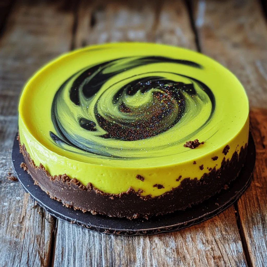 When making a Witches’ Brew Cheesecake, having the right ingredients is key. Here’s what you need: - 1 1/2 cups graham cracker crumbs - 1/4 cup unsweetened cocoa powder - 1/2 cup unsalted butter, melted - 2 cups cream cheese, softened to room temperature - 1 cup granulated sugar - 3 large eggs, at room temperature - 1 teaspoon vanilla extract - 1 cup sour cream - 1/4 cup green food coloring - 1/2 teaspoon black food coloring (optional, for a deeper tone) - 1/2 cup chocolate chips (optional, for added texture) - Edible glitter (for a magical decoration) Gathering all these ingredients sets you up for success. The graham cracker crumbs and cocoa powder create a rich crust. Cream cheese gives that smooth texture. The food coloring makes it look spooky and fun. If you want a little extra crunch, add chocolate chips. And don’t forget the edible glitter for that final magic touch. All these elements come together in my full recipe. - Set oven to 325°F (163°C). - Prepare your springform pan by greasing it well. - Combine 1 1/2 cups of graham cracker crumbs and 1/4 cup of cocoa powder in a bowl. - Add 1/2 cup of melted butter and mix well. Press this mixture into the bottom of the pan. - Bake the crust for 10 minutes. Let it cool completely on a wire rack. - In a large mixing bowl, beat 2 cups of softened cream cheese with 1 cup of granulated sugar. Mix until smooth. - Add 3 large eggs, one at a time. Mix until each egg is blended in. - Stir in 1 teaspoon of vanilla extract and 1 cup of sour cream until smooth. - Gradually add 1/4 cup of green food coloring to the cream cheese mixture. - Optionally, add 1/2 teaspoon of black food coloring for depth. - If you want, fold in 1/2 cup of chocolate chips for extra flavor. - Pour the filling over the cooled crust in the springform pan. - Smooth the top with a spatula. Bake for 55-60 minutes, until the edges are set. - After baking, turn off the oven. Leave the cheesecake inside for about an hour. - Transfer it to the fridge and chill for at least 4 hours. Overnight is best for flavor. - When ready to serve, remove the cheesecake from the springform pan. - Sprinkle edible glitter on top for a magical touch. Slice and enjoy your Witches' Brew Cheesecake! For full details on how to make this delightful dessert, check out the Full Recipe. Using room temperature ingredients is key. Cold cream cheese can lead to lumps. Let your cream cheese and eggs sit out for about an hour. This simple step helps blend them better. Mix on low speed to avoid air bubbles. Air can cause cracks in your cheesecake. Cooling your cheesecake slowly is very important. After baking, turn off the oven but leave the door slightly open. Let it sit for one hour. This helps it cool down evenly. For extra safety, you can use a water bath. Place the springform pan in a larger pan filled with hot water. This method adds moisture and helps prevent cracks. To make your cheesecake even more fun, use a themed plate. Black or purple plates add to the spooky vibe. You can also add a dollop of whipped cream or crushed candy. Edible glitter is a great touch. It gives your cheesecake a magical look. For more ideas, check the Full Recipe for decorating tips! {{image_4}} You can change the flavor of your cheesecake easily. One fun option is to swap cream cheese for mascarpone. This gives your cheesecake a richer, creamier taste. You can also add flavored extracts. Try almond for a nutty twist or mint for a refreshing kick. If you need a gluten-free version, don't worry! You can use gluten-free graham crackers instead of regular ones. They work just as well. Another option is to make a crust with almond flour. This adds a nice nutty flavor and keeps it gluten-free. Decorating can make your cheesecake even more fun! For seasonal themes, you can change the color. Use red for Christmas or orange for Halloween. You can also add playful toppings for a kids' party. Think sprinkles, candy eyes, or whipped cream ghosts. They make the dessert look extra special and spooky! To keep your Witches’ Brew Cheesecake fresh, store it in the fridge. Place the cheesecake in an airtight container. This helps prevent it from absorbing other odors. You can also cover it tightly with plastic wrap. It is best to refrigerate leftovers within two hours of serving. If you want to keep the cheesecake longer, you can freeze it. Slice the cheesecake first for easy serving later. Wrap each slice in plastic wrap, then place them in a freezer-safe bag or container. When you're ready to enjoy, thaw the cheesecake in the fridge overnight. This method keeps the texture nice and creamy. In the fridge, your cheesecake will last about five days. You can keep it longer if you freeze it, up to three months. To maintain the flavor and texture, avoid leaving it out at room temperature for long periods. Always store it covered to keep it moist and delicious. To stop cracks, follow these tips: - Use room temperature cream cheese. Cold cheese mixes poorly. - Beat the mixture until smooth, but avoid too much air. - Bake at a low temperature. Too much heat causes cracks. - Cool slowly in the oven with the door slightly open. This helps keep the texture even. Yes, you can make this cheesecake a day in advance. - Bake it and let it cool completely. - Wrap it well in plastic wrap. - Store it in the fridge until you're ready to serve. This gives the flavors time to blend, making it even tastier! If you want natural colors, try these options: - Spinach puree gives a green hue. - Beet juice can add a lovely red tone. - Turmeric offers a bright yellow shade. These options keep your cheesecake fun and colorful without artificial dyes. Yes, this cheesecake is great for kids! - The ingredients are safe and tasty. - You can skip the food coloring if you prefer. - Add fun toppings, like gummy worms or candy eyes. This makes it a perfect treat for Halloween or any festive occasion! You can create a delicious Witches' Brew Cheesecake by following simple steps. Start with your ingredients and prepare the crust. Then, mix the filling and add fun colors. Baking is key, so cool it right. Add decorations for a spooky theme, and explore flavor variations to make it yours. Remember to store properly for freshness. Enjoy experimenting and impressing friends with your tasty treats!
