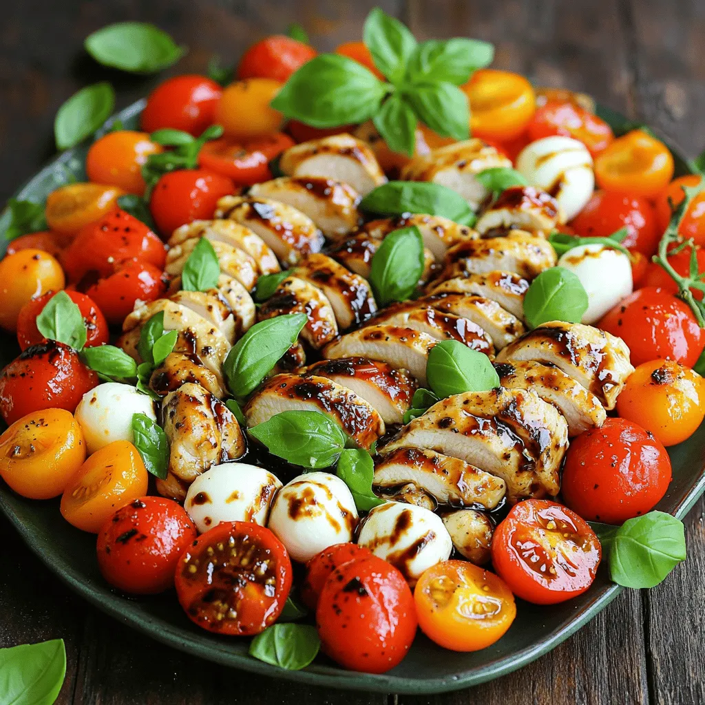- 2 boneless, skinless chicken breasts - 1 cup cherry tomatoes, halved - 1 cup fresh mozzarella balls (bocconcini or ciliegine) - 2 cups fresh basil leaves, loosely packed - 3 tablespoons balsamic vinegar - 2 tablespoons extra virgin olive oil, divided - Salt and freshly ground black pepper, to taste - 1 teaspoon garlic powder - 1 teaspoon dried oregano - Additional fresh basil leaves for garnish To make this flavorful balsamic chicken caprese salad, you need fresh and vibrant ingredients. First, choose two boneless, skinless chicken breasts. They will be the star of your dish. Next, gather one cup of cherry tomatoes, sliced in half. They add sweetness and color. You will also need one cup of fresh mozzarella balls, which give a creamy texture. Don't forget the basil! You will need two cups of fresh basil leaves. They bring a fresh flavor to the salad. For the dressing, grab three tablespoons of balsamic vinegar. This will add a tangy kick. You'll use two tablespoons of extra virgin olive oil for richness. Also, have salt and freshly ground black pepper on hand for seasoning. You should add one teaspoon of garlic powder and dried oregano to boost the flavor. Lastly, set aside a few extra basil leaves for a lovely garnish. This recipe brings together bright flavors and textures, making it a perfect choice for any meal. For the full recipe, check out the details above. Seasoning the Chicken First, take two boneless, skinless chicken breasts. I like to season them well. Sprinkle garlic powder, dried oregano, salt, and black pepper on both sides. This gives the chicken great flavor. Cooking Technique Next, heat one tablespoon of olive oil in a large skillet over medium heat. Once the oil is hot, add the chicken. Cook each side for about 6 to 7 minutes. You want the chicken to reach 165°F (75°C). After cooking, let the chicken rest for 5 minutes. Then, slice it into strips. Preparing the Salad Base In a large salad bowl, combine one cup of halved cherry tomatoes, one cup of fresh mozzarella balls, and two cups of fresh basil leaves. Gently toss these ingredients together. Making the Dressing For the dressing, whisk together three tablespoons of balsamic vinegar and one tablespoon of olive oil in a small bowl. Taste it. If needed, add salt and black pepper for flavor. Adding Chicken to Salad Now, take the sliced chicken and add it to the bowl with the tomatoes and mozzarella. Drizzling Dressing and Tossing Drizzle the balsamic dressing over the salad. Carefully toss everything together, so each piece gets coated in the dressing. For the full recipe, check the earlier section. Enjoy this fresh, vibrant salad! Ensuring Juicy Chicken To make juicy chicken, start with fresh breasts. You can also brine them before cooking. A simple brine uses salt and water. Let the chicken sit in the brine for 30 minutes. This helps keep the moisture in. Cook the chicken over medium heat, so it doesn’t dry out. Always use a meat thermometer to check the internal temperature. Aim for 165°F (75°C) for safe eating. Adjusting Flavor Profiles Taste as you go! If you want more flavor, add extra garlic powder or oregano. You can also try a splash of lemon juice for brightness. Adjust salt and pepper to your liking. Don’t forget the balsamic vinegar! It adds a delicious tang. If you like it sweeter, use a balsamic glaze instead. Presentation Ideas Make your salad pop! Serve it in a clear glass bowl to show off the colors. Arrange the chicken strips on top for a nice look. A drizzle of balsamic around the bowl adds elegance. Use fresh basil leaves as a garnish for a lovely finish. Ideal Pairings This salad pairs well with crusty bread or garlic bread. A light white wine, like Sauvignon Blanc, enhances the flavors. For a heartier meal, serve with grilled vegetables or a side of quinoa. You can also add a light soup to round out your dinner. For the full recipe, check out the complete instructions and tips! {{image_4}} You can switch the chicken for other meats. Try grilled shrimp or steak. If you want to keep it light, use turkey breast. These options still work well with the salad's fresh flavors. For a vegan version, skip the chicken and cheese. Instead, use chickpeas or grilled tofu for protein. You can also add some avocado for creaminess. This keeps the salad tasty and filling. If you want a twist, try different dressings. A lemon vinaigrette can brighten the dish. A creamy ranch can add richness. Just drizzle it over the salad before serving. Add nuts or seeds for crunch. Toasted pine nuts or sunflower seeds work great. You can also sprinkle some red pepper flakes for heat. These toppings add texture and make your salad even more exciting. For the complete recipe, check out the [Full Recipe]. - How to Store Leftovers: First, let the salad cool to room temperature. Then, place any leftover salad in the fridge. Use a clean spoon to avoid germs. - Ideal Containers: Use airtight containers. Glass or plastic containers work well. Make sure the lid is on tight to keep the salad fresh. - Freezing and Thawing: I don't recommend freezing this salad. The fresh ingredients, like tomatoes and basil, can become mushy. If you must freeze, store only the chicken. Thaw in the fridge before using. - Best Practices for Flavor Retention: Always wrap the chicken tightly in plastic wrap or foil. This helps lock in flavor. Avoid freezer burn by not leaving it too long. Use within a month for best taste. For more details on making this dish, check out the Full Recipe. To make Balsamic Chicken Caprese Salad, follow these steps: 1. Season the Chicken: Sprinkle garlic powder, oregano, salt, and pepper on both sides of the chicken breasts. 2. Cook the Chicken: Heat olive oil in a skillet. Cook the chicken for 6-7 minutes on each side until it reaches 165°F (75°C). Let it rest and slice it. 3. Prepare the Salad Base: In a bowl, mix halved cherry tomatoes, mozzarella balls, and basil leaves. Toss them gently. 4. Make the Dressing: Whisk balsamic vinegar and olive oil in a small bowl. Add salt and pepper to taste. 5. Combine the Salad: Add chicken strips to the salad base. Drizzle the dressing and toss everything well. 6. Serve: Place the salad on a platter and garnish with more basil leaves. This recipe is quick and full of fresh flavors. You can find the [Full Recipe] for more details. Yes, you can! Feel free to swap or add veggies. Bell peppers, cucumbers, or arugula work well. Each vegetable adds its own flavor and crunch. Think about what you enjoy or have on hand. Just remember to cut them into small pieces for easy eating. This salad pairs well with many sides. You might serve it with crusty bread or garlic bread. A light soup, like tomato basil, also complements it nicely. For a heartier meal, try it with quinoa or a grain salad. Enjoy the mix of flavors and textures! This post shared how to make a tasty Balsamic Chicken Caprese Salad. We covered key ingredients like chicken, veggies, and herbs. You learned how to prepare the chicken and assemble the salad in simple steps. Plus, you got tips on cooking and serving. Now, you can make this dish your own with variations and smart storage tips. Enjoy this flavorful salad that everyone will love!