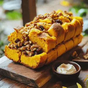 To make a tasty pumpkin pull-apart loaf, you need these key items: - 3 cups all-purpose flour, plus more for dusting - 1 packet (2 1/4 tsp) active dry yeast - 1/4 cup granulated sugar - 1 tsp salt - 1 tsp ground cinnamon - 1/2 tsp ground nutmeg - 1/2 tsp ground ginger - 1 cup pumpkin puree, fresh or canned - 1/2 cup milk, warmed to about 110°F (43°C) - 1/4 cup unsalted butter, melted and slightly cooled - 1 large egg, at room temperature These ingredients work together to create a fluffy, flavorful loaf. You can add some extras to enhance your loaf: - 1/4 cup packed brown sugar (for filling) - 1/4 cup chopped walnuts (optional, for filling) - 1/4 cup raisins or dried cranberries (optional, for filling) These optional ingredients give your loaf a sweet crunch and added flavor. If you need to make swaps, here are some ideas: - Flour: You can use whole wheat flour for a heartier loaf. - Milk: Almond milk or oat milk works well if you prefer non-dairy. - Pumpkin Puree: You can use sweet potato puree if you don't have pumpkin. - Sugar: Coconut sugar or honey can replace granulated sugar. These substitutions help you customize the recipe to your taste and needs. For the full recipe, check the [Full Recipe]. To start, gather your ingredients. In a large bowl, mix 2 cups of flour, sugar, salt, and spices. This blend gives your loaf a warm flavor. In another bowl, whisk together warm milk, pumpkin puree, melted butter, and egg. You want these to mix well. Sprinkle the yeast over the milk mixture and let it sit for five minutes. This step helps the yeast become active. Next, pour the milk mixture into the dry mix. Stir gently, then add the remaining flour, half a cup at a time. Once the dough starts to form, move it to a floured surface. Knead the dough for 5 to 7 minutes until it feels smooth. Place the dough back in a greased bowl, cover it, and let it rise in a warm spot for about one hour. After the dough has risen, punch it down gently. Move it to a floured surface and roll it into a rectangle about 1/4 inch thick. Brush the top with melted butter. Then sprinkle the brown sugar, walnuts, and raisins evenly over the dough. This adds sweetness and texture to your loaf. Using a sharp knife, cut the dough into 1-inch strips. Brush each strip with more melted butter. Stack the strips on top of each other, then cut the stack into squares or triangles. This will help create the pull-apart effect. Now, take your dough pieces and arrange them in a greased loaf pan. Stand them on their sides for a fun look. Cover the pan with a towel and let it rise for another 30 minutes. Preheat your oven to 350°F (175°C) as it rises. Once the dough has puffed up again, bake it for 30 to 35 minutes. It should turn a golden brown color. To check if it’s ready, insert a toothpick into the center. If it comes out clean, your loaf is done. Let it cool in the pan for 10 minutes before moving it to a wire rack. Enjoy your pumpkin pull-apart loaf! To make your pumpkin pull-apart loaf rise well, use warm milk. It should be about 110°F (43°C). This temperature helps the yeast activate. Always make sure your yeast is fresh. If it does not foam in five minutes, it may be dead. Create a warm spot in your kitchen for rising. You can turn on the oven for a few minutes and then turn it off. Cover the dough with a kitchen towel. This keeps it warm and helps it rise better. For a fluffy loaf, do not rush the kneading process. Knead the dough for 5-7 minutes. This helps develop gluten. A well-kneaded dough is smooth and elastic. When shaping the loaf, stack the cut strips carefully. This allows for even rising and better texture. Use a greased loaf pan to prevent sticking. Also, let the loaf rise again after shaping. This second rise is key for a light and airy texture. Serve your pumpkin pull-apart loaf warm for the best taste. It pairs wonderfully with cream cheese spread or whipped butter. For a fun twist, sprinkle some cinnamon on top. You can also add a drizzle of honey for extra sweetness. This loaf is perfect for breakfast or as a snack. Enjoy it with coffee or tea. Your friends and family will love it! For full details, check the Full Recipe. {{image_4}} You can play with flavors in your pumpkin pull-apart loaf. Try adding chocolate chips for a sweet twist. If you love nuts, swap walnuts for pecans. Use spices like cardamom or allspice for a warm kick. For a zesty touch, mix in orange zest. Each option gives your loaf a unique taste. Want to make this loaf gluten-free? Use a gluten-free flour blend instead of all-purpose flour. Make sure it has xanthan gum to help with texture. The rest of the ingredients stay the same. Your pumpkin pull-apart loaf will still be soft and tasty! Make your loaf fit the season. In fall, add maple syrup for a sweet touch. For winter, mix in cranberries for a tart flavor. In spring, try adding fresh herbs like rosemary or thyme. Each season brings new ideas for your loaf, keeping it fresh and exciting! For the full recipe, check out the details above. To keep your pumpkin pull-apart loaf fresh, place it in an airtight container. This will help retain moisture and flavor. If you cannot finish the loaf in a few days, consider freezing it. Properly stored, it lasts about 3 to 5 days at room temperature. To freeze your loaf, first, let it cool completely. Wrap it tightly in plastic wrap, then cover with aluminum foil. This keeps out air and prevents freezer burn. You can freeze the loaf for up to 3 months. When you're ready to enjoy it, just thaw it in the fridge overnight. Reheat your pumpkin loaf by slicing it and placing it in a toaster oven or regular oven. Preheat the oven to 350°F (175°C). Heat for about 10 minutes, or until warm. You can also microwave slices for about 20-30 seconds. Enjoy the warm, cozy flavors again! For best results, serve it with a spread, like cream cheese. Pumpkin pull-apart loaf lasts about 3 to 4 days when stored properly. Keep it in an airtight container at room temperature. If you want to keep it longer, consider freezing it. This way, it can last for up to 3 months. Just remember to wrap it tightly in plastic wrap and then foil. When you’re ready to eat, let it thaw in the fridge overnight. Yes, you can make this recipe ahead of time! You can prepare the dough and let it rise. After rising, shape it and place it in the loaf pan. Cover it and store it in the fridge overnight. The next day, take it out and let it rise before baking. This method adds great flavor and saves you time. You can serve pumpkin pull-apart loaf with many tasty options. Try it with spiced cream cheese spread or whipped cinnamon butter. Both add a nice touch. You can also pair it with warm apple cider or a cup of tea for a cozy treat. If you want something sweet, serve it with honey or maple syrup. Enjoy the flavors! In this post, we explored making a tasty pumpkin pull-apart loaf. First, we covered essential and optional ingredients, plus some substitutions. Next, I shared simple steps for preparing, rolling, and shaping the dough. We looked at tips for a perfect rise and baking a fluffy loaf. Variations like gluten-free options and seasonal flavors added fun. I also gave storage info for leftovers and answers to common questions. Baking this loaf brings joy and warmth to any gathering. Happy baking, and enjoy every bite!