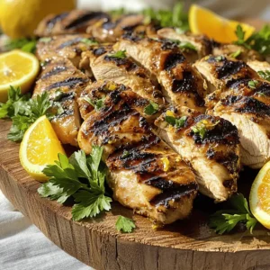 - 4 boneless, skinless chicken breasts - 1/4 cup extra-virgin olive oil - Juice and zest of 2 fresh lemons - Juice and zest of 1 ripe orange - 2 cloves of garlic, finely minced - 1 tablespoon raw honey - 1 tablespoon Dijon mustard - 1 teaspoon dried oregano - Salt and freshly cracked black pepper to taste - You can swap in lime or grapefruit for a twist. - Try using fresh herbs like thyme or rosemary for new flavors. - Medium mixing bowl - Resealable plastic bag or shallow dish - Grill or grill pan Gather these items before you start. Having everything ready makes cooking easier. You want fresh chicken for the best taste. For the oils and juices, choose high-quality products. They enhance the flavor significantly. Using different citrus or herbs lets you create unique tastes. The fun part of cooking is experimenting! You can mix and match ingredients based on what you like. Make sure your equipment is clean and ready. A clean grill helps avoid sticking and gives nice grill marks. If you have a grill pan, it works well too. This dish is about enjoying fresh flavors with a simple process. Happy cooking! For the complete cooking guide, check the Full Recipe. To start, you need to whisk together the marinade ingredients in a medium bowl. Gather these key items: olive oil, lemon juice and zest, orange juice and zest, minced garlic, honey, Dijon mustard, dried oregano, salt, and pepper. Mix them well until they blend into a smooth marinade. This step is vital. A well-emulsified mixture means every piece of chicken will soak up those vibrant flavors. Now, it’s time to coat the chicken in the marinade. Place the chicken breasts in a large resealable bag or a flat dish. Pour the zesty marinade over the chicken. Make sure each piece gets fully coated. Seal the bag or cover the dish with plastic wrap. For the best flavor, let it marinate in the fridge for at least one hour. If you can, marinate it overnight. This extra time enhances the taste. When you’re ready to grill, preheat your grill to medium-high heat. This ensures a good sear. Remove the chicken from the marinade, allowing any excess to drip off. Discard the leftover marinade. Grill the chicken for about 6 to 8 minutes on each side. The chicken is done when it reaches an internal temperature of 165°F (74°C). Once grilled, let the chicken rest for five minutes before slicing. This helps keep the juices locked in. For the full recipe, check the details provided above. Enjoy your flavorful and fresh dish! To boost the flavor of your marinated grilled chicken, marinate it overnight. This gives the chicken time to soak up all the good flavors. You can also try different marinade ingredients. For instance, swap the lemon for lime, or add fresh herbs like basil or mint. Each choice makes the dish unique and exciting. Avoid drying out your chicken by not overcooking it. Use a meat thermometer to check for doneness; it should read 165°F (74°C). For those beautiful grill marks, preheat your grill well. Place the chicken on the hottest part of the grill first, then flip it after a few minutes for those nice lines. Pair your marinated grilled chicken with fresh sides. A crunchy salad, grilled veggies, or rice work great. For presentation, arrange the sliced chicken on a pretty platter. Garnish with fresh herbs like parsley or cilantro and add lemon or orange wedges for color. This makes your dish not just tasty, but also a feast for the eyes! {{image_4}} You can play with flavors by trying different marinades. Swap out my zesty citrus for teriyaki or tandoori. Teriyaki gives a sweet and savory taste, while tandoori adds a nice spice. For a spicy kick, mix in some chili powder or hot sauce. This will add heat and depth to your chicken. You can adjust the spice level to match your taste. If the grill isn't an option, don't worry. You can use an oven broiler instead. Place the chicken on a broiler pan and cook on high for about 6-8 minutes on each side. You can also stovetop grill in a cast-iron pan. Heat the pan and add a little oil before cooking. For perfect texture, try sous vide. This method cooks the chicken evenly and keeps it juicy. Seal the marinated chicken in a bag and cook it in water at a low temperature. Get creative with side dishes! Pair your grilled chicken with a fresh salad. A mix of greens, cherry tomatoes, and a light vinaigrette works well. You can also serve it with grilled veggies like zucchini and bell peppers. Another fun idea is to put the chicken in wraps or tacos. Add some avocado, salsa, and cheese. This makes a tasty meal that everyone will enjoy. For more ideas, check out the Full Recipe for inspiration! To keep your grilled chicken fresh, store it in the fridge. Place the chicken in an airtight container. This helps to keep moisture in and prevents other smells from seeping in. If you have a lot of chicken, divide it into smaller portions. This makes it easier to reheat later. Use glass or plastic containers with tight lids. They prevent air from getting in. If you want to use plastic bags, choose freezer bags. Squeeze out as much air as possible before sealing. This extra step helps it stay tasty longer. To reheat grilled chicken, use the oven. Preheat it to 350°F (175°C). Place the chicken on a baking sheet. Cover it with foil to keep it moist. Heat for about 10-15 minutes. Check that it reaches 165°F (74°C) inside. Another great method is using the microwave. Place chicken on a plate and cover it with a damp paper towel. Heat it in short bursts, about 30 seconds at a time. This method helps keep the chicken juicy. Add a splash of chicken broth or water when reheating. This helps it stay moist. If you want to add flavor, brush on some olive oil or your favorite sauce before reheating. To freeze marinated grilled chicken, let it cool first. Place it in a freezer-safe container or bag. Remove as much air as possible. Label the container with the date. Properly stored, it lasts up to three months. For best results, freeze chicken when it is fresh. Avoid freezing cooked chicken that has been in the fridge for more than a few days. This keeps the taste and texture at their best. Thaw chicken in the fridge overnight. This keeps it at a safe temperature. If you're in a hurry, use cold water. Place the chicken in a sealed bag and submerge it in cold water for about an hour. Change the water every 30 minutes. Never thaw chicken at room temperature, as this can cause bacteria to grow. For the full recipe, check out the Zesty Citrus Marinated Grilled Chicken! For the best flavor, I recommend marinating chicken for at least 1 hour. If you have time, let it sit overnight. This gives the chicken a chance to soak up all those wonderful flavors. However, do not marinate for more than 24 hours. The meat can become too soft and mushy if left too long. Grilling chicken from frozen is not safe. It can cook unevenly and may lead to foodborne illness. Always thaw chicken in the fridge before grilling. If you are short on time, you can use the microwave to defrost it. Once thawed, grill it for about 6-8 minutes on each side. Grilled chicken pairs well with many side dishes. Here are some ideas: - Light salad with mixed greens - Roasted vegetables like zucchini or bell peppers - Rice or quinoa for a hearty option - Corn on the cob for a summer touch - Fresh fruit salad for a sweet side Marinated chicken can be healthier thanks to the spices and herbs used. Marinades often include healthy fats, like olive oil, and fresh ingredients, such as citrus and garlic. These can enhance flavor without adding extra calories. Plus, the right marinade can help keep the chicken juicy while grilling. In this post, we explored how to marinate and grill chicken for maximum flavor. We covered the key ingredients needed, useful equipment, and step-by-step grilling instructions. You learned tips for perfecting your dish and alternative variations to switch things up. Remember, marinating not only adds taste but also helps keep your chicken moist. Enjoy experimenting with flavors and serving it in new ways. Grilled chicken can be a fun dish to share with family and friends!