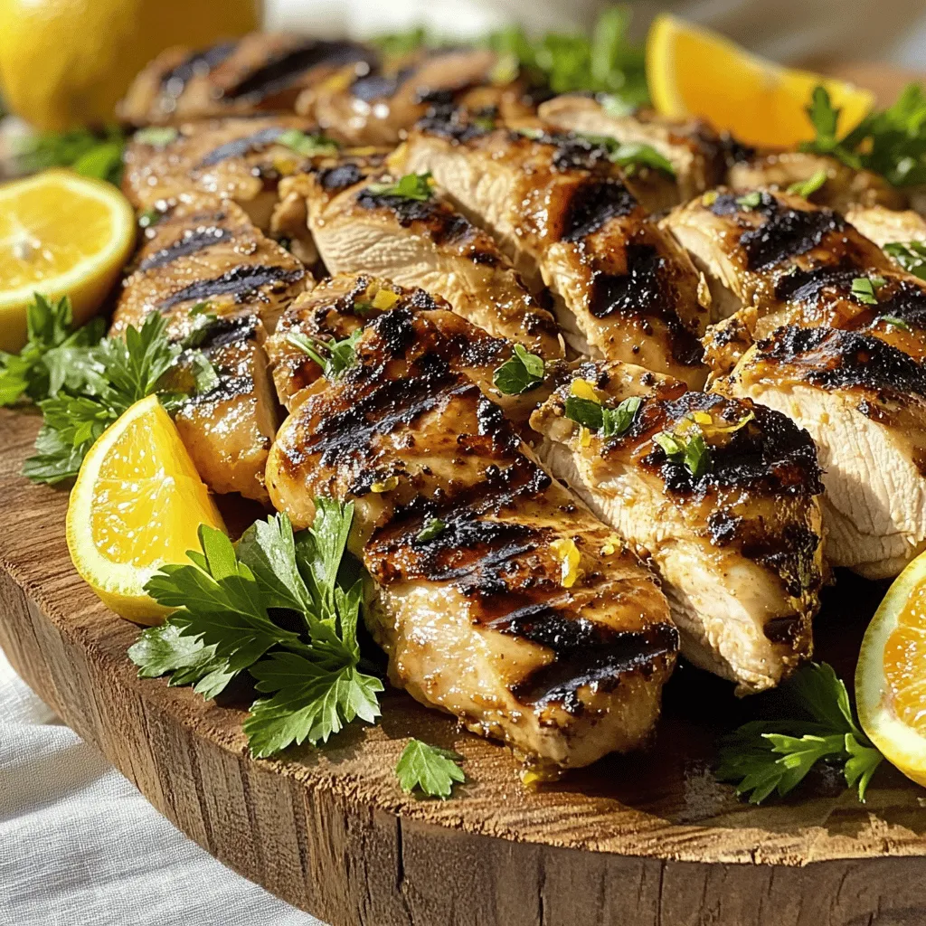 - 4 boneless, skinless chicken breasts - 1/4 cup extra-virgin olive oil - Juice and zest of 2 fresh lemons - Juice and zest of 1 ripe orange - 2 cloves of garlic, finely minced - 1 tablespoon raw honey - 1 tablespoon Dijon mustard - 1 teaspoon dried oregano - Salt and freshly cracked black pepper to taste - You can swap in lime or grapefruit for a twist. - Try using fresh herbs like thyme or rosemary for new flavors. - Medium mixing bowl - Resealable plastic bag or shallow dish - Grill or grill pan Gather these items before you start. Having everything ready makes cooking easier. You want fresh chicken for the best taste. For the oils and juices, choose high-quality products. They enhance the flavor significantly. Using different citrus or herbs lets you create unique tastes. The fun part of cooking is experimenting! You can mix and match ingredients based on what you like. Make sure your equipment is clean and ready. A clean grill helps avoid sticking and gives nice grill marks. If you have a grill pan, it works well too. This dish is about enjoying fresh flavors with a simple process. Happy cooking! For the complete cooking guide, check the Full Recipe. To start, you need to whisk together the marinade ingredients in a medium bowl. Gather these key items: olive oil, lemon juice and zest, orange juice and zest, minced garlic, honey, Dijon mustard, dried oregano, salt, and pepper. Mix them well until they blend into a smooth marinade. This step is vital. A well-emulsified mixture means every piece of chicken will soak up those vibrant flavors. Now, it’s time to coat the chicken in the marinade. Place the chicken breasts in a large resealable bag or a flat dish. Pour the zesty marinade over the chicken. Make sure each piece gets fully coated. Seal the bag or cover the dish with plastic wrap. For the best flavor, let it marinate in the fridge for at least one hour. If you can, marinate it overnight. This extra time enhances the taste. When you’re ready to grill, preheat your grill to medium-high heat. This ensures a good sear. Remove the chicken from the marinade, allowing any excess to drip off. Discard the leftover marinade. Grill the chicken for about 6 to 8 minutes on each side. The chicken is done when it reaches an internal temperature of 165°F (74°C). Once grilled, let the chicken rest for five minutes before slicing. This helps keep the juices locked in. For the full recipe, check the details provided above. Enjoy your flavorful and fresh dish! To boost the flavor of your marinated grilled chicken, marinate it overnight. This gives the chicken time to soak up all the good flavors. You can also try different marinade ingredients. For instance, swap the lemon for lime, or add fresh herbs like basil or mint. Each choice makes the dish unique and exciting. Avoid drying out your chicken by not overcooking it. Use a meat thermometer to check for doneness; it should read 165°F (74°C). For those beautiful grill marks, preheat your grill well. Place the chicken on the hottest part of the grill first, then flip it after a few minutes for those nice lines. Pair your marinated grilled chicken with fresh sides. A crunchy salad, grilled veggies, or rice work great. For presentation, arrange the sliced chicken on a pretty platter. Garnish with fresh herbs like parsley or cilantro and add lemon or orange wedges for color. This makes your dish not just tasty, but also a feast for the eyes! {{image_4}} You can play with flavors by trying different marinades. Swap out my zesty citrus for teriyaki or tandoori. Teriyaki gives a sweet and savory taste, while tandoori adds a nice spice. For a spicy kick, mix in some chili powder or hot sauce. This will add heat and depth to your chicken. You can adjust the spice level to match your taste. If the grill isn't an option, don't worry. You can use an oven broiler instead. Place the chicken on a broiler pan and cook on high for about 6-8 minutes on each side. You can also stovetop grill in a cast-iron pan. Heat the pan and add a little oil before cooking. For perfect texture, try sous vide. This method cooks the chicken evenly and keeps it juicy. Seal the marinated chicken in a bag and cook it in water at a low temperature. Get creative with side dishes! Pair your grilled chicken with a fresh salad. A mix of greens, cherry tomatoes, and a light vinaigrette works well. You can also serve it with grilled veggies like zucchini and bell peppers. Another fun idea is to put the chicken in wraps or tacos. Add some avocado, salsa, and cheese. This makes a tasty meal that everyone will enjoy. For more ideas, check out the Full Recipe for inspiration! To keep your grilled chicken fresh, store it in the fridge. Place the chicken in an airtight container. This helps to keep moisture in and prevents other smells from seeping in. If you have a lot of chicken, divide it into smaller portions. This makes it easier to reheat later. Use glass or plastic containers with tight lids. They prevent air from getting in. If you want to use plastic bags, choose freezer bags. Squeeze out as much air as possible before sealing. This extra step helps it stay tasty longer. To reheat grilled chicken, use the oven. Preheat it to 350°F (175°C). Place the chicken on a baking sheet. Cover it with foil to keep it moist. Heat for about 10-15 minutes. Check that it reaches 165°F (74°C) inside. Another great method is using the microwave. Place chicken on a plate and cover it with a damp paper towel. Heat it in short bursts, about 30 seconds at a time. This method helps keep the chicken juicy. Add a splash of chicken broth or water when reheating. This helps it stay moist. If you want to add flavor, brush on some olive oil or your favorite sauce before reheating. To freeze marinated grilled chicken, let it cool first. Place it in a freezer-safe container or bag. Remove as much air as possible. Label the container with the date. Properly stored, it lasts up to three months. For best results, freeze chicken when it is fresh. Avoid freezing cooked chicken that has been in the fridge for more than a few days. This keeps the taste and texture at their best. Thaw chicken in the fridge overnight. This keeps it at a safe temperature. If you're in a hurry, use cold water. Place the chicken in a sealed bag and submerge it in cold water for about an hour. Change the water every 30 minutes. Never thaw chicken at room temperature, as this can cause bacteria to grow. For the full recipe, check out the Zesty Citrus Marinated Grilled Chicken! For the best flavor, I recommend marinating chicken for at least 1 hour. If you have time, let it sit overnight. This gives the chicken a chance to soak up all those wonderful flavors. However, do not marinate for more than 24 hours. The meat can become too soft and mushy if left too long. Grilling chicken from frozen is not safe. It can cook unevenly and may lead to foodborne illness. Always thaw chicken in the fridge before grilling. If you are short on time, you can use the microwave to defrost it. Once thawed, grill it for about 6-8 minutes on each side. Grilled chicken pairs well with many side dishes. Here are some ideas: - Light salad with mixed greens - Roasted vegetables like zucchini or bell peppers - Rice or quinoa for a hearty option - Corn on the cob for a summer touch - Fresh fruit salad for a sweet side Marinated chicken can be healthier thanks to the spices and herbs used. Marinades often include healthy fats, like olive oil, and fresh ingredients, such as citrus and garlic. These can enhance flavor without adding extra calories. Plus, the right marinade can help keep the chicken juicy while grilling. In this post, we explored how to marinate and grill chicken for maximum flavor. We covered the key ingredients needed, useful equipment, and step-by-step grilling instructions. You learned tips for perfecting your dish and alternative variations to switch things up. Remember, marinating not only adds taste but also helps keep your chicken moist. Enjoy experimenting with flavors and serving it in new ways. Grilled chicken can be a fun dish to share with family and friends!
