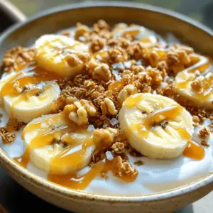 - 2 ripe bananas - 1 cup Greek yogurt - 1/4 cup salted caramel sauce - 1 tablespoon honey - 1/4 cup granola - 2 tablespoons chopped nuts - A pinch of sea salt - Flavored Greek yogurt (plain vs. vanilla) - Other toppings (coconut, chocolate chips) This bowl packs a punch. Each serving has around 350 calories. Here's a quick breakdown: - Protein: 15 grams from Greek yogurt and nuts. - Carbs: 45 grams mainly from bananas and granola. - Fat: 10 grams from nuts and caramel. This dish is rich in nutrients and has a good balance of energy. The bananas provide potassium, while the yogurt gives calcium. The nuts add healthy fats. Enjoy this treat without guilt! For the full recipe, check out the details above. 1. Start with a bowl. Place 1 cup of Greek yogurt at the bottom. For a sweeter taste, mix in 1 tablespoon of honey. This adds a nice flavor. 2. Next, take 2 ripe bananas. Slice them into rounds. Spread the banana slices over the yogurt evenly. This way, every bite has banana goodness. 3. Now, it’s time for the star of the show. Drizzle 1/4 cup of salted caramel sauce over the banana slices. Let some caramel drip into the yogurt. You want that sweet taste in every layer. 1. Add some crunch! Sprinkle 1/4 cup of granola over the bananas and yogurt. This gives a nice texture contrast and a delightful crunch. 2. Boost nutrition by adding 2 tablespoons of chopped nuts. Walnuts or pecans work great. They add healthy fats and a bit more crunch. 3. To elevate the flavors, finish with a pinch of sea salt. This small touch enhances the sweet and salty mix. 1. For a pretty look, use clear glass bowls. This shows off the layers. Just before serving, top with a banana slice and more caramel. 2. This bowl is great for breakfast, a snack, or dessert. It suits any time you want something tasty and satisfying. For the complete recipe, see the [Full Recipe]. How to choose ripe bananas When picking bananas, look for ones with a few brown spots. These spots show the bananas are sweet. Avoid bananas that are too green or too brown. Green bananas may taste starchy, while black ones may be overripe. For the best flavor, choose firm bananas that are yellow with some brown spots. Selecting quality Greek yogurt Choose a Greek yogurt that is thick and creamy. Look at the label for live cultures, which are good for your gut. Check the sugar content; plain yogurt is often best. You can pick plain or vanilla based on your taste. The plain yogurt has less sugar, while vanilla adds a hint of sweetness. Store-bought vs. homemade recipe You can use store-bought caramel sauce for ease. It saves time and tastes good. Look for brands that use real sugar, not high-fructose corn syrup. If you want to make your own, combine sugar and water in a pan. Cook until it melts and turns golden brown, then stir in cream and a pinch of salt. This homemade option gives a fresh flavor, but store-bought works great too. Tips for extra crunch Add granola for a satisfying crunch. Choose a mix with nuts or seeds for added texture. You can also use toasted coconut or crushed cereal for more variety. If you want even more crunch, sprinkle chopped nuts, like walnuts or pecans, on top. Suggestions for balancing sweetness To balance sweetness, add a pinch of sea salt on top. This salt makes the sweet flavors pop. If you find it too sweet, add fresh fruit or a sprinkle of cinnamon. These additions can enhance the taste and make the bowl more exciting. For the full recipe, make sure to check out the Salted Caramel Banana Yogurt Bowl recipe! {{image_4}} You can make this bowl fit many diets. If you want a vegan option, use plant-based yogurt. Almond or coconut yogurt works great. These choices keep the dish creamy without dairy. Also, look for gluten-free granola if you need it. Many brands now offer tasty options that fit the bill. Check the label to be sure it meets your needs. Want to spice things up? Try adding a sprinkle of cinnamon. It adds warmth and depth to the bowl. You could also mix in a splash of vanilla extract. This can boost the flavor in a lovely way. Seasonal fruits can take this dish to the next level. Fresh berries, peaches, or apples can all add a burst of taste. They also make the bowl look colorful and fun. If you have guests, you can easily adjust the recipe. Just double or triple the amounts of yogurt, bananas, and caramel. This way, everyone gets their own bowl of joy. For a fancy touch, make parfait-style servings. Layer the yogurt, bananas, and caramel in clear cups. This way, each layer shows off the beautiful colors. It makes for a lovely dessert or breakfast treat. For the full recipe, check out the main section. To store leftovers, place your bowl in an airtight container. This helps keep everything fresh. You can store it in the fridge for up to two days. The bananas may brown a bit, but they will still taste good. The Greek yogurt and granola will stay fresh too. For best results, keep granola separate until you are ready to eat. This keeps it crunchy. You don’t need to reheat this bowl. Enjoy it cold to keep the flavors bright. If you want a warm treat, try warming the yogurt slightly. Stir it gently and enjoy a warm yogurt experience. You can freeze the bananas if you have extras. Just slice them and place them in a freezer bag. Remove as much air as you can. Frozen bananas work great for smoothies later. However, do not freeze the yogurt or caramel sauce. They will change texture once thawed. Use fresh yogurt and sauce for the best taste in your bowl. Yes, you can prep the Salted Caramel Banana Yogurt Bowl in advance. To do this, layer the yogurt and bananas in a bowl. Keep the granola and caramel sauce separate until you are ready to eat. This way, the granola stays crunchy and the bananas don’t brown. You can store the yogurt and bananas in the fridge for up to a day. When you're ready, add the caramel and granola just before serving. Greek yogurt is the best choice for this recipe. You can use plain or vanilla. Plain yogurt has a tangy taste, while vanilla adds sweetness. Both options work well. If you prefer lighter yogurt, you can also try low-fat Greek yogurt. Just make sure to choose one that you enjoy. To make this bowl healthier, consider these swaps: - Use unsweetened Greek yogurt to cut down on sugar. - Skip the honey if you want to reduce calories. - Choose a low-sugar granola or make your own to control the sweetness. - Add more fruits like berries or nuts for extra nutrients without added sugar. For the full recipe, check out the earlier section. This blog post shared how to make a tasty Salted Caramel Banana Yogurt Bowl. You learned about the main ingredients and optional choices to suit your taste. We discussed layering tips, serving ideas, and how to store leftovers. You now know how to adjust the recipe for various diets too. Enjoy creating your yogurt bowl. Experiment with flavors. Make it your own! A simple recipe can impress friends or treat yourself. Happy cooking!