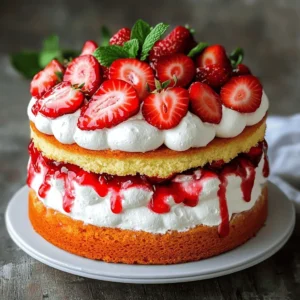 - 1 ½ cups all-purpose flour - 1 cup granulated sugar - 1 ½ teaspoons baking powder - ½ teaspoon baking soda - ¼ teaspoon salt - ½ cup unsalted butter, softened - 2 large eggs - 1 teaspoon vanilla extract - ½ cup buttermilk - 1 cup fresh strawberries, diced - 1 ½ cups heavy cream - 2 tablespoons powdered sugar - 1 teaspoon vanilla extract (for whipped cream) - Additional fresh strawberries, halved for garnish These ingredients create a delicious cake. The flour gives the cake its structure. Sugar adds sweetness, while baking powder and soda help it rise. Salt enhances all the flavors. Softened butter keeps the cake moist, and eggs bind everything together. The vanilla extract adds a lovely aroma. Buttermilk adds a slight tang and keeps the cake tender. Fresh strawberries not only taste great but also make the cake look pretty. The heavy cream whips up to create that light, fluffy topping. When you gather these items, make sure they are fresh. This ensures your cake will be the best it can be. You can find the full recipe in the next section. Enjoy creating this delightful treat! Preheating the Oven Start by preheating your oven to 350°F (175°C). This step is key for even baking. Mixing the Dry Ingredients In a big bowl, mix together the all-purpose flour, sugar, baking powder, baking soda, and salt. Whisk these dry ingredients until they are well blended. Combining Wet Ingredients with Dry Mix Now, add the softened butter, eggs, vanilla extract, and buttermilk to the dry mix. Use an electric mixer on medium speed. Blend until the batter is smooth and creamy. Folding in the Strawberries Gently fold in the diced strawberries. Use a spatula to ensure they mix evenly but don’t crush them too much. Pouring Batter into Cake Pan Pour the batter into your prepared 9-inch round cake pan. Spread it evenly with a spatula to avoid uneven baking. Baking and Cooling Instructions Bake the cake for 25-30 minutes. To check if it's done, insert a toothpick into the center. It should come out clean. After baking, let the cake cool in the pan for 10 minutes. Then, turn it out onto a wire rack to cool completely. Ingredients for Whipped Cream For the whipped cream, you will need heavy cream, powdered sugar, and vanilla extract. Instructions for Whipping Cream In a clean bowl, combine the heavy cream, powdered sugar, and vanilla extract. Use a hand mixer on medium-high speed. Whip until stiff peaks form. Be careful not to over-whip. Assembling the Layers of the Cake Once the cake is cool, slice it into two equal layers using a serrated knife. Place the bottom layer on a plate. Spread a generous layer of whipped cream on top, then add more diced strawberries. Place the second layer on top, repeat with whipped cream and strawberries. Finally, cover the entire cake with whipped cream and garnish with fresh strawberry halves. For a full recipe, check out the complete guide! - Choosing Fresh Strawberries Always pick ripe, firm strawberries. Look for bright red berries with no soft spots. Fresh strawberries add the best flavor and texture to your cake. If you can, buy local strawberries. They taste better and are usually in season. - Ensuring Evenly Baked Cake To bake the cake evenly, make sure your oven is preheated. Use an oven thermometer to check the heat. When your cake is in the oven, avoid opening the door too often. This helps keep the heat steady. Bake until a toothpick comes out clean from the center. - Achieving Stiff Peaks Use cold heavy cream for the best results. Start mixing at a low speed and gradually increase it. Watch closely as you whip. Stop once the cream forms stiff peaks. This means it holds its shape well. - Avoiding Over-Whipping Over-whipping can turn your cream into butter. Mix just until you see stiff peaks. If you go too far, your cream will lose its light and airy texture. If you notice it starts to look grainy, stop immediately. - Garnishing Ideas For a beautiful finish, add fresh strawberry halves on top of the cake. You can also drizzle some strawberry sauce around the plate. A few mint leaves add a nice touch too. - Serving Suggestions Serve the cake with extra whipped cream on the side. It’s a hit with guests. Consider pairing it with a scoop of vanilla ice cream for a special treat. You can find the Full Recipe for more detailed steps! {{image_4}} Adding Lemon Zest Adding lemon zest brightens your cake. Just a teaspoon can change the flavor. It gives a fresh twist to the sweet strawberries. This zingy addition complements the cream nicely. Using Different Berries You can swap strawberries for other berries. Try raspberries, blueberries, or blackberries. Each berry adds its unique taste and color. Mix and match for a berry medley that is fun and tasty. Gluten-Free Cake Options If you need a gluten-free cake, use almond flour or coconut flour. These flours work well and keep the cake light. Make sure to add a binding agent like eggs. This helps your cake hold together nicely. Dairy-Free Whipped Cream Ideas For a dairy-free option, use coconut cream. Chill the can overnight for best results. Scoop out the solid cream and whip it. This gives you a creamy, dreamy topping without dairy. Celebratory Decorations Make your cake pop for special events. Use colorful sprinkles or edible flowers. You can also add candles for birthdays. These small touches make the cake feel festive and fun. Seasonal Flavor Additions In summer, add fresh mint leaves. In fall, consider spices like cinnamon or nutmeg. These spices pair well with strawberries and create a seasonal vibe. Customizing flavors makes the cake perfect for any time of year. For more details on making this delightful cake, check out the Full Recipe. - Refrigeration Tips: Store leftover cake in an airtight container in the fridge. This keeps it fresh and moist. Use plastic wrap if you don’t have a container. Remember to place wax paper between the cake and wrap to avoid sticking. - Freezing Instructions: To freeze, wrap the cake tightly in plastic wrap. Then, place it in a freezer-safe bag. This method can keep it fresh for up to three months. When ready to eat, thaw it in the fridge overnight. - Storing Leftover Whipped Cream: Keep unused whipped cream in a clean, airtight container. Place it in the fridge. It can stay fresh for about two days. - Reusing Whipped Cream: If you have leftover whipped cream, use it on pancakes or coffee. It adds a sweet touch to many desserts. - How Long It Lasts in the Fridge: The cake lasts about three to four days in the fridge. It tastes best when eaten fresh, but it can still be delicious a few days later. - Signs of Spoilage: Check for any off smells or discoloration. If the cake feels dry or hard, it’s time to throw it away. Always trust your senses when it comes to food safety. How do I keep the cake from getting soggy? To keep the cake from getting soggy, avoid adding too many strawberries. Place them on top instead of between layers. You can also use a light glaze to seal the cake. This helps keep moisture out. Can I make this cake a day ahead? Yes, you can make this cake a day ahead. Bake and cool the cake first. Wrap it tightly in plastic wrap and store it in the fridge. Add whipped cream and strawberries on the day you serve it. What can I substitute for buttermilk? You can use milk mixed with vinegar or lemon juice. Combine ½ cup of milk with 1 teaspoon of vinegar. Let it sit for a few minutes. This gives you a good substitute for buttermilk. What to do if the cake is too dry? If your cake turns out too dry, add a simple syrup. Mix equal parts sugar and water in a pan. Heat until the sugar dissolves. Brush this syrup onto the cake layers for added moisture. How can I enhance the strawberry flavor? To boost strawberry flavor, use fresh strawberries. You can also add a bit of strawberry puree to the whipped cream. This adds a rich taste and makes the cake even more delicious. What pairs well with this cake? This cake pairs well with a scoop of vanilla ice cream. It also goes great with a cup of tea or coffee. For a fun twist, serve it with a fruity cocktail. Can I use frozen strawberries for this recipe? You can use frozen strawberries, but fresh is better. If using frozen berries, thaw them first. Drain excess liquid to avoid a soggy cake. This helps keep the cake light and fluffy. For a complete guide on making this cake, check out the Full Recipe. This blog post breaks down how to make a Strawberry Whipped Cream Cake. You learned about the key ingredients, step-by-step instructions, and essential tips for perfect results. We explored flavor variations and dietary adjustments. I hope these suggestions inspire you to create your own delicious cake. Enjoy the process, share it with loved ones, and savor every bite. Happy baking!