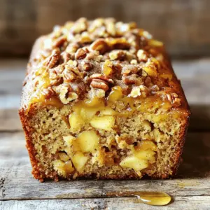 - 2 cups all-purpose flour - 1 cup granulated sugar - 1 teaspoon baking soda - 1 teaspoon baking powder - 1 teaspoon ground cinnamon - ½ teaspoon salt - 2 large eggs - ½ cup vegetable oil - 1 cup applesauce - 1 teaspoon vanilla extract - 1 ½ cups peeled and diced apples (approximately 2 medium apples) - ½ cup pecans, chopped - 2 tablespoons brown sugar - 1 teaspoon ground cinnamon (for topping) In this recipe, we use a mix of dry and wet ingredients to create a fluffy apple bread. The dry ingredients are the base and include flour, sugar, baking soda, baking powder, cinnamon, and salt. These work together to form the structure of the bread. For the wet ingredients, we need eggs, vegetable oil, applesauce, and vanilla extract. The eggs help bind everything, while the oil keeps it moist. Applesauce adds natural sweetness and flavor, and vanilla gives a lovely aroma. The add-ins are where the magic happens. We use diced apples for a burst of flavor and texture. Chopped pecans add crunch and richness. The brown sugar and cinnamon topping gives a sweet, crunchy finish that makes this bread irresistible. You can find the full recipe above to see how to bring everything together for a delightful treat. - Preheat the oven to 350°F (175°C). - Grease a 9x5-inch loaf pan with cooking spray or butter. Start by getting your oven ready. Set it to 350°F (175°C). This is the perfect temperature for baking our apple bread. Now, grab a 9x5-inch loaf pan. Grease it well with some cooking spray or butter. This step keeps your bread from sticking. - Sift and combine all dry ingredients in a large mixing bowl. Next, let’s mix the dry ingredients. In a large bowl, sift together the flour, sugar, baking soda, baking powder, ground cinnamon, and salt. This ensures everything mixes well. It also adds air, helping our bread rise. - Whisk together eggs, vegetable oil, applesauce, and vanilla extract. - Fold wet ingredients into dry ingredients carefully. Now, we’ll move to the wet ingredients. In another bowl, crack your eggs. Whisk them with the vegetable oil, applesauce, and vanilla extract. Mix until smooth. Then, gently fold this wet mix into the dry mix. Be careful not to overmix. This keeps the bread fluffy. - Fold in diced apples. - Create and combine the cinnamon pecan topping mixture. Next, it’s time to add the apples. Fold in the diced apples gently. They give our bread a lovely flavor and texture. Now, let’s make the crunchy topping. In a small bowl, mix the chopped pecans, brown sugar, and ground cinnamon. Combine until everything is well mixed. - Layer the batter and topping in the loaf pan and bake. Now, we are ready to assemble! Pour half of the batter into the prepared loaf pan. Smooth it out evenly. Sprinkle half of the cinnamon pecan topping over this layer. Then, add the rest of the batter on top. Finish by adding the remaining topping. Place the loaf pan in the oven and bake for 55-65 minutes. - Allow cooling time before slicing and serving. After baking, take the bread out. Let it cool in the pan for about 10 minutes. Then, move it to a wire rack to cool completely. Wait until it’s cool before slicing. This helps it hold its shape better when you cut it. Enjoy your delicious apple bread with cinnamon pecan crunch! For the full recipe, check the earlier section. To avoid overmixing, mix until just combined. Overmixing makes the bread dense. Use a spatula to gently fold the ingredients together. This keeps your bread light and fluffy. For checking doneness, insert a toothpick into the center. It should come out clean. If it has wet batter, bake a few more minutes. Every oven is different, so keep an eye on it! You can serve this bread warm or at room temperature. Drizzle honey or maple syrup on top for extra sweetness. A sprinkle of cinnamon adds a nice touch. You can also serve it with whipped cream or a scoop of vanilla ice cream. This makes the dish feel special! If your bread is dense, check your mixing method. Make sure you didn’t overmix. Also, make sure to measure your ingredients accurately. Too much flour can lead to a heavy loaf. For uneven baking, check your oven temperature. An oven thermometer can help. If the outside browns too fast, cover it with foil while it bakes. This helps the inside cook evenly. {{image_4}} To make this apple bread gluten-free, you can swap the all-purpose flour for a gluten-free blend. Look for a blend that contains xanthan gum for the best texture. You can also use almond flour or oat flour, but remember they have different flavors. If you want lower sugar options, try using coconut sugar or honey. These options give a nice taste and can be healthier than regular sugar. You can also reduce the total sugar by one-third without losing much flavor. Spice up your apple bread by adding nutmeg or ginger. Just a little bit can change the whole taste. Nutmeg adds warmth, while ginger gives a slight kick. You can also mix in dried fruits like cranberries or raisins. They add sweetness and chewiness. For a special treat, throw in chocolate chips. They melt and make the bread extra delightful. You can change the shape of your apple bread. Instead of a loaf, try making muffins or mini loaves. This way, they bake faster and are easy to share. Each muffin can be a perfect portion, great for kids or snacks. For full details on the recipe, check out the Full Recipe. Keep your apple bread at room temperature for up to three days. Store it in an airtight container or wrap it tightly in plastic wrap. This keeps it fresh and moist. If you notice it getting stale, you can warm it in the oven for a few minutes to revive its texture. To extend freshness, you can store the bread in the fridge. Wrap it in plastic wrap or place it in an airtight container. This method can keep your apple bread fresh for about a week. However, refrigeration can change the bread's texture, making it a bit denser. Freezing is a great option if you want to keep your apple bread longer. First, let it cool completely. Then, wrap the bread tightly in plastic wrap and aluminum foil to prevent freezer burn. You can freeze it for up to three months. To enjoy, thaw it in the fridge overnight or at room temperature for a few hours. Reheat slices in a toaster or oven for a warm treat. For the full recipe, check the earlier section! You can use mashed bananas or puréed pears. Both options keep the bread moist. If you want a richer flavor, try using yogurt. Yogurt adds creaminess and a nice tang. Just remember, these swaps may change the taste a little bit. Yes, you can! Try adding chopped walnuts or almonds for extra crunch. Diced pears or even dried cranberries work well too. They add sweetness and a fun twist. Just ensure that any added fruit does not make the batter too wet. If you store the apple bread at room temperature, it lasts about three days. Keep it in an airtight container to keep it fresh. For longer storage, place it in the fridge, where it can stay good for about a week. If you freeze it, it can last up to three months. Just wrap it well to avoid freezer burn. You now have a simple way to make delicious apple bread. We covered ingredients, steps, and tips to ensure a great bake every time. Remember, using fresh apples and avoiding overmixing will improve texture. Feel free to experiment with add-ins and enjoy this treat with family or friends. With the right storage, you can keep the bread fresh for days. Happy baking!