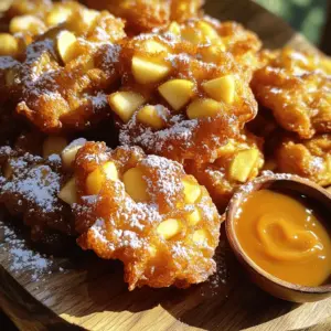 - 2 cups all-purpose flour - 2 teaspoons baking powder - 1 teaspoon ground cinnamon - 1/2 teaspoon salt - 2 tablespoons granulated sugar - 1 large egg - 1 cup milk - 2 tablespoons unsalted butter, melted - 2 medium apples (Granny Smith or Honeycrisp), peeled, cored, and diced - Oil for frying - Powdered sugar for dusting - Cinnamon sugar mixture for dusting - Vanilla extract for enhanced flavor - Nuts or raisins for added texture - Mixing bowls - Whisk - Slotted spoon - Deep frying pan or Dutch oven - Thermometer Gathering your ingredients is the first step to making these easy apple fritters. I love using Granny Smith apples for their tartness, but Honeycrisp work well too. The mix of flour, baking powder, and cinnamon creates the perfect base. You can also add a dash of vanilla for extra flavor. Make sure to have your mixing bowls and a whisk ready. A thermometer is key for frying. It helps keep the oil at 350°F, so your fritters cook evenly. If you want a sweet twist, prepare a cinnamon sugar mix for dusting. Once you have your ingredients and tools, you’re all set to create these delightful treats. For the full recipe, check out the detailed section above. - Combine 2 cups of all-purpose flour, 2 teaspoons of baking powder, 1 teaspoon of ground cinnamon, 1/2 teaspoon of salt, and 2 tablespoons of granulated sugar in a large mixing bowl. Whisk these dry ingredients well. - In a separate bowl, crack 1 large egg and beat it lightly. Then, add 1 cup of milk and 2 tablespoons of melted unsalted butter. Mix until smooth. - Peel, core, and dice 2 medium apples, preferably Granny Smith or Honeycrisp. Set them aside for later. - Slowly pour the wet mixture into the bowl with the dry ingredients. Gently stir until the batter forms. - Remember, it’s okay if the batter is slightly lumpy. Do not overmix. This ensures fluffy fritters. - In a deep frying pan, heat about 2 inches of oil over medium heat. Aim for a temperature of 350°F (175°C). Use a thermometer to check. - For each fritter, take a heaping tablespoon of batter and drop it into the hot oil. Fry in small batches to keep the oil hot. - Cook the fritters for 2-3 minutes per side until golden brown. Use a slotted spoon to remove them from the oil. Place them on paper towels to drain excess oil. - While warm, dust the fritters with powdered sugar for a sweet finish. These fritters are best enjoyed fresh and hot. For the complete recipe, check out the Full Recipe. - Maintain oil temperature for even cooking: Heat your oil to 350°F (175°C). This is key. Too hot, and the outside burns. Too cold, and the fritters soak up oil. Use a thermometer for the best results. - Avoid overcrowding the pan for better results: Fry just a few fritters at a time. If you crowd the pan, the oil cools down. This makes for soggy fritters instead of crispy ones. Give each fritter space to shine! - Let batter rest for a few minutes before frying: Allowing the batter to sit helps it become lighter. This resting time lets the flour absorb the liquid fully. You will notice a fluffier fritter. - Don't overmix batter to retain fluffiness: Mix the wet and dry ingredients just until combined. A few lumps are okay! Overmixing can lead to dense fritters. You want them light and airy. - Serve warm with powdered sugar, caramel sauce, or maple syrup: Warm fritters taste best. Dust them with powdered sugar for a sweet finish. Drizzle with caramel or maple syrup for extra flavor. - Pair with a side of vanilla ice cream: The cold ice cream contrasts the warm fritters perfectly. It adds creaminess, making each bite a delight. Everyone loves this combo! Try these tips next time you make your apple fritters. You will taste the difference! For the full recipe, check out the details above. {{image_4}} You can enhance your apple fritters with seasonal spices. Try adding nutmeg or allspice for a warm, cozy flavor. These spices pair well with apples and bring a hint of fall to your dish. Another fun twist is to mix in pumpkin puree. This will not only add moisture but also a lovely autumn taste. If you want a healthier option, use whole wheat flour instead of all-purpose flour. This change adds more fiber to your fritters. You can also make them vegan by substituting applesauce for the egg. This keeps the batter moist and binds it well without using animal products. Don't feel limited to just apples! You can experiment with other fruits like pears, peaches, or even berries. Each fruit will give your fritters a unique flavor. For a fun mix, try creating a mixed fruit fritter. Combine your favorite fruits for a colorful and tasty treat. For the full recipe, check out the Crispy Apple Fritters section! To keep your apple fritters fresh, place them in an airtight container. You can store them at room temperature for a short time. If you want them to last longer, refrigerate leftovers for up to 3 days. This way, you can enjoy their sweet, crispy goodness for a few extra days. When you want to eat your fritters again, the oven works best. Preheat it to 350°F (175°C) and place the fritters on a baking sheet. This method gives them a crispy finish, just like when they were fresh. If you need a quick option, use the microwave. This method is fast but may soften the texture a bit. For longer storage, you can freeze your apple fritters. First, let them cool completely. Then, wrap each fritter tightly in plastic wrap and place them in a freezer-safe bag. They can stay fresh for about three months. When you're ready to eat, let them thaw overnight in the fridge. To reheat frozen fritters, bake them in the oven at 350°F (175°C) until warm. This will help restore their crispiness. Enjoy your delicious apple fritters anytime! Yes, you can make the batter ahead of time. Store it in the fridge for up to 2 hours. Just mix it again before frying. This helps keep the fritters light and fluffy. If you wait longer, the baking powder may lose its power. So, for best results, fry the fritters soon after mixing. To test the oil, drop a small piece of batter in. If it sizzles and bubbles, the oil is ready. You can also use a thermometer to check. The oil should be at 350°F (175°C). If the oil is too cool, the fritters will soak up too much oil. If it’s too hot, they will burn before cooking inside. If your fritters are soggy, it may be due to oil that’s not hot enough. Make sure the oil is at the right temperature before frying. Another tip is to avoid overcrowding the pan. This keeps the oil hot and helps fritters cook evenly. If they are still soggy after cooking, you can place them on paper towels to drain excess oil. This article walks you through making delicious apple fritters. You learned the key ingredients and how to mix the batter. I shared tips for perfect frying and variations to try. Remember to choose fresh apples and keep your oil at the right heat. With practice, you can create tasty treats for any occasion. Enjoy your fritters warm and explore different flavors. Happy cooking!