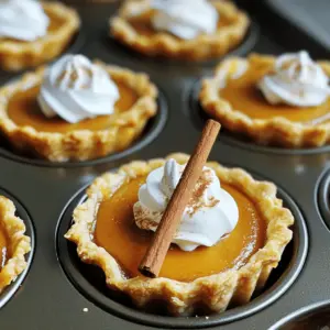 To make Mini Pumpkin Pie Cups, you need a few simple ingredients. Here’s the list to get you started: - 1 cup pumpkin puree - 1/2 cup sweetened condensed milk - 1/4 cup brown sugar - 1 teaspoon ground cinnamon - 1/2 teaspoon ground nutmeg - 1/4 teaspoon ground ginger - 1/4 teaspoon salt - 1 large egg - 1 package (1 sheet) of pre-made pie crusts or homemade - Whipped cream for topping - Cinnamon sticks for garnish This combination creates a smooth and creamy filling that is both sweet and spiced. Each ingredient plays a role in building flavor. Pumpkin puree gives rich texture. Sweetened condensed milk adds creaminess and sweetness. The spices, like cinnamon and nutmeg, bring warmth to each bite. Using pre-made pie crusts saves time, but homemade can add a personal touch. Don't forget the whipped cream! It makes every cup feel festive. Finally, the cinnamon sticks are not just for looks; they add a nice aroma and extra flavor. For the full recipe, check out the detailed instructions. Enjoy making these bite-sized treats! - Preheat the oven to 375°F (190°C). This step is key for even baking. - Prepare the pie crusts in a mini muffin tin. Roll out a pre-made pie crust on a floured surface. - Using a round cookie cutter, cut out circles. Press each circle into the mini muffin cups. Make sure they fit snugly. - Mix the filling ingredients thoroughly in a large bowl. Combine pumpkin puree, sweetened condensed milk, brown sugar, ground cinnamon, ground nutmeg, ground ginger, salt, and one large egg. Whisk until smooth. - Fill the cups with the pumpkin mixture. Pour the filling into each pie shell, filling them about three-quarters full. - Bake for 15-20 minutes. Check for doneness by inserting a toothpick into the center of one pie. It should come out clean when they are set. - Cool the mini pumpkin pie cups properly. Let them sit in the pan for about 5 minutes. Then, move them to a wire rack to cool completely. - Top with whipped cream and garnish with cinnamon sticks. This adds a nice touch and makes them look great. Enjoy your mini pumpkin pie cups as a tasty fall dessert! For the full recipe, check the section above. To achieve the perfect crust texture, use chilled pie dough. This helps it keep its shape. When rolling out the dough, keep it about 1/8 inch thick. This thickness helps create a crispy crust. Press the dough firmly into the muffin tin. Make sure there are no air pockets. This ensures even baking. For a smoother filling, mix the ingredients well. Start with the pumpkin puree and sweetened condensed milk. Then, add the sugars and spices. Whisk until no lumps remain. I like to use a hand mixer for a super smooth texture. Adding the egg last helps blend everything nicely. When serving mini pumpkin pie cups, presentation matters. Arrange them on a beautiful platter. You can drizzle caramel sauce over them for a sweet touch. This makes them look extra special. For larger gatherings, pair them with hot drinks. Coffee, tea, or even spiced cider work well. They add warmth and comfort to your dessert table. These cups also make great party favors. Just place them in small boxes for guests to take home. For the full recipe, check the section above. Enjoy making these mini treats! {{image_4}} You can make these mini pumpkin pie cups even better with some easy swaps. If you want a healthier option, try using alternative sweeteners. Some great choices include honey or maple syrup. They add lovely flavor while cutting down on refined sugar. For those who are dairy-free, there are options for the filling. You can use coconut milk instead of sweetened condensed milk. This gives a rich taste and creamy texture without dairy. To make your mini pumpkin pie cups stand out, think about adding chocolate or other spices. A sprinkle of cocoa powder will bring a nice twist to the classic flavor. You could also try adding a pinch of allspice or cardamom for an extra kick. Topping your mini pies with flavored whipped cream can also add fun. Try adding vanilla or maple syrup to the whipped cream before you dollop it on top. This simple change gives a burst of flavor that pairs well with the pumpkin filling. For the full recipe of these delightful treats, check out the details above! After enjoying your mini pumpkin pie cups, store any leftovers in the fridge. Place them in an airtight container. This helps keep them fresh. Ideally, eat them within three to four days for the best taste. If you want to keep them fresh longer, cover them with plastic wrap before sealing. You can also freeze mini pumpkin pie cups for later. To do this, let them cool completely first. Then, place them in a single layer on a baking sheet. Freeze them for about two hours. Once frozen, transfer them to a freezer bag. This way, they won’t stick together. To reheat, take them out and let them thaw in the fridge overnight. Then, warm them in the oven at 350°F (175°C) for about 10 minutes. Enjoy your tasty treat anytime! For the full recipe, check the section above. Mini pumpkin pie cups last about 3 to 4 days in the fridge. Store them in an airtight container. If you want them to last longer, you can freeze them. They can stay fresh in the freezer for up to 2 months. Yes, you can use fresh pumpkin! Just cook the pumpkin until soft, then mash it. Be sure to drain any excess water. This will help you get the right texture for your mini pumpkin pie cups. For a lighter option, you can use coconut milk or almond milk. You can also blend silken tofu with some sweetener. This will give you a creamy texture without the added sugar. To make mini pumpkin pie cups gluten-free, use a gluten-free pie crust. You can find pre-made options in stores. Alternatively, you can make your own crust using gluten-free flour. In this blog post, we covered how to make mini pumpkin pie cups. We discussed the key ingredients like pumpkin puree and sweetened condensed milk. Then, I shared step-by-step instructions for preparing, baking, and cooling. We also explored tips for perfecting your pies and offered fun serving suggestions. Finally, I covered variations, storage, and answered common questions. These mini treats are easy to make and delicious to share. Enjoy your baking!