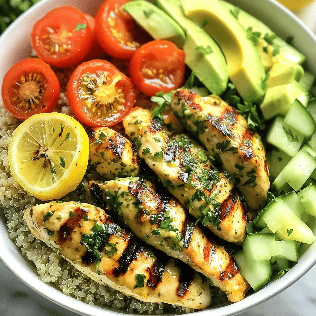 - 2 boneless, skinless chicken breasts - 1/4 cup extra virgin olive oil - Zest and juice of 2 fresh lemons - 3 cloves garlic, finely minced - 1 tablespoon fresh rosemary, finely chopped - 1 tablespoon fresh thyme, finely chopped - Sea salt and freshly ground black pepper, to taste - 1 cup quinoa or brown rice, thoroughly cooked - 1 cup cherry tomatoes, halved - 1 cucumber, diced into bite-sized pieces - 1 ripe avocado, sliced into wedges - A handful of fresh parsley leaves, for garnish The ingredients for grilled lemon herb chicken bowls are fresh and vibrant. The chicken is the star. I use boneless, skinless breasts for easy cooking. The olive oil adds richness, while the lemon brings a bright, zesty flavor. Next, I add garlic, rosemary, and thyme. These herbs add depth and aroma. A sprinkle of sea salt and pepper enhances the taste. For the bowls, I choose quinoa or brown rice as a base. Both are hearty and filling. I also add cherry tomatoes for sweetness and cucumbers for crunch. Avocado gives a creamy texture. Finally, fresh parsley adds a pop of color and freshness. This dish is not just about taste; it's also about how it looks. The colors from the veggies and herbs make it appealing. This recipe, outlined in the Full Recipe, is perfect for a family meal or a gathering with friends. 1. First, combine the olive oil, lemon zest, lemon juice, minced garlic, chopped rosemary, thyme, and a good pinch of salt and pepper in a bowl. 2. Then, take the chicken breasts and place them in a resealable plastic bag. Pour the marinade over the chicken. 3. Seal the bag tightly. Make sure the chicken is well coated in the marinade. 4. Place the bag in the refrigerator. Let it marinate for at least 30 minutes, or up to 2 hours for better flavor. 1. Preheat your grill to medium-high heat. Make sure it is hot before cooking. 2. Remove the chicken from the marinade, shaking off any extra liquid. 3. Grill the chicken for 6 to 7 minutes on each side. 4. Cook until the chicken is fully done and has nice grill marks. The internal temperature should reach 165°F (75°C). 1. After grilling, let the chicken rest for 5 minutes on a cutting board. This keeps it juicy. 2. Slice the chicken into strips. 3. In serving bowls, start with a base of cooked quinoa or brown rice. 4. Layer the sliced chicken over the grains. 5. Add halved cherry tomatoes, diced cucumber, and avocado slices on top. 6. Drizzle with any leftover marinade for extra flavor. 7. Finally, sprinkle fresh parsley leaves over each bowl to add color and freshness. For the full recipe, check out the detailed instructions above! Enjoy your Grilled Lemon Herb Chicken Bowls! For great flavor, let your chicken marinate for at least 30 minutes. If you want a stronger taste, go for 2 hours. This time lets the spices soak in. To balance flavors, add more herbs like parsley or spices like paprika. Experiment until it sings for you! Control the grill temperature. Aim for medium-high heat. This helps keep your chicken juicy. To check if your chicken is done, use a meat thermometer. Aim for 165°F (75°C). You can also press the chicken. If it feels firm, it’s ready. Avoid cutting into it, as this lets juices escape. Pair your chicken bowls with sides like grilled veggies or a light salad. A yogurt sauce or a simple vinaigrette can add zest. For presentation, use colorful bowls. Arrange the ingredients neatly, and top with lemon wedges. This gives a fresh, bright look to your meal. For the full recipe, check out the instructions above! {{image_4}} You can easily change the protein in this dish. Try shrimp or tofu instead of chicken. Shrimp cooks fast and tastes great with lemon. Tofu absorbs flavors well, making it a good choice for vegetarians. You can also swap out the grains. Instead of quinoa or brown rice, use couscous or farro. Couscous cooks quickly and has a light texture. Farro adds a nutty flavor and chewy bite. Want to mix up the taste? Try different citrus fruits. Lime or orange can add a nice twist. You can also change the herbs. Basil or cilantro work well with this dish too. If you like some heat, add chili flakes or jalapeños. These add spice without overpowering the dish. Start with a little, then adjust to your taste. Using seasonal ingredients can elevate your meal. In summer, add fresh corn or bell peppers. In winter, try roasted squash or Brussels sprouts. These veggies not only taste great, but they also look nice in your bowl. You can also incorporate fruits like strawberries or peaches in summer. They add sweetness and color. For winter, consider pomegranate seeds for a pop of flavor and crunch. For the full recipe, check out the complete guide. Enjoy experimenting with these variations! To store leftovers properly, let the bowls cool first. Place them in airtight containers. This way, the chicken and veggies stay fresh. You can keep them in the fridge for up to three days. To keep ingredients fresh, do not mix them all together. Store the chicken, grains, and veggies separately. It helps maintain their texture and taste longer. You can freeze individual components or full bowls. For best results, freeze the chicken and grains separately. This helps them stay fresh longer. When you want to eat them, thaw overnight in the fridge. Reheat the chicken in the oven or on the grill for the best flavor. For grains, you can use the microwave or stovetop. Cooked chicken stays fresh in the fridge for about three days. Cooked quinoa or brown rice lasts about four days. Fresh veggies will stay good for up to two days. Watch for signs of spoilage. If the chicken smells off or has a strange color, throw it away. If the grains feel slimy or look discolored, it’s best to discard them. Enjoy your Grilled Lemon Herb Chicken Bowls with confidence! You can find the full recipe above. Yes, you can use frozen chicken. First, thaw the chicken safely in the fridge overnight. If you’re short on time, you can thaw it in cold water. Just keep the chicken in a sealed bag. Change the water every 30 minutes until thawed. After thawing, pat the chicken dry before marinating it. This way, the marinade sticks better. You can use other grains if you prefer. Good options include couscous, farro, or even barley. Each grain has a unique flavor and texture. For couscous, simply add boiling water and let it sit for five minutes. For farro or barley, cook them in boiling water for about 30 minutes until tender. These grains fit well with the lemon herb chicken. To make this dish low-carb, skip the grains. Instead, use leafy greens as a base. Spinach, arugula, or kale work great. You can also add more veggies like bell peppers or zucchini. These keep the bowl light yet satisfying. Consider using cauliflower rice for a grain-free option. It adds great texture and keeps the flavor high. This blog post shared a simple, tasty chicken bowl recipe. We covered main ingredients, marinating, and grilling the chicken. You learned how to assemble a healthy bowl and explored tips for perfecting flavors. Variations showed you how to swap ingredients for your taste. We also discussed storage and answered common questions. Now, you have the tools to create a delicious meal. Enjoy experimenting with flavors and ingredients!