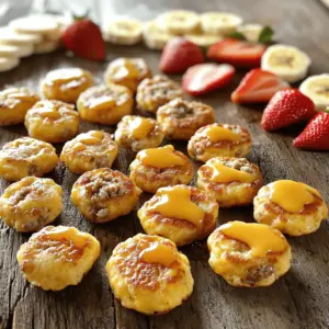 To make these tasty McGriddle Bites, gather these simple items: - 1 cup pancake mix - 1/2 cup milk - 1 large egg - 1/4 cup pure maple syrup - 1/2 teaspoon pure vanilla extract - 1/2 cup cooked sausage, crumbled - 1/4 cup shredded sharp cheddar cheese - Cooking spray for greasing - Optional: Freshly sliced strawberries or banana for serving You can swap some ingredients if you need to. Here are a few ideas: - Use almond milk instead of regular milk for a dairy-free option. - Try a plant-based egg substitute to replace the egg for vegan bites. - If you don’t have sausage, crumbled bacon or diced ham works great too. - For a different flavor, substitute cheddar cheese with pepper jack or mozzarella. Choosing fresh ingredients makes a big difference. Here’s how to pick the best items: - Pancake Mix: Check the expiration date. It should be fresh for the best rise. - Milk: Smell it before buying. It should have no sour odor. - Eggs: Look for clean, uncracked shells. They should feel heavy for their size. - Syrup: Go for pure maple syrup. It has more flavor than the fake stuff. - Cheese: Choose cheese that feels firm and smells fresh. Avoid any that feel sticky or smell off. These tips will help you create McGriddle Bites that taste amazing! For the full recipe, see above. Making McGriddle Bites is easy and fun. You mix simple ingredients, cook them in small bites, and serve with syrup. This recipe takes about 20 minutes. You can make enough for four people. 1. Mix the batter: In a medium bowl, combine pancake mix, milk, egg, maple syrup, and vanilla extract. Whisk it well until smooth. 2. Add fillings: Gently fold in crumbled sausage and shredded cheddar cheese. This makes each bite tasty and filling. 3. Heat the skillet: Preheat a non-stick skillet or griddle on medium heat. Lightly spray the surface with cooking spray to avoid sticking. 4. Scoop the batter: Use a tablespoon to drop small amounts of batter onto the skillet. Leave space between each one. 5. Cook the bites: Let them cook for 2-3 minutes. Look for small bubbles forming on top. This shows they are ready to flip. 6. Flip and finish: Carefully turn each pancake over. Cook for 2 more minutes until they are golden brown on both sides. 7. Keep warm: Once cooked, place the McGriddle Bites on a plate covered with a clean kitchen towel. This keeps them warm while you finish the rest. 8. Serve: Drizzle with extra maple syrup. For a fruity twist, top with fresh strawberries or banana slices. - Medium mixing bowl - Whisk - Non-stick skillet or griddle - Cooking spray - Tablespoon for scooping - Clean kitchen towel for covering For the full recipe, check out the detailed steps above. Happy cooking! To make your McGriddle Bites fluffy, use fresh ingredients. Mix the pancake mix with milk and egg until smooth. Do not over-mix; a few lumps are fine. Fold in the sausage and cheese gently. This keeps the batter light. Use a hot skillet, but not too hot. A medium heat works best for even cooking. A few mistakes can ruin your McGriddle Bites. First, avoid using cold ingredients. Always use room temperature milk and eggs. This helps the batter blend well. Second, don’t crowd the skillet. Leave space between each bite to cook evenly. Lastly, resist the urge to flip too soon. Wait for bubbles to form before flipping. Serve McGriddle Bites warm with extra maple syrup. They pair well with fresh fruit. Sliced strawberries or bananas add a nice touch. You can also serve them with yogurt for a creamy contrast. For a savory option, try a side of crispy bacon or scrambled eggs. These ideas make breakfast fun and tasty. For the full recipe, check out the [Full Recipe]. {{image_4}} You can add a sweet twist to your McGriddle Bites. Consider using fresh fruit. Strawberries or bananas work great. They add natural sweetness and flavor. To do this, simply fold in chopped fruit into the batter. You can also top your bites with more fruit after cooking. A drizzle of honey or extra maple syrup is a nice touch. If you prefer a savory bite, you have many options. Try adding cooked bacon or ham for extra flavor. You can also include diced bell peppers or green onions. These ingredients boost taste and add color. For a cheesy kick, mix in your favorite cheese. Think about pepper jack for a bit of heat. These savory twists make each bite unique and fun. For a vegan version, swap the egg with flaxseed meal. Mix one tablespoon of flaxseed with three tablespoons of water. Let it sit until it thickens. Use almond milk or soy milk instead of regular milk. For gluten-free bites, select a gluten-free pancake mix. These small changes keep the taste delicious while meeting dietary needs. Check out the Full Recipe for all the tasty details! To keep your McGriddle Bites fresh, store them in an airtight container. Let them cool first. You can keep them in the fridge for up to three days. If you want to enjoy them later, wrap them tightly in plastic wrap. This keeps out air and moisture. When you're ready to eat your McGriddle Bites, you can reheat them easily. Use a microwave for quick heat. Place them on a microwave-safe plate. Heat for about 30 seconds. Check if they are warm enough. If not, heat in 15-second bursts. You can also use a skillet to reheat. Just warm it over low heat for a few minutes, flipping them once. Freezing McGriddle Bites is a great way to make meals ahead of time. Let them cool completely, then place them in a single layer on a baking sheet. Freeze for about an hour. Once frozen, transfer them to a freezer bag. They can last up to two months in the freezer. To enjoy, just thaw them in the fridge overnight before reheating. This method keeps them tasty and ready for breakfast. McGriddle Bites are small pancakes with sweet and savory flavors. They mix maple syrup, sausage, and cheese in a bite-sized form. You can enjoy them for breakfast or as a snack. They are easy to make at home using the Full Recipe. McGriddle Bites are thicker and more filling than regular pancakes. They have a unique blend of sweet and savory in every bite. Regular pancakes are usually just sweet, while McGriddle Bites add fun flavors. The addition of sausage and cheese makes them stand out. Absolutely! You can add your favorite ingredients. Try using different meats like bacon or ham. You can also switch the cheese for a milder or stronger flavor. Fresh fruits like blueberries or bananas can add sweetness, too. Make them your own! Many fast food places offer McGriddle Bites as part of their breakfast menu. They are often found at chains known for breakfast items. Check local menus or apps to see if they sell them near you. Promotions can vary by location and time. Many restaurants offer deals through apps or loyalty programs. It’s best to check their websites or social media for current offers. You might find special pricing or combo deals on McGriddle Bites. McGriddle Bites are fun and easy to make at home. We explored key ingredients, cooking steps, and ways to store them. You learned about substitutions and how to achieve the best texture. Variations let you customize flavors. Remember, fresh ingredients make a big difference. With these tips, you can create a delicious treat anytime. Enjoy your cooking, and impress others with your tasty McGriddle Bites!
