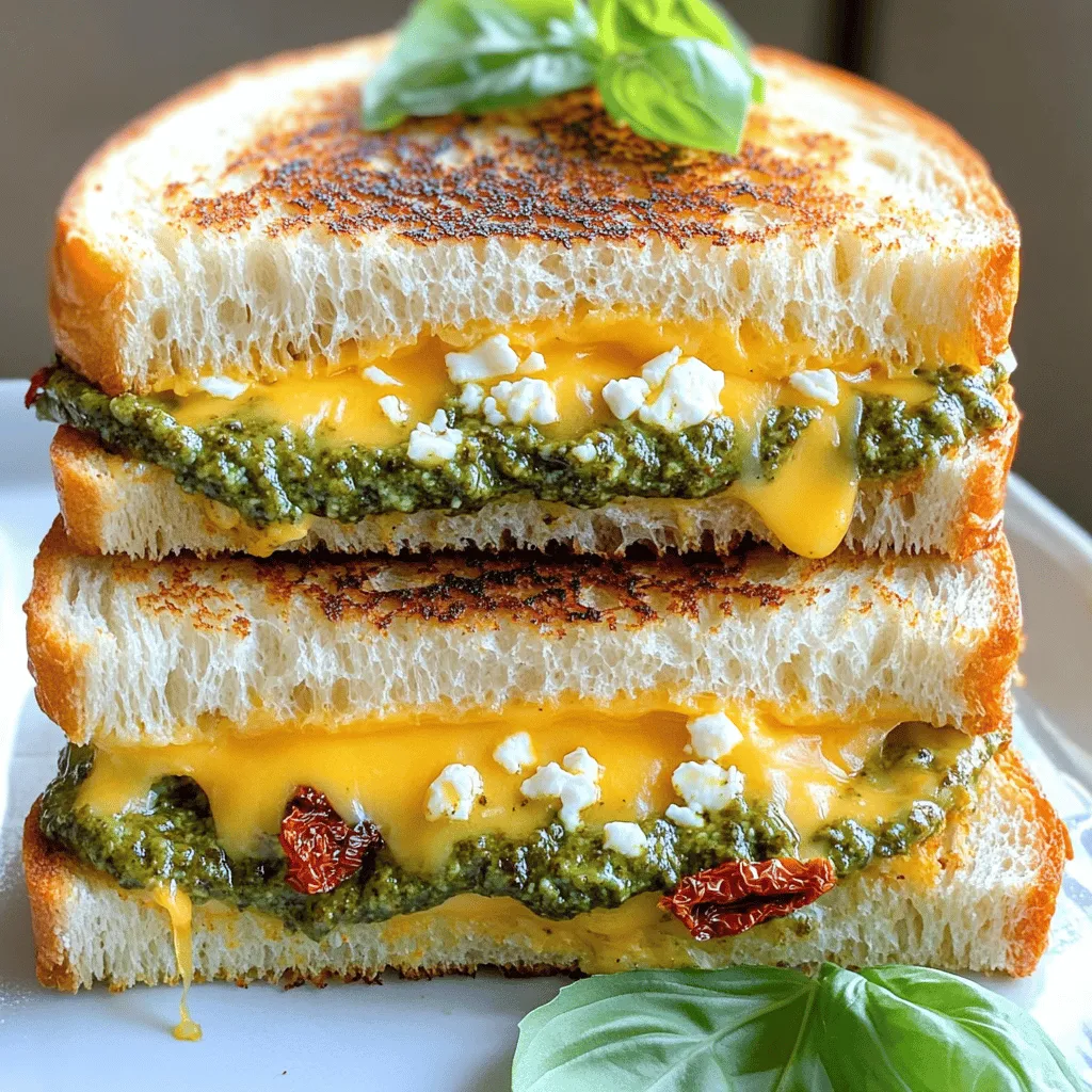 To start, choose your bread wisely. I love using hearty sourdough. It gives a nice crunch. Whole wheat also works well and adds fiber. Next, think about cheese. Sharp cheddar is my go-to. It melts wonderfully and packs flavor. Feta adds a nice tang, while mozzarella creates that gooey texture we all love. Now, let’s explore some fun add-ins. Pesto adds a burst of herbal flavor. Sun-dried tomatoes bring a sweet, chewy bite. You can also try some fresh basil leaves for a pop of color. For seasonings, I recommend garlic powder. A dash of black pepper raises the flavor to a new level. What should you serve with your grilled cheese? A simple side salad complements it well. Tomato soup is a classic pairing. You can also dip your sandwich in marinara sauce for a gourmet touch. It’s an easy way to elevate your meal. For the complete recipe, check out the Full Recipe section. Start by gathering your ingredients. You want to have them ready for quick assembly. For this recipe, you will need: - 4 slices of hearty sourdough bread - 2 tablespoons unsalted butter, softened - 1 tablespoon vibrant pesto - 1 cup sharp cheddar cheese, freshly shredded - 1/2 cup creamy feta cheese, crumbled - 1/4 cup sun-dried tomatoes, finely chopped - 1/4 teaspoon garlic powder - 1/4 teaspoon freshly ground black pepper - Several fresh basil leaves Next, butter the bread. Spread softened butter on one side of each slice. Make sure you cover it well. This helps create a perfect crust when grilling. For cooking, I recommend using a non-stick skillet. Preheat it over medium heat. This ensures a nice, even cook. Place two slices of bread in the skillet, buttered side down. Spread pesto on the unbuttered side of each slice. Add the cheese mixture on top. Layer the sun-dried tomatoes and the rest of the cheese. Finish with the other two slices of bread, buttered side up. Cook each sandwich for about 3 to 4 minutes on each side. You want them golden brown and the cheese melted. Keep an eye on them. Adjust heat if needed to avoid burning. Once grilled, remove the sandwiches from the skillet. Let them rest for a minute. This helps the cheese set, making them easier to cut. Slice the sandwiches in half diagonally for a beautiful presentation. Garnish with fresh basil leaves to add color and flavor. Serve on a rustic wooden platter for a gourmet touch. Enjoy your ultimate gourmet grilled cheese sandwich! For detailed cooking steps, check the Full Recipe. To get the best grilled cheese, use medium heat on your stove. This heat helps the bread crisp up while the cheese melts well. If your stovetop runs hot, lower the heat slightly. After grilling, let the sandwich rest for a minute. This helps the cheese set and makes slicing easier. One big mistake is overloading your sandwich with too many ingredients. Too much can make it soggy and hard to grill. Stick with two to three main ingredients. Also, choose the right cheese and bread. Not all cheeses melt well. Sharp cheddar or mozzarella are great picks. For bread, use something sturdy like sourdough or whole wheat. Add herbs and spices for a gourmet twist. Try mixing in dried oregano or fresh basil. This adds a delightful taste. You can also experiment with flavored butters. Mixing garlic or herbs into butter gives your sandwich an extra layer of flavor. For a unique touch, try pesto butter. It pairs well with the cheese and adds a nice zing. For the full recipe, check out the Ultimate Gourmet Grilled Cheese Sandwich. {{image_4}} Grilled cheese sandwiches are fun to make and eat. You can change them up in many ways. Here are some tasty ideas. - Margherita-style grilled cheese: Use fresh mozzarella, tomatoes, and basil. This combo gives a fresh taste. - Spicy grilled cheese with pepper jack: Add pepper jack cheese for a kick. Pair it with jalapeños for extra heat. - Sweet and savory grilled cheese: Try apple and brie. The sweetness of the apple pairs well with the creamy brie. - International twists: Combine pesto and mozzarella for an Italian twist. Or make a French toast style, using eggy bread for a sweet touch. - Plant-based cheese and bread choices: Use vegan cheese and whole grain bread for a healthy option. There are many tasty brands to choose from. - Creative veggies to include: Add spinach, tomatoes, or even avocado for added nutrition. These ingredients make your sandwich colorful and delicious. These ideas show how easy it is to make your grilled cheese unique. You can explore flavors and create your own twist. For more inspiration, check the Full Recipe for the ultimate gourmet grilled cheese sandwich! To keep your leftover grilled cheese fresh, wrap each sandwich in plastic wrap or aluminum foil. This helps to trap moisture and keep the bread soft. Place the wrapped sandwiches in an airtight container in your fridge. For freezing, lay the sandwiches flat in a freezer bag. Remove as much air as possible before sealing. You should eat refrigerated grilled cheese within 3 to 5 days. If you freeze them, they can last up to 2 months. Look for signs of spoilage, like mold or an off smell. If the bread feels too dry or hard, it's best to throw it away. When reheating, use the oven for the best results. Preheat it to 350°F (175°C) and place the sandwich on a baking sheet. Heat for about 10-15 minutes until warm and crispy. You can use a microwave, too, but this can make the bread soggy. If you must, place a paper towel under the sandwich to absorb moisture and heat it for short bursts. You can use olive oil, avocado oil, or even coconut oil. These oils add flavor and crispness. You can also try margarine or vegan butter. They work well in place of regular butter. This way, you can still enjoy a tasty sandwich with less saturated fat. Sharp cheddar cheese tops my list. It melts great and has a strong taste. Gouda and mozzarella are also good choices. They add creaminess and stretchiness that many love. For something unique, try fontina or brie. Each cheese brings its own flavor and texture. Absolutely! You can add ingredients to make it your own. Try adding sautéed mushrooms or spinach for a veggie boost. You could also use different cheeses for variety. If you like spice, add jalapeños or hot sauce. The options are endless! Keep your heat at medium-low. This helps the bread brown evenly without burning. Use enough butter or oil to coat the bread well. Let the sandwich cook slowly. Flip it carefully, and let it rest before slicing. This keeps the cheese from spilling out. It can be, depending on the ingredients. Whole grain bread and low-fat cheese make it better. Adding veggies boosts nutrition too. If you worry about fat, use less cheese or oil. Enjoy it in moderation, and pair with a salad for balance. Yes, you can! Mayonnaise adds a rich flavor and helps with browning. It spreads easily on bread. However, it has a higher fat content than butter. Use less to keep it lighter. Experiment and see what you like best! For more ideas, check the Full Recipe. In this blog post, I covered all you need for a great grilled cheese sandwich. From selecting the best bread and cheese to tasty add-ins and side pairings, I helped you understand each step. I shared tips for cooking and storing leftovers, plus answers to common questions. Remember, making a perfect grilled cheese is all about creativity. Don't be afraid to experiment! Enjoy your cooking adventure and impress your family and friends with your grilled cheese skills.