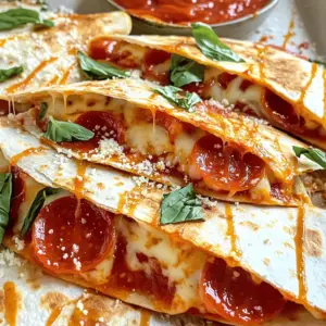 To make delicious pepperoni pizza quesadillas, you'll need a few key ingredients. Here’s the list: - 4 large flour tortillas - 1 cup shredded mozzarella cheese - 1 cup sliced pepperoni - 1/2 cup marinara sauce - 1/2 teaspoon dried oregano - 1/2 teaspoon garlic powder - 1 tablespoon olive oil - Optional ingredients for variation: sliced black olives, bell peppers These ingredients come together to create a fun twist on classic pizza. The flour tortillas serve as the base, while the mozzarella cheese and pepperoni bring that familiar pizza flavor. The marinara sauce adds a tasty layer, and the spices enhance the overall taste. If you want to switch things up, consider adding black olives or bell peppers for extra crunch and flavor. You can find the full recipe for step-by-step instructions to create this easy dish. To start, grab a medium bowl. In this bowl, combine 1 cup of shredded mozzarella cheese with 1 cup of sliced pepperoni. This mix gives a nice pepperoni flavor. Next, add 1/2 teaspoon of dried oregano and 1/2 teaspoon of garlic powder. These spices add depth to your filling. Stir well until everything mixes evenly. Set it aside for later. Now, take a large skillet. Place it on the stove and set the heat to medium. Pour in 1 tablespoon of olive oil and let it warm. You want it to shimmer, which means it's ready for cooking. Lay one large flour tortilla flat in the hot skillet. Spread a thin layer of marinara sauce on top. Then, sprinkle half of your cheese and pepperoni mix over the sauce. If you like, add sliced black olives or bell peppers for extra flavor. Next, take another tortilla and place it on top of the filling. Press it down gently so it cooks evenly. Let it cook for about 3-4 minutes. You want the bottom to turn golden brown and crispy. Carefully flip the quesadilla with a spatula. Cook the other side for another 3-4 minutes. It should be golden, and the cheese should melt perfectly. Once done, remove it from the skillet. Repeat this process for the rest of your tortillas and filling. Finally, cut each quesadilla into wedges and serve them warm. Don’t forget the extra marinara sauce for dipping! For the full recipe, check the complete instructions provided earlier. To get that perfect crunch, cook your quesadillas for about 3-4 minutes on each side. Watch them closely. When the bottom is golden brown, it's time to flip. Use a large spatula to slide under the quesadilla. Gently lift and flip it over. This helps keep the filling inside. If you press too hard, the cheese may ooze out. Want to jazz up your quesadillas? Add toppings like sliced olives, mushrooms, or bell peppers. These give your dish extra flavor and texture. You can also try using fresh herbs like basil or parsley for a fresh garnish. They add color and a burst of taste. Just sprinkle them on top before serving. Pair your quesadillas with something tasty. Marinara sauce is a classic choice. You can also try ranch or guacamole for a fun twist. For a nice presentation, slice your quesadillas into wedges. Arrange them in a circle on a plate. Drizzle extra marinara sauce over them for a beautiful touch. Add a sprinkle of cheese or herbs to finish it off. This makes your dish look great and ready to share! {{image_4}} You can easily make a vegetarian version of these quesadillas. Start by swapping out the pepperoni. Use veggies like mushrooms, bell peppers, or spinach. These add great flavor and texture. You can also add some sliced olives for a salty bite. For cheese, try a blend of mozzarella and provolone. If you need a dairy-free option, use vegan cheese. It melts well and tastes good. Cheese is key to a great quesadilla. While mozzarella is classic, you can switch it up. Cheddar cheese adds a sharp taste. A cheese blend brings different flavors together. For extra creaminess, mix in some cream cheese. This makes the filling rich and smooth. It also helps hold the fillings together. If you want a low-carb option, use low-carb tortillas. These are soft and hold up well. For fillings, try grilled chicken or sautéed zucchini. You can still use cheese, but consider using less. This keeps the carbs down while still being tasty. Also, add spices like chili powder for extra kick. Store leftover quesadillas in an airtight container. This keeps them fresh and tasty. You can refrigerate them for up to three days. However, they taste best when eaten fresh. You can reheat quesadillas in a microwave or oven. The microwave is quick, but it may make them soft. For a crispy texture, use the oven. Preheat it to 350°F (175°C) and bake for about 10 minutes. This helps keep the quesadillas crispy and delicious. You can freeze quesadillas before or after cooking. If freezing before cooking, wrap each quesadilla in plastic wrap. Place them in a freezer bag, and they will last for up to three months. To freeze cooked quesadillas, let them cool first. Then, wrap them tightly and store in a freezer bag. To thaw, place them in the fridge overnight. You can also use the microwave for quick thawing. Just be careful not to overheat. To make pepperoni pizza quesadillas, start by mixing cheese and pepperoni. Add oregano and garlic powder for flavor. Heat olive oil in a skillet. Place a tortilla in the skillet and spread marinara sauce on it. Sprinkle half of the cheese and pepperoni mix. Top with another tortilla. Cook until golden brown, then flip and cook the other side. Repeat with remaining tortillas. Finally, cut into wedges and serve with extra marinara sauce. For full details, check the Full Recipe. Yes, you can add more ingredients! Sliced black olives or bell peppers work great. You can also use mushrooms or spinach for extra veggies. Feel free to mix in some cooked chicken or sausage for added protein. Experiment with your favorite toppings to make it your own! Popular dipping sauces for quesadillas include marinara sauce and ranch dressing. You can also try salsa or guacamole for a fresh twist. For a spicy kick, add hot sauce or sriracha. These sauces enhance the flavor and make each bite even better! You’ve learned how to make delicious pepperoni pizza quesadillas. We covered all the ingredients, step-by-step cooking, and tips for crispy results. You even discovered some tasty variations and storage advice. Quesadillas are fun and easy to customize. You can try new toppings to find your favorite. Enjoy these delightful meals with friends and family. Get cooking, and make your next meal a hit!