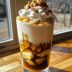 To make a tasty Apple Crisp Cold Brew Latte, you need a few key items: - 1 cup cold brew coffee - ½ cup almond milk (or any milk of choice) - 1 medium apple, peeled and diced into small cubes - 1 tablespoon brown sugar - ½ teaspoon ground cinnamon - ¼ teaspoon ground nutmeg - 1 tablespoon pure maple syrup - 1 teaspoon vanilla extract - ¼ cup granola (for a crunchy topping) - Whipped cream (optional, for an indulgent garnish) - Extra ground cinnamon (for a finishing touch) These ingredients work together to create a cozy drink that brings fall flavors to life. The cold brew coffee provides a smooth base, while the spices and apples add warmth and sweetness. If you prefer different milk, you have great choices! You can use: - Oat milk - Coconut milk - Soy milk - Whole milk Each option changes the flavor and texture a bit. Experiment with what you like best. Oat milk gives a creamy feel, while coconut milk adds a nice hint of sweetness. Sometimes, you may not have all the fresh ingredients. Here are some quick swaps: - Use canned apple pie filling instead of fresh apples. It’s sweet and easy. - Swap brown sugar for honey or agave syrup for less refined sweetness. - If you don’t have maple syrup, try using simple syrup made from sugar and water. These substitutions keep the spirit of the recipe while making it easier to prepare. Enjoy the Apple Crisp Cold Brew Latte with these flexible options! For the full recipe, check the section above. Start by peeling and dicing your apple into small cubes. This helps them cook evenly. In a small saucepan, mix the diced apple with brown sugar, ground cinnamon, and ground nutmeg. Heat this over medium heat. Stir it for about 5-7 minutes. You want the apples to soften and smell great. Once they do, take the pan off the heat. Let it cool a bit before using. Grab a glass or mixing jar. Pour in 1 cup of cold brew coffee. Add in ½ cup of almond milk, or any milk you like. Next, mix in the maple syrup and vanilla extract. Use a spoon or whisk to stir it all together. You want it to be creamy and well combined. Now, let’s put it all together! Take a tall glass and start by spooning the warm apple mixture into the bottom. This will give your drink a nice base. Carefully pour the cold brew latte mixture over the apples. Watch how the layers form! If you want to make it even better, add a dollop of whipped cream on top. Sprinkle some granola over the cream for a nice crunch. Finish with a light dusting of extra ground cinnamon. This adds lovely aroma and flavor. Take a moment to admire your drink before you enjoy it. The warm apple spice and chilled coffee create a perfect fall treat. For the full recipe, check out the section above. To get the best flavor from your Apple Crisp Cold Brew Latte, start with fresh ingredients. Use ripe apples for a sweet, juicy taste. I recommend Honeycrisp or Fuji apples, as they add great sweetness and crunch. The spices in the apple mixture, like cinnamon and nutmeg, create warmth. These spices balance the cold brew coffee's smoothness. Mixing in maple syrup enhances the sweetness. It ties together all the flavors. Always taste your mixture and adjust the sweetness to your liking. Choosing the right coffee blend is key. A medium roast works best for this drink. It offers a balanced flavor that won’t overpower the apple mixture. Look for blends with chocolate or nutty notes. These flavors pair well with the spices. Cold brew coffee should be smooth and not too bitter. If you prefer a stronger coffee taste, go for a dark roast. Just remember to brew it strong to keep the flavor bold. If you have leftover apple mixture, store it in an airtight container. You can keep it in the fridge for up to three days. This mixture makes a great topping for pancakes or yogurt too! Just reheat it gently on the stovetop before using. This way, you can create a quick apple dessert or breakfast treat. Enjoy the warm apple flavor anytime! For the full recipe, check out the Apple Crisp Cold Brew Latte. {{image_4}} You can easily make this drink vegan. Just swap dairy milk for almond milk or oat milk. Both options keep it creamy and tasty. Use maple syrup to sweeten. It adds a rich flavor without using honey. For the whipped cream, choose a coconut-based one. It will top your latte perfectly. Want to boost the flavor? Try adding a pinch of ginger or cloves. These spices give a warm touch. You can also switch the apple for pears. They add a nice twist to the drink. If you love caramel, drizzle some on top for extra sweetness. It makes the latte feel more like a treat. For a dessert-style latte, add a scoop of vanilla ice cream. Place it on top of the warm apple mixture. Pour the cold brew latte over the ice cream. It will melt slightly and mix in. This adds a rich and creamy texture. You can top it with more granola and cinnamon. This will create a fun and delicious dessert experience. To keep the apple mixture fresh, place it in an airtight container. Store it in the fridge. It can last for about 3 to 4 days. If you notice any browning, add a bit of lemon juice. This will help keep it vibrant. When you are ready to use it, just reheat it in a pan. Stir it gently to warm it up without cooking it further. Cold brew coffee has a nice shelf life. You can store it in the fridge for up to two weeks. Keep it in a sealed container to keep it fresh. If you notice any strange smells or tastes, it’s best to toss it. To save time, make a big batch. This way, you have cold brew ready for your Apple Crisp Cold Brew Latte. To enjoy your Apple Crisp Cold Brew Latte on busy mornings, prep ahead. Make the apple mixture and cold brew coffee a day in advance. Store them in separate containers. When you're ready, layer them together for a quick treat. You can also prepare the latte base and store it in the fridge. This makes morning assembly fast and easy. For the freshest taste, keep the granola and whipped cream separate until serving. This will keep your drink crunchy and delightful. For the complete recipe, check out the Full Recipe section! Yes, you can use fresh apples. However, cooked apples bring more flavor. Cooking softens the apples and mixes their juices with spices. If you choose fresh apples, try to slice them thinly. This method helps the flavors blend. The result is still delicious, but it won't have the same warm taste. Many cafes now serve this tasty drink. Look for local coffee shops that focus on seasonal flavors. Chains like Starbucks often offer seasonal lattes too. Check their fall menus for the Apple Crisp Cold Brew Latte. You can also ask your favorite cafe if they can make it. Most baristas love to try new ideas. To make a low-calorie version, swap some ingredients. Use unsweetened almond milk or oat milk. This change cuts calories without losing flavor. You can also skip the whipped cream. If you use less brown sugar, the drink will still taste great. Lastly, consider using a sugar substitute like stevia. This method keeps the sweetness while lowering the calories. For the full recipe, check the earlier section. You can now create an amazing Apple Crisp Cold Brew Latte at home. We discussed the key ingredients, milk options, and simple substitutions. I provided step-by-step instructions to help you layer your drink perfectly. Tips for flavor and storage ensure your latte stays fresh. I also shared fun variations, like vegan options and a dessert twist. Enjoy crafting this drink to share or savor on your own. With a bit of creativity, you can make it truly yours. Happy brewing!