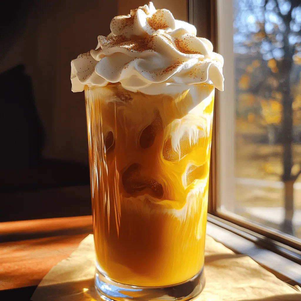 To make the Iced Pumpkin Spice Latte, you need these items: - 1 cup brewed coffee, cooled to room temperature - 1/2 cup milk (your choice of dairy or non-dairy) - 1/4 cup pure pumpkin puree - 2 tablespoons pure maple syrup (adjust to taste) - 1/2 teaspoon pumpkin pie spice (plus additional for garnish) - 1/4 teaspoon pure vanilla extract - Ice cubes, as needed - Whipped cream (optional, for a finishing touch) When it comes to milk, you can pick your favorite. Options include whole milk, almond milk, oat milk, or soy milk. Each will give a unique twist to your drink. For the best flavor, I recommend using high-quality brands. For vanilla extract, look for pure options like Nielsen-Massey or McCormick. For pumpkin puree, Libby’s is a solid choice. It offers a rich flavor that elevates your latte. With these ingredients, you’re ready to create a creamy and flavorful drink that warms your soul. If you want details on the full recipe, check that out for complete guidance. First, grab a medium mixing bowl. Add 1/4 cup pure pumpkin puree. Then, mix in 2 tablespoons pure maple syrup and 1/2 teaspoon pumpkin pie spice. Also, add 1/4 teaspoon pure vanilla extract. Whisk everything together well. You want a smooth mix without any lumps. This flavor base gives your latte that cozy fall taste. Next, brew 1 cup of coffee and let it cool to room temperature. If you want to speed up this process, pour it into a shallow dish. This helps it cool faster. In a separate pitcher, combine the cooled coffee with 1/2 cup of your favorite milk. I like using almond milk for a nutty flavor. Stir gently until the two liquids blend well. Now, it’s time to layer your drink. Fill two glasses with ice cubes. Carefully pour the coffee and milk mixture over the ice. Then, slowly add the pumpkin mix on top. This creates a beautiful layered look. If you like, top each drink with whipped cream. A sprinkle of pumpkin pie spice adds a nice touch. Enjoy your creamy and flavorful iced pumpkin spice latte! Using fresh pumpkin can make a big difference in taste. Fresh pumpkin adds a rich, earthy flavor. However, canned pumpkin puree is convenient and works well too. Just pick a brand with no added sugar. When it comes to milk, you have many choices. Whole milk gives a creamy taste. Almond milk offers a nutty flavor, while oat milk is smooth and sweet. Try different ones to find your favorite mix. You can easily adjust the sweetness in your Iced Pumpkin Spice Latte. Start with the amount of maple syrup in the recipe. If you want it sweeter, add more. Consider using natural sweeteners like honey or agave syrup. These can add unique flavors while keeping it healthier. You can save time by prepping parts of the drink in advance. Make the pumpkin mixture and store it in the fridge. It stays fresh for a few days. Brew coffee and chill it for quick use later. This way, you can enjoy your Iced Pumpkin Spice Latte whenever you like! {{image_4}} If you're looking for a dairy-free Iced Pumpkin Spice Latte, try using almond, oat, or soy milk. Almond milk gives a nutty flavor. Oat milk is creamy and smooth, perfect for lattes. Soy milk adds a nice protein boost. These options make your drink light and delicious. To jazz up your Iced Pumpkin Spice Latte, consider adding chocolate or caramel flavors. A drizzle of chocolate syrup creates a rich taste. Caramel adds sweetness and depth. You can also enhance the seasonal feel with nutmeg or extra cinnamon. These spices make your drink cozy and festive. To make a cold brew version, start with cold brew coffee instead of regular coffee. Use the same ratio of coffee and milk as in the original recipe. Mix your pumpkin mixture with the cold brew. Pour over ice as usual. This method gives a smooth, less acidic flavor. For the full recipe, check out the detailed instructions above. Enjoy customizing your Iced Pumpkin Spice Latte! To store the pumpkin spice mixture, place it in an airtight container. Keep it in the fridge. This mixture lasts about five days. For brewed coffee, let it cool fully. Then, store it in a sealed container in the refrigerator. It can stay fresh for up to a week. If you have leftover latte, you can use it in desserts. Pour it over ice cream for a tasty treat. You can also mix it into pancakes for a fun breakfast twist. Or, try adding it to a cake batter for a cozy flavor. When you prepare the pumpkin spice mix, it can last for five days in the fridge. Brewed coffee remains fresh for about one week. If you make the latte in advance, enjoy it within three days for the best taste. Use fresh ingredients for the best results. Yes, you can use instant coffee. It saves time and is easy to prepare. However, instant coffee may not taste as rich as brewed coffee. If you want a stronger flavor, stick with brewed coffee. Instant coffee can be less smooth and might have a different texture. Pumpkin spice and pumpkin pie spice often confuse many. Pumpkin spice is the flavor of the season. It includes cinnamon, nutmeg, and ginger. Pumpkin pie spice has these spices plus allspice. Use pumpkin pie spice for a richer flavor in your drink. To lighten your Iced Pumpkin Spice Latte, consider these tips: - Use skim milk or a non-dairy milk like almond or oat. - Reduce the amount of maple syrup. You can use less or try a sugar-free version. - Skip the whipped cream on top, or use a lighter option. Many coffee shops serve great Iced Pumpkin Spice Lattes. Starbucks is a popular choice. Local cafes often make unique versions too. Check online reviews to find the best in your area. Ask friends for their favorites! For a detailed guide on making the Iced Pumpkin Spice Latte, check out the [Full Recipe](#). You now have a clear guide to make a delicious Iced Pumpkin Spice Latte. We covered the essential ingredients, easy steps, and creative tips. Remember, you can customize flavors and milk choices to fit your taste. Preparing this drink ahead of time can save you effort on busy days. Try out various options and enjoy your unique version. Make it fun and share it with friends. With practice, you’ll master this cozy drink. Enjoy your homemade delight any time, especially in autumn!