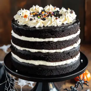 To make your Black Velvet Halloween Cake, gather these must-have items: - 2 cups all-purpose flour - 1 ½ cups granulated sugar - ¾ cup unsweetened cocoa powder - 1 teaspoon baking soda - 1 teaspoon baking powder - ½ teaspoon salt - 1 cup buttermilk, at room temperature - ½ cup vegetable oil - 2 large eggs - 2 teaspoons vanilla extract - 1 cup boiling water - 1 cup heavy whipping cream - ½ cup powdered sugar - 1 teaspoon vanilla extract (for the whipped cream) You can add a few fun twists with these options: - Black gel food coloring (for a deeper color) - Edible glitter or Halloween-themed sprinkles for decoration Ensure you have the right tools for a smooth baking process: - Two 9-inch round cake pans - Mixing bowls (large and small) - Whisk or electric mixer - Rubber spatula - Measuring cups and spoons - Toothpick (for testing doneness) - Wire rack (for cooling) - Sturdy serving plate (for presentation) This list will help you create a spooky and delicious cake. For full details on how to bake and assemble, check the Full Recipe. Start by preheating your oven to 350°F (175°C). Grease two 9-inch round cake pans. Lightly flour the pans to keep the cake from sticking. In a large bowl, sift together the flour, sugar, cocoa powder, baking soda, baking powder, and salt. This step makes sure all dry ingredients mix well. In another bowl, whisk the buttermilk, vegetable oil, eggs, and vanilla extract. Mix until it is smooth. Slowly add this wet mix to the dry ingredients. Stir gently with a spatula. Be careful not to overmix. Next, carefully add the boiling water to the batter. It will be very thin. If you want a darker shade, add a few drops of black gel food coloring. Now, evenly divide the batter between the two prepared pans. Bake in the oven for 30-35 minutes. To check if they are done, insert a toothpick in the center. If it comes out clean, the cakes are ready. Once baked, let them cool in the pans for about 10 minutes. After that, transfer the cakes to a wire rack. Allow them to cool completely before frosting. While the cakes cool, it's time to make the whipped cream. In a mixing bowl, beat the heavy cream with powdered sugar and vanilla extract. Keep beating until soft peaks form. This will create a light and fluffy frosting. Once the cakes are cool, place one layer on a sturdy serving plate. Spread a generous layer of whipped cream on top. Then, gently place the second layer on top. Cover the entire cake with the remaining whipped cream. Smooth it out with a spatula. For a spooky touch, decorate with edible glitter or Halloween sprinkles. This cake will surely be a hit at your Halloween gathering! For the complete details, check the Full Recipe. To make the best whipped cream, use cold ingredients. Start with heavy whipping cream from the fridge. Add powdered sugar and vanilla extract to the bowl. Use a hand mixer or stand mixer on medium speed. Beat until soft peaks form, about 2-3 minutes. Watch it closely so you don’t overbeat. Overbeating can turn it into butter. A perfect whipped cream is light and fluffy. It adds a nice touch to your cake. Keeping your Black Velvet Halloween Cake moist is key. Use buttermilk; it adds richness and moisture. Don’t skip the boiling water in the recipe. It helps dissolve the cocoa powder and keeps the cake soft. Make sure to bake just until done; this prevents dryness. Insert a toothpick into the center; it should come out clean but not dry. Let the cake cool completely before frosting. This step locks in moisture. Get creative with your cake decoration! Use edible glitter for a spooky shimmer. Halloween-themed sprinkles add fun colors and shapes. Try placing plastic spiders or ghosts on top for a frightful touch. You can also pipe extra whipped cream around the base. A black cake stand makes the cake pop. Consider using faux cobwebs or small pumpkins around the display. These ideas make your cake a showstopper at any Halloween party. For the full recipe, check below. {{image_4}} If you want to change up the frosting, go for cream cheese frosting. It adds a nice tang to the sweet cake. You can also try chocolate ganache for a rich, glossy finish. Another fun option is a buttercream made with orange zest. This gives a bright burst of flavor and ties into the Halloween theme. To make the cake even more special, consider adding flavor extracts. A teaspoon of almond extract gives a sweet, nutty taste. If you prefer something fruity, lemon zest adds a fresh twist. You can also mix in mini chocolate chips for extra texture. These small changes can make your cake unique for any spooky celebration. You can easily adapt this recipe for different cake sizes. For a sheet cake, use a 9x13-inch pan. Bake for about 40-45 minutes. If you want cupcakes, fill each liner half full. Bake them for 18-20 minutes. Adjusting the size lets you serve more guests or create fun cake pops. Each variation still captures the rich flavors of the Black Velvet Halloween Cake. For the full recipe, check the details above. To keep your leftover Black Velvet Halloween Cake fresh, store it in an airtight container. This helps to keep the cake moist and tasty. If you don’t have a container, cover the cake with plastic wrap. Place it in the fridge if you plan to eat it later. The cake can stay good for about 3 to 5 days in the fridge. If you want to save the cake for later, freezing is a great option. First, let the cake cool completely. Wrap each layer in plastic wrap tightly. Then, place the wrapped layers in a freezer bag or a sealed container. This way, the cake can last for up to three months in the freezer. When it's time to enjoy your frozen cake, take it out of the freezer. Leave it wrapped and let it thaw in the fridge overnight. This helps the cake stay moist. If you’re in a hurry, you can thaw it at room temperature for a few hours. Just remember not to rush it in the microwave, as this can make the cake dry. For the best taste, frost it after thawing. You can find the Full Recipe to refresh your memory on how to make it again! Black Velvet Cake is a rich, dark dessert. It combines cocoa powder with a soft, moist texture. The cake has a deep black color, often enhanced by food coloring. It is similar to red velvet but with cocoa's unique flavor. This cake is perfect for Halloween due to its spooky look. I love how the dark cake contrasts with the bright whipped cream frosting. It makes for a stunning centerpiece at any spooky celebration. Yes, you can make this cake ahead of time! I recommend baking the cake layers a day or two before your event. Let the layers cool completely, then wrap them tightly in plastic wrap. Store them in the fridge to keep them fresh. You can also freeze the layers for up to a month. Just make sure to let them thaw in the fridge before frosting. This way, you save time on the big day! If you want to reduce the sweetness, you have a few options. First, cut back on the granulated sugar in the cake recipe. You can also decrease the powdered sugar in the whipped cream. Another idea is to add a pinch of salt to balance the flavors. You can make a cream cheese frosting instead, as it usually has less sugar than whipped cream. This gives a nice tang that offsets the sweetness. Enjoy your cake your way! You now have all you need to make a delicious Black Velvet Cake. We explored the essential and optional ingredients, shared step-by-step baking instructions, and provided tips for perfecting your whipped cream. We also discussed variations and storage methods to keep your cake fresh. Remember, you can customize this cake to fit any occasion. Whether for Halloween or a special event, make it your own! Enjoy your baking journey, and have fun with each bite you take.