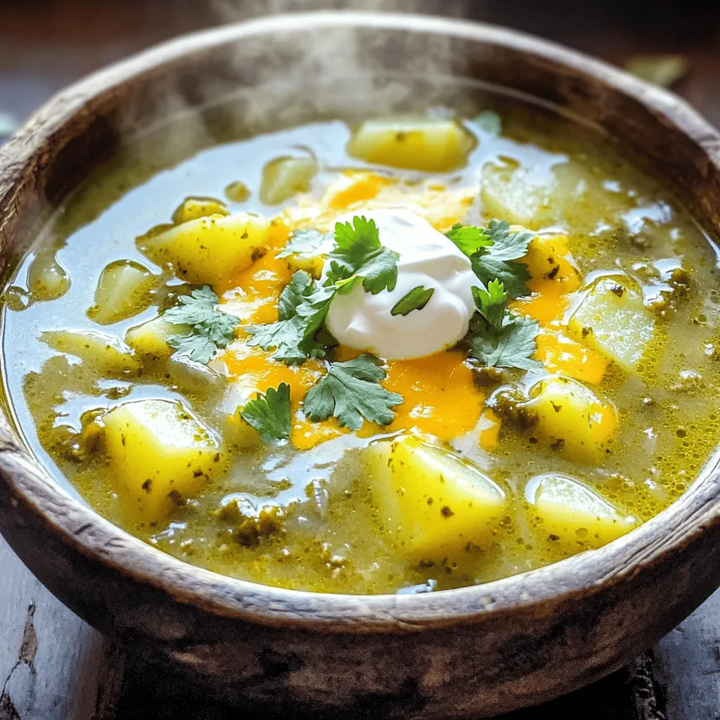 To make Green Chile Cheeseburger Soup, gather these items: - 1 pound ground beef - 1 medium onion, finely diced - 2 cloves garlic, minced - 2 medium potatoes, peeled and cut into small cubes - 4 cups beef broth (preferably low-sodium) - 1 can (4 oz) diced green chiles, undrained - 1 teaspoon ground cumin - 1 teaspoon chili powder - 1 cup sharp cheddar cheese, freshly shredded - 1 cup whole milk - 2 tablespoons extra virgin olive oil - Salt and freshly ground black pepper to taste - Fresh cilantro leaves, for garnish (optional) - Sour cream, for a creamy finish (optional) Using fresh and high-quality ingredients makes all the difference. I recommend: - Ground beef: Choose lean beef to reduce grease. Look for 80/20 or 85/15 blends. - Onion and garlic: Fresh onions and garlic enhance the flavor. Avoid dried or jarred options. - Potatoes: Use firm potatoes. Russet or Yukon gold works best. - Broth: Low-sodium beef broth allows for better control of salt. - Cheese: Always shred cheese yourself for better meltability. Pre-shredded cheese has additives. Do you have dietary needs? Here are some easy swaps: - Ground beef: Use ground turkey or chicken for a lighter option. - Dairy-free: Substitute milk with almond milk or oat milk and use vegan cheese. - Gluten-free: Ensure the broth and spices are gluten-free. - Vegetarian: Leave out the meat and add more beans or veggies like corn or bell peppers. These swaps keep the soup tasty and satisfying while fitting your needs. For the full recipe, check out the details! Start by gathering all your ingredients. This makes cooking easier and more fun. Chop the onion finely and mince the garlic. Cube the potatoes into small pieces. This helps them cook faster. Set everything aside. 1. Heat two tablespoons of olive oil in a large pot over medium heat. 2. Add the diced onion and sauté for about five minutes. You want them soft and clear. 3. Next, stir in the minced garlic and the pound of ground beef. Use a wooden spoon to break up the meat. Cook until the beef turns brown, about seven to eight minutes. 4. Drain any excess fat if needed. This keeps your soup lighter. 5. Now, add the potatoes, beef broth, green chiles, cumin, and chili powder. Stir well. 6. Bring the mixture to a boil. Then reduce the heat and cover. Let it simmer for 15 to 20 minutes until the potatoes are tender. 7. Once the potatoes are cooked, lower the heat again. Stir in the milk and cheddar cheese. Mix until the cheese melts. 8. Taste your soup and add salt and pepper if needed. 9. Serve hot in bowls. You can top it with cilantro and sour cream for extra flavor. To get the best flavor, use fresh ingredients. Fresh herbs and cheese make a big difference. If you want a thicker soup, let it simmer longer without the lid. For a creamier texture, add more cheese or milk. Taste often while cooking. Adjust the spices to your liking. Enjoy your hearty comfort meal! One big mistake is not browning the beef well. This gives the soup depth. If you rush this step, you miss out on flavor. Another mistake is adding too much salt too early. Each ingredient has its own flavor. Wait to season until you taste the finished soup. Lastly, don’t skip the fresh herbs. They add brightness and freshness that make a big difference. To boost the taste, try adding a splash of lime juice. This simple addition brightens the dish. You can also mix in some smoked paprika for a smoky twist. Using freshly shredded cheese instead of pre-packaged makes it creamier. If you love spice, toss in some cayenne pepper or red pepper flakes. These spices add warmth without overpowering the soup. Serve your Green Chile Cheeseburger Soup in rustic bowls. Top with extra cheese and fresh cilantro for a pop of color. Pair it with warm, crusty bread for dipping. You can also add a dollop of sour cream for creaminess. For a fun twist, serve it with tortilla chips for crunch. This soup is not just a meal; it’s a cozy experience. Enjoy it with family or friends for a truly comforting time. {{image_4}} To make this soup vegetarian, swap the beef for a meat alternative. Use 1 pound of plant-based ground beef. You can also try lentils or black beans. They add great texture and protein. For a hearty base, stick with the onion, garlic, and potatoes. Use vegetable broth instead of beef broth. The flavor will remain rich and tasty. Want to boost protein or add veggies? Consider adding 1 can of drained chickpeas. They add protein and a nice bite. You can also toss in some frozen corn or diced bell peppers. They bring color and sweetness. If you like greens, stir in some spinach or kale near the end. They wilt quickly and add nutrients. If you love heat, add more green chiles. You can also include jalapeños for extra spice. Consider a splash of hot sauce for a kick. For more flavor, try adding fresh herbs like cilantro or parsley. They brighten the soup and enhance the taste. You can also sprinkle some smoked paprika for a smoky twist. Adjust the spices to your liking for a perfect bowl every time! After enjoying your Green Chile Cheeseburger Soup, store any leftovers right away. Let the soup cool to room temperature first. Then, transfer it to an airtight container. Make sure to keep the lid tight to avoid spills and keep it fresh. Label the container with the date. This way, you’ll know when to eat it. Your soup will stay good for about 3 to 4 days in the fridge. When you're ready to enjoy the soup again, take out the amount you want. Pour it into a pot. Heat it on medium-low. Stir often to prevent sticking. If the soup seems thick, add a splash of milk or broth. This keeps it creamy and delicious. You can also use the microwave. Heat it in 30-second bursts, stirring in between. This helps it heat evenly. If you want to save some for later, freezing is a great option. Use freezer-safe containers and leave some space at the top. The soup will expand as it freezes. It can last up to 3 months in the freezer. When you’re ready to eat, take it out and let it thaw in the fridge overnight. After thawing, reheat it as mentioned above. Enjoy the full flavor of your soup even after freezing! You can pair this soup with warm, crusty bread. It’s perfect for dipping! A fresh salad adds a nice crunch and balances the flavors. You might also enjoy tortilla chips for extra texture. For a fun twist, try serving it with jalapeño cornbread. Each option enhances the soup's rich taste. Yes, you can use a slow cooker for this soup. Start by browning the beef, onion, and garlic in a skillet. This step adds more flavor. Then, transfer everything to the slow cooker. Add the rest of the ingredients, except for the cheese and milk. Cook on low for 6-8 hours or high for 3-4 hours. Stir in the cheese and milk just before serving for a creamy finish. Yes, you can freeze the full recipe. Let the soup cool completely before freezing. Store it in airtight containers or freezer bags. It will keep well for up to three months. When ready to eat, thaw in the fridge overnight. Reheat on the stove and add cheese and milk for a creamy texture. Enjoy the flavors all over again! This blog post covered all you need for the perfect green chile cheeseburger soup. You learned about ingredients, quality, cooking steps, and tips to avoid mistakes. We also explored some tasty variations and how to store leftovers well. Final thoughts: Enjoying this soup is easy with the right prep and flavors. Try your own twists, and you'll love it even more!