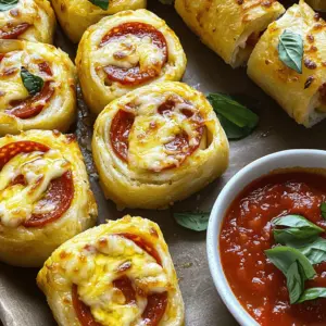 - 1 package of refrigerated pizza dough - 1 cup shredded mozzarella cheese - 1/2 cup sliced pepperoni - 1/4 cup cream cheese, softened - 1 teaspoon Italian seasoning - 1 tablespoon olive oil - 1/2 teaspoon garlic powder - Marinara sauce for dipping (optional) You will need a few simple items to make Cheesy Pepperoni Roll-Ups. First, grab a package of refrigerated pizza dough. This dough is easy to find and perfect for our recipe. Next, you will need shredded mozzarella cheese. It adds a gooey, cheesy taste that you will love. Sliced pepperoni gives the roll-ups a savory kick. You’ll also want softened cream cheese. This ingredient adds a smooth richness that binds everything together. Italian seasoning brings in an herby flavor that enhances the taste. Olive oil helps to achieve a golden brown finish when baking. Lastly, garlic powder adds a nice touch of flavor. Marinara sauce is optional but great for dipping. - Calories per roll-up: about 130 - Macronutrient breakdown: 7g protein, 9g fat, 10g carbs - Allergen information: Contains dairy and gluten Each roll-up contains around 130 calories. They provide a good mix of protein, fats, and carbs. Each roll-up has about 7 grams of protein, 9 grams of fat, and 10 grams of carbs. Be aware that these roll-ups contain common allergens like dairy and gluten. If you have allergies, make sure to adjust the ingredients to suit your needs. For the full recipe, check the section above. 1. Preheat the oven and prepare the baking sheet: Start by setting your oven to 400°F (200°C). This is key for a crispy finish. Next, line a baking sheet with parchment paper. This prevents sticking and makes cleanup a breeze. 2. Roll out the pizza dough: Take your refrigerated pizza dough and place it on a lightly floured surface. Roll it out into a rectangle, about 1/4 inch thick. This gives you a strong base for all the tasty fillings. 1. Spread cream cheese and add toppings: Grab your softened cream cheese and spread it evenly over the dough. Leave about a half-inch border around the edges. This helps keep your filling inside when you roll. Next, sprinkle shredded mozzarella cheese generously on top of the cream cheese. Then, add the sliced pepperoni evenly over the cheese. 2. Sprinkle seasoning for enhanced flavor: To make each bite pop, sprinkle Italian seasoning and garlic powder over the top. This adds a nice depth of flavor that complements the cheese and pepperoni. 1. Form and slice the log: Starting from one long edge, roll the dough tightly toward the opposite edge. Make sure to pinch the seams securely to keep everything inside. Once rolled, use a sharp knife to slice the log into 1-inch thick pieces. 2. Bake and cool before serving: Arrange the slices cut-side up on your prepared baking sheet. Brush the tops with olive oil for a nice golden color. Bake in the preheated oven for 15-20 minutes. Watch for them to turn golden and for the cheese to bubble. After baking, let them cool for a few minutes. This makes them easier to handle. For exact measurements and additional details, check out the Full Recipe. To make your Cheesy Pepperoni Roll-Ups just right, focus on your rolling technique. Start from one long edge of the dough and roll it tightly. This will help keep the filling inside. As you roll, make sure to keep the filling even. If you find some areas have too much filling, adjust as you go. Sealing the edges is very important. After rolling, pinch the seams together firmly. This prevents the cheese and pepperoni from oozing out during baking. If you miss this step, you might end up with a messy oven and less tasty roll-ups. If you want vegan roll-ups, you can swap the cheese. Use vegan cheese made from nuts or soy. Many brands offer great flavors. For the cream cheese, look for a vegan version at your local store. For those needing gluten-free options, there are gluten-free pizza doughs available. These doughs work well for roll-ups. Just make sure to follow the package instructions for best results. Pair your roll-ups with delicious dips. Marinara sauce is a classic choice. It adds a nice flavor and helps make each bite extra tasty. You can also try ranch or garlic sauce for a twist. To make your roll-ups look great, garnish the plate. Fresh herbs like basil or parsley add color and flavor. You can sprinkle some on top or place them around the roll-ups. This will impress your guests and make your snack even more fun! For the full recipe, check out the [Full Recipe]. {{image_4}} You can change up the fillings to suit your taste. Adding veggies like bell peppers or mushrooms gives a nice crunch and flavor. These ingredients add color and nutrition too. You can also mix different cheeses for unique flavors. Try cheddar or pepper jack for a spicy twist. Each cheese brings its own magic to the roll-ups. Want to spice things up? Add jalapeños for a kick. They bring heat and a tasty zing to each bite. If you like sweet flavors, try adding pizza sauce or pesto to the mix. These options give you a fun, fresh twist on the classic recipe. You can even spread a thin layer of sauce inside before rolling. If you’re busy, meal prep is key. You can make these roll-ups ahead of time and bake them later. Just roll them up, slice, and store in the fridge. This way, they are ready when you need a quick snack. They are also freezer-friendly. You can freeze them before baking. Just thaw them in the fridge and bake when you're ready. For the full recipe, check out the details! To keep your leftover roll-ups fresh, refrigerate them. Place them in an airtight container. This helps lock in moisture and flavor. They stay good in the fridge for up to three days. When you want to enjoy them again, reheat gently. Use a microwave or oven. If using a microwave, heat for about 30 seconds. For the oven, set it to 350°F (175°C) and warm for 10 minutes. This method keeps the roll-ups crispy. You can freeze Cheesy Pepperoni Roll-Ups before or after baking. If freezing before baking, slice the roll-ups and lay them on a baking sheet. Freeze them for about an hour. Then, transfer them to a freezer-safe bag. This method prevents them from sticking together. If you bake them first, let them cool completely. Wrap each roll-up in plastic wrap and place them in a freezer bag. They can last up to three months in the freezer. When you're ready to eat, thaw the roll-ups overnight in the fridge. For reheating, use the oven at 350°F (175°C). Bake for about 15-20 minutes if they are cooked. If they are frozen and uncooked, bake for 25-30 minutes. This way, they will taste fresh and delicious. You can tell the roll-ups are done when they turn golden brown. Look for the cheese to bubble up nicely. This means the insides are warm and melty. If you see a nice crust, your roll-ups are ready to eat! Yes, you can prepare the roll-ups in advance. You can roll them up and store them in the fridge. Just cover them tightly with plastic wrap. You can also pre-prep the ingredients. Keep the pizza dough and fillings ready, then assemble them when you want to bake. These roll-ups taste great with many sides. You can serve them with marinara sauce for dipping. A side salad adds freshness and a nice crunch. For drinks, try soda, lemonade, or even a light beer. They all pair well! In this blog post, we explored the tasty world of Cheesy Pepperoni Roll-Ups. We covered ingredients, preparation steps, and baking instructions. I shared tips for perfecting your roll-ups and offered variations to keep meals exciting. These roll-ups are easy, fun, and great for any meal. Whether you're prepping for busy nights or just want a snack, they fit the bill. With the right storage, you can enjoy them later too. Happy cooking, and enjoy your delicious creations!