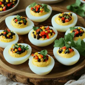 - 6 large eggs - 1/4 cup mayonnaise - 1 tablespoon Dijon mustard - 1 teaspoon apple cider vinegar - Salt and pepper to taste - 1 can black beans, rinsed and drained - 1 can corn, drained - 1 red bell pepper, diced - 1 jalapeño, seeded and minced - 1/2 red onion, finely chopped - 1/4 cup fresh cilantro, chopped - 2 tablespoons olive oil - 2 tablespoons lime juice - Salt and pepper to taste I love how deviled eggs are a classic that everyone knows. But when you add cowboy caviar, you create something special. The fresh and bold flavors of cowboy caviar make these eggs exciting. First, let’s talk about the main ingredients for the deviled eggs. You need six large eggs. I always choose the freshest eggs I can find. They make a big difference in flavor. You will also need mayonnaise, Dijon mustard, apple cider vinegar, and salt and pepper. These ingredients create that creamy filling we all love. Now, for the cowboy caviar. This dish is a mix of black beans, corn, and fresh veggies. You’ll need one can each of black beans and corn. Rinsing the beans is key. It removes extra salt and liquid. Next, grab a red bell pepper and a jalapeño. The red bell pepper adds sweetness, while the jalapeño gives a kick. You also need half a red onion, fresh cilantro, olive oil, lime juice, and some salt and pepper. All these ingredients combine to make a vibrant topping for the deviled eggs. For the full recipe, check out the Cowboy Caviar Deviled Eggs section. Trust me, your guests will love this twist on a classic dish! - Step 1: Place eggs in water and bring to a boil. - Step 2: Cover, remove from heat, and let sit for 10-12 minutes. Boiling eggs is simple. Start by placing the eggs in a pot. Cover them with cold water. The water should be about an inch above the eggs. I use medium heat to bring the water to a boil. Once it boils, cover the pot with a lid. Then, remove it from heat. Let the eggs sit for 10-12 minutes. This step gives you perfect hard-boiled eggs every time. - Step 1: Combine all cowboy caviar ingredients in a mixing bowl. - Step 2: Prepare dressing and mix with bean mixture. Cowboy caviar is a fun mix of flavors. In a large mixing bowl, combine these ingredients: black beans, corn, diced red bell pepper, minced jalapeño, finely chopped red onion, and fresh cilantro. Make sure you rinse and drain the beans and corn first. In a small bowl, whisk together olive oil, lime juice, salt, and pepper to make the dressing. Pour this dressing over the bean mixture and toss it all together. The flavors will blend well if you let it sit for a bit. - Step 1: Cool and peel eggs in an ice bath. - Step 2: Mix yolk filling and combine with cowboy caviar. - Step 3: Stuff egg whites and garnish with remaining caviar. After the eggs sit, it's time to cool them. Transfer the eggs into an ice bath. This helps them cool quickly and makes peeling easier. Let them sit in the ice water for about 5 minutes. Under running water, peel the cooled eggs carefully. Slice each egg in half and scoop the yolks into a bowl. Add mayonnaise, Dijon mustard, apple cider vinegar, and a pinch of salt and pepper. Mix this filling until it is smooth. Gently fold in half a cup of cowboy caviar to the yolk mixture. Now, it’s time to stuff the egg whites. Use a spoon or piping bag to fill each egg half. Make sure to be generous; you want each bite full of flavor. Finally, garnish with a small dollop of the remaining cowboy caviar on top. These deviled eggs are now ready to impress at your next party! For the full recipe, check out the details above. To get perfect hard-boiled eggs, start with fresh eggs. Place the eggs gently in a pot. Cover them with cold water, about an inch above the eggs. Bring the water to a rapid boil over medium heat. Once boiling, cover the pot and remove it from the heat. Let the eggs sit for 10-12 minutes. This method gives you firm yolks without a green ring. Peeling eggs can be tricky. For easy peeling, cool the eggs right after cooking. An ice bath works best. Fill a bowl with ice and water. Transfer the eggs to this bath for about five minutes. The cold water helps separate the shell from the egg. Peel the eggs under running water for even better results. Presenting deviled eggs can be fun and creative. Use a nice serving platter to show them off. You can arrange them in a circle or a line. Adding fresh cilantro on top gives a nice color contrast. For a twist, serve extra cowboy caviar on the side. This allows guests to dip or add more flavor. Think about pairing these eggs with other appetizers. They work well with chips, veggies, or even meat skewers. This creates a nice balance and adds variety to your spread. Want some heat? Adjust the spice levels by adding jalapeño to your cowboy caviar. You can also mix in diced bell peppers or corn for a sweet touch. If you like it mild, skip the jalapeño or use less. You can add other vegetables to the cowboy caviar too. Try diced cucumbers or chopped tomatoes for extra crunch. Mixing different veggies keeps things fresh and fun. Remember, this dish is all about your taste! For the full recipe, check out the Cowboy Caviar Deviled Eggs section above. {{image_4}} You can make these deviled eggs even more exciting. Just add hot sauce or sriracha to the filling. Start with a few drops and taste. You can always add more if you want more heat. This spice adds a great kick and pairs well with the fresh flavors of cowboy caviar. It’s a fun way to surprise your guests. If you want a lighter option, try Greek yogurt instead of mayonnaise. Greek yogurt gives a creamy texture and adds protein. It also makes the dish tangy and delicious. Just swap the mayo for the same amount of yogurt in the filling. Your deviled eggs will still be tasty and satisfying. You can easily make cowboy caviar vegetarian-friendly. For the black beans, you can use chickpeas or kidney beans instead. Swap the jalapeño for diced bell peppers if you prefer a milder taste. You can also add chopped avocado for creaminess. These changes keep the dish fresh and vibrant while catering to different diets. For the full recipe, check out the details above to make these tasty party treats! To keep leftover deviled eggs fresh, store them in a covered container. Place a damp paper towel at the bottom. This helps keep them moist. You can also cover the eggs with plastic wrap. Make sure the wrap touches the eggs to reduce air exposure. This method keeps them from drying out. They can stay fresh for up to three days in the fridge. I do not recommend freezing deviled eggs. Freezing changes the texture of the eggs. The filling can become watery and grainy. If you want to make it ahead, prepare the filling and store it. You can freeze the cowboy caviar, but not the eggs. Just thaw and mix it on the day you serve. Deviled eggs are best eaten within two days. If stored properly in the fridge, they can last up to three days. After that, the taste and texture may decline. Always check for signs of spoilage before eating. If in doubt, throw them out. Enjoy your tasty party treat with confidence! Cowboy caviar is a zesty bean salad. It combines black beans, corn, and fresh veggies. You’ll find diced red bell pepper, jalapeño, and red onion in it. Fresh cilantro adds a nice touch. Lime juice and olive oil bring it all together. This dish is colorful and packed with flavor. It pairs perfectly with deviled eggs, adding a fun twist. Yes, you can prepare many parts ahead. Make the cowboy caviar a day before. Store it in the fridge to let the flavors mix. You can also boil the eggs in advance. Just keep them in the fridge after cooling. Fill the eggs right before serving for the best taste. Start with cold eggs in a pot of water. Bring the water to a boil over medium heat. After boiling, cover and turn off the heat. Let the eggs sit for 10-12 minutes. This method helps avoid overcooking. If your eggs crack, try using a pin to poke a small hole before boiling. This lets steam escape and keeps the shells intact. Deviled eggs and cowboy caviar make a tasty pair for any gathering. You learned how to boil eggs and create a fresh, vibrant dish. Don’t forget to try variations and customize to suit your taste. Store leftovers properly to keep them fresh. With a few simple tips, you can impress friends and family. Enjoy your cooking and share these recipes!