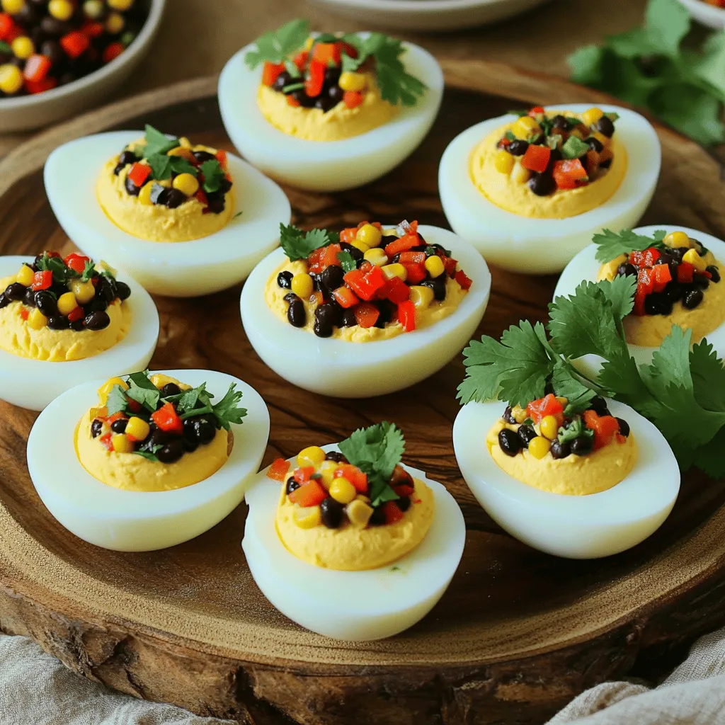 - 6 large eggs - 1/4 cup mayonnaise - 1 tablespoon Dijon mustard - 1 teaspoon apple cider vinegar - Salt and pepper to taste - 1 can black beans, rinsed and drained - 1 can corn, drained - 1 red bell pepper, diced - 1 jalapeño, seeded and minced - 1/2 red onion, finely chopped - 1/4 cup fresh cilantro, chopped - 2 tablespoons olive oil - 2 tablespoons lime juice - Salt and pepper to taste I love how deviled eggs are a classic that everyone knows. But when you add cowboy caviar, you create something special. The fresh and bold flavors of cowboy caviar make these eggs exciting. First, let’s talk about the main ingredients for the deviled eggs. You need six large eggs. I always choose the freshest eggs I can find. They make a big difference in flavor. You will also need mayonnaise, Dijon mustard, apple cider vinegar, and salt and pepper. These ingredients create that creamy filling we all love. Now, for the cowboy caviar. This dish is a mix of black beans, corn, and fresh veggies. You’ll need one can each of black beans and corn. Rinsing the beans is key. It removes extra salt and liquid. Next, grab a red bell pepper and a jalapeño. The red bell pepper adds sweetness, while the jalapeño gives a kick. You also need half a red onion, fresh cilantro, olive oil, lime juice, and some salt and pepper. All these ingredients combine to make a vibrant topping for the deviled eggs. For the full recipe, check out the Cowboy Caviar Deviled Eggs section. Trust me, your guests will love this twist on a classic dish! - Step 1: Place eggs in water and bring to a boil. - Step 2: Cover, remove from heat, and let sit for 10-12 minutes. Boiling eggs is simple. Start by placing the eggs in a pot. Cover them with cold water. The water should be about an inch above the eggs. I use medium heat to bring the water to a boil. Once it boils, cover the pot with a lid. Then, remove it from heat. Let the eggs sit for 10-12 minutes. This step gives you perfect hard-boiled eggs every time. - Step 1: Combine all cowboy caviar ingredients in a mixing bowl. - Step 2: Prepare dressing and mix with bean mixture. Cowboy caviar is a fun mix of flavors. In a large mixing bowl, combine these ingredients: black beans, corn, diced red bell pepper, minced jalapeño, finely chopped red onion, and fresh cilantro. Make sure you rinse and drain the beans and corn first. In a small bowl, whisk together olive oil, lime juice, salt, and pepper to make the dressing. Pour this dressing over the bean mixture and toss it all together. The flavors will blend well if you let it sit for a bit. - Step 1: Cool and peel eggs in an ice bath. - Step 2: Mix yolk filling and combine with cowboy caviar. - Step 3: Stuff egg whites and garnish with remaining caviar. After the eggs sit, it's time to cool them. Transfer the eggs into an ice bath. This helps them cool quickly and makes peeling easier. Let them sit in the ice water for about 5 minutes. Under running water, peel the cooled eggs carefully. Slice each egg in half and scoop the yolks into a bowl. Add mayonnaise, Dijon mustard, apple cider vinegar, and a pinch of salt and pepper. Mix this filling until it is smooth. Gently fold in half a cup of cowboy caviar to the yolk mixture. Now, it’s time to stuff the egg whites. Use a spoon or piping bag to fill each egg half. Make sure to be generous; you want each bite full of flavor. Finally, garnish with a small dollop of the remaining cowboy caviar on top. These deviled eggs are now ready to impress at your next party! For the full recipe, check out the details above. To get perfect hard-boiled eggs, start with fresh eggs. Place the eggs gently in a pot. Cover them with cold water, about an inch above the eggs. Bring the water to a rapid boil over medium heat. Once boiling, cover the pot and remove it from the heat. Let the eggs sit for 10-12 minutes. This method gives you firm yolks without a green ring. Peeling eggs can be tricky. For easy peeling, cool the eggs right after cooking. An ice bath works best. Fill a bowl with ice and water. Transfer the eggs to this bath for about five minutes. The cold water helps separate the shell from the egg. Peel the eggs under running water for even better results. Presenting deviled eggs can be fun and creative. Use a nice serving platter to show them off. You can arrange them in a circle or a line. Adding fresh cilantro on top gives a nice color contrast. For a twist, serve extra cowboy caviar on the side. This allows guests to dip or add more flavor. Think about pairing these eggs with other appetizers. They work well with chips, veggies, or even meat skewers. This creates a nice balance and adds variety to your spread. Want some heat? Adjust the spice levels by adding jalapeño to your cowboy caviar. You can also mix in diced bell peppers or corn for a sweet touch. If you like it mild, skip the jalapeño or use less. You can add other vegetables to the cowboy caviar too. Try diced cucumbers or chopped tomatoes for extra crunch. Mixing different veggies keeps things fresh and fun. Remember, this dish is all about your taste! For the full recipe, check out the Cowboy Caviar Deviled Eggs section above. {{image_4}} You can make these deviled eggs even more exciting. Just add hot sauce or sriracha to the filling. Start with a few drops and taste. You can always add more if you want more heat. This spice adds a great kick and pairs well with the fresh flavors of cowboy caviar. It’s a fun way to surprise your guests. If you want a lighter option, try Greek yogurt instead of mayonnaise. Greek yogurt gives a creamy texture and adds protein. It also makes the dish tangy and delicious. Just swap the mayo for the same amount of yogurt in the filling. Your deviled eggs will still be tasty and satisfying. You can easily make cowboy caviar vegetarian-friendly. For the black beans, you can use chickpeas or kidney beans instead. Swap the jalapeño for diced bell peppers if you prefer a milder taste. You can also add chopped avocado for creaminess. These changes keep the dish fresh and vibrant while catering to different diets. For the full recipe, check out the details above to make these tasty party treats! To keep leftover deviled eggs fresh, store them in a covered container. Place a damp paper towel at the bottom. This helps keep them moist. You can also cover the eggs with plastic wrap. Make sure the wrap touches the eggs to reduce air exposure. This method keeps them from drying out. They can stay fresh for up to three days in the fridge. I do not recommend freezing deviled eggs. Freezing changes the texture of the eggs. The filling can become watery and grainy. If you want to make it ahead, prepare the filling and store it. You can freeze the cowboy caviar, but not the eggs. Just thaw and mix it on the day you serve. Deviled eggs are best eaten within two days. If stored properly in the fridge, they can last up to three days. After that, the taste and texture may decline. Always check for signs of spoilage before eating. If in doubt, throw them out. Enjoy your tasty party treat with confidence! Cowboy caviar is a zesty bean salad. It combines black beans, corn, and fresh veggies. You’ll find diced red bell pepper, jalapeño, and red onion in it. Fresh cilantro adds a nice touch. Lime juice and olive oil bring it all together. This dish is colorful and packed with flavor. It pairs perfectly with deviled eggs, adding a fun twist. Yes, you can prepare many parts ahead. Make the cowboy caviar a day before. Store it in the fridge to let the flavors mix. You can also boil the eggs in advance. Just keep them in the fridge after cooling. Fill the eggs right before serving for the best taste. Start with cold eggs in a pot of water. Bring the water to a boil over medium heat. After boiling, cover and turn off the heat. Let the eggs sit for 10-12 minutes. This method helps avoid overcooking. If your eggs crack, try using a pin to poke a small hole before boiling. This lets steam escape and keeps the shells intact. Deviled eggs and cowboy caviar make a tasty pair for any gathering. You learned how to boil eggs and create a fresh, vibrant dish. Don’t forget to try variations and customize to suit your taste. Store leftovers properly to keep them fresh. With a few simple tips, you can impress friends and family. Enjoy your cooking and share these recipes!