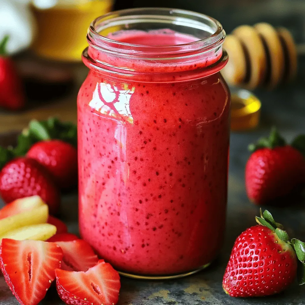 - 1 cup fresh strawberries, hulled and sliced - 2 tablespoons honey or maple syrup (to taste) - 1/4 cup apple cider vinegar - 1/4 cup extra virgin olive oil - 1 teaspoon Dijon mustard - Salt and black pepper to taste Using fresh strawberries adds natural sweetness and vibrant color. They are rich in vitamins and antioxidants. Apple cider vinegar gives a tangy bite and aids digestion. Extra virgin olive oil offers healthy fats and a smooth texture. Honey or maple syrup adds sweetness without refined sugar. Dijon mustard brings depth and a hint of spice, making your dressing more complex. You can swap strawberries for other fruits like raspberries or peaches for a new twist. If you need a vegan option, use maple syrup instead of honey. For vinegar, white wine or balsamic vinegar works well too. If you don’t have Dijon mustard, try regular mustard or omit it for a simpler flavor. First, gather fresh strawberries. You want ripe, sweet ones for the best taste. Hull them, meaning you remove the green tops. Then, slice the strawberries into small pieces. This helps them blend easily. Place these strawberries into your blender or food processor. Now, add the sweetener. You can use honey or maple syrup, based on what you like. Next, pour in the apple cider vinegar. This adds a nice tang. Then, include the Dijon mustard for an extra kick. Season with a pinch of salt and a few cracks of black pepper. Blend this mixture on high speed. Stop to scrape down the sides as needed. This ensures everything mixes well. While the blender runs, slowly drizzle in the extra virgin olive oil. This step helps create a creamy texture. Blend until the vinaigrette is smooth and well combined. Taste your vinaigrette. You might want to add more salt, pepper, or sweetness. Adjust to your liking for the best balance. Once satisfied, transfer the dressing to a clean jar. Seal it tight and refrigerate for at least 30 minutes. This resting time lets the flavors meld. Before serving, shake or stir the vinaigrette to mix any separated ingredients. Enjoy your fresh and flavorful strawberry vinaigrette with salads or grilled vegetables! To make your strawberry vinaigrette pop, use ripe strawberries. Ripe berries are sweet and juicy. You can also mix in different fruits like raspberries or blueberries. This adds layers of flavor. A splash of lemon juice brightens the taste too. Don’t forget the balance between sweet and tangy. Adjust the honey or maple syrup to suit your taste. A smooth vinaigrette is key. Start blending the strawberries well before adding oil. Gradually drizzle in the olive oil while blending. This helps emulsify the mix. If it’s too thick, add a tiny bit of water. If too thin, blend in more oil slowly. The goal is a creamy texture that clings to salad leaves. This vinaigrette shines on fresh salads. It pairs well with greens like spinach and arugula. Toss in nuts, cheese, or herbs for extra flavor. It also works great on grilled chicken or fish. Try it as a dip for fresh veggies. The sweet and tangy notes enhance many dishes. For a full recipe, check the main section. {{image_4}} You can easily change your strawberry vinaigrette by adding balsamic vinegar. This gives a rich, sweet note. To make this, simply swap half of the apple cider vinegar for balsamic vinegar. Blend it all together as you would with the original recipe. You’ll get a lovely depth of flavor that pairs well with salads and grilled meats. Herbs can take your strawberry vinaigrette to the next level. Fresh basil or mint adds a bright taste. Try adding a handful of chopped herbs when blending. Start with a teaspoon of herbs, then taste it. You can add more if you like. This small change makes your dressing unique and fresh. You can switch up the sweetener to match your taste. Instead of honey or maple syrup, try agave nectar or coconut sugar. Each sweetener brings its own flavor. For a sugar-free option, use stevia or erythritol. Just remember to adjust the amount based on the sweetness you prefer. Each option allows you to customize your vinaigrette. For the complete recipe, check out the Full Recipe section. To keep your strawberry vinaigrette fresh, store it in a clean jar or airtight container. Make sure the lid is on tight to avoid air getting in. Place it in the fridge right after making it. This helps the flavors blend and stay bright. Always give it a good shake before serving. In the fridge, your vinaigrette can last up to one week. However, for the best taste, use it within five days. After that, the strawberries may lose their flavor and freshness. Check for any changes in smell or color before using it. If it smells off, it’s best to toss it. Freezing strawberry vinaigrette is not the best option. The texture may change when thawed, and it might separate. If you do freeze it, pour it into an ice cube tray for easy portions. When you're ready to use it, thaw cubes in the fridge overnight. Shake well before serving to mix the ingredients again. You can serve Strawberry Vinaigrette with many dishes. It pairs well with salads, especially those with spinach or mixed greens. Try it on a fruit salad for a sweet twist. It also works great with grilled chicken or fish. You can drizzle it over roasted vegetables for added flavor. The bright taste of strawberries makes any dish pop! Yes, you can make Strawberry Vinaigrette ahead of time. In fact, letting it sit helps the flavors blend. Store it in an airtight jar in the fridge. It’s best to let it chill for at least 30 minutes before serving. You can keep it for up to a week. Just shake or stir it before you use it again. Strawberry Vinaigrette can be a healthy choice. It uses fresh strawberries, which are full of vitamins. Olive oil provides healthy fats that support heart health. The honey or maple syrup adds natural sweetness but can be adjusted. With no heavy creams or artificial ingredients, this dressing is a light option for meals. Enjoy it guilt-free! You can easily adjust the sweetness of your vinaigrette. If it tastes too tart, add more honey or maple syrup. Start with small amounts and blend again. Taste it after each addition to find the right balance. If it’s too sweet, add a splash more vinegar to balance it out. This way, you can make it just right for your palate. We explored how to make a tasty strawberry vinaigrette, starting with ingredients. You learned about ingredient benefits and smart substitutions. I detailed the steps for preparing the strawberries, blending, and final adjustments. Helpful tips showed you flavor pairings and storage. Variations included balsamic and herb options for extra zest. In closing, making strawberry vinaigrette is easy and fun. It's a great way to jazz up salads or dishes. Enjoy experimenting with flavors and find what you love best!