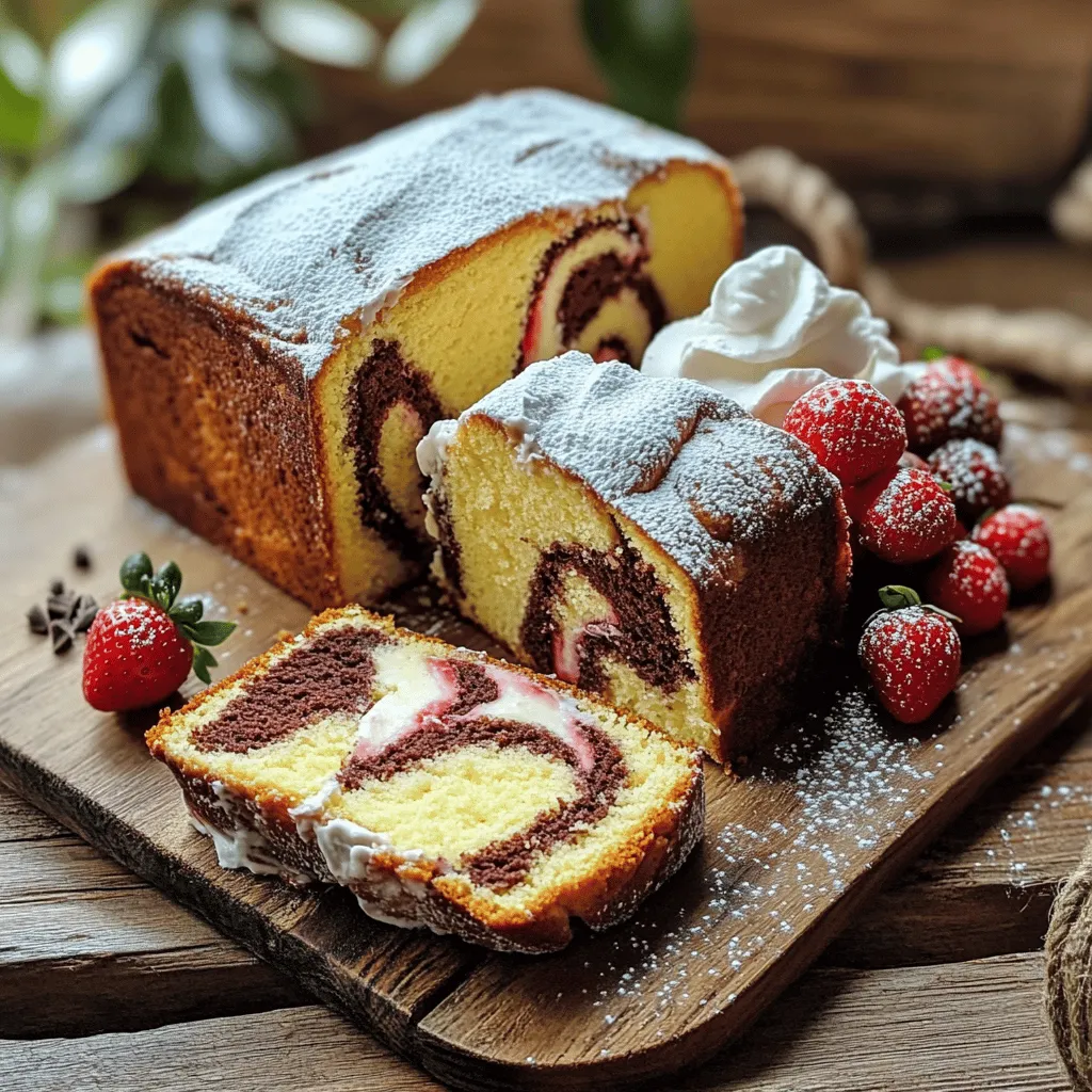 To make a Neapolitan Pound Cake, you will need: - 1 cup unsalted butter, softened to room temperature - 2 cups granulated sugar - 4 large eggs, at room temperature - 3 cups all-purpose flour, sifted - 1 teaspoon baking powder - 1 teaspoon pure vanilla extract - 1 teaspoon almond extract - 1 cup buttermilk, at room temperature - 1/2 cup cocoa powder, unsweetened - 1/4 cup milk - 1/2 cup strawberry puree (freshly made or store-bought) - Pinch of salt Using room temperature ingredients is key for this recipe. It helps the butter mix well with sugar, creating a light and fluffy texture. Cold ingredients can lead to a dense cake, which we want to avoid. If you have common allergens, here are some substitutions: - For dairy: Use coconut yogurt or almond milk for the buttermilk. - For eggs: You can replace each egg with 1/4 cup of applesauce or a flax egg (1 tablespoon ground flaxseed mixed with 2.5 tablespoons water). - For gluten: Use a gluten-free flour blend in place of all-purpose flour. These substitutions still help you enjoy the fluffy delight of Neapolitan Pound Cake, no matter your dietary needs. Start by preheating your oven to 350°F (175°C). This step is key for even baking. Next, grease and flour a 9x5-inch loaf pan. This prevents the cake from sticking. Now, in a large bowl, cream 1 cup of softened butter with 2 cups of granulated sugar. Use an electric mixer for about 3-4 minutes. The mixture should become light and fluffy. Then, add 4 large eggs one at a time. Mix well after each egg and scrape the bowl sides to combine all ingredients. Once your batter is ready, divide it into three bowls. You will create three distinct flavors: vanilla, chocolate, and strawberry. For the vanilla layer, stir in 1 teaspoon of vanilla extract and 1 teaspoon of almond extract. For the chocolate layer, mix in 1/2 cup of cocoa powder and 1/4 cup of milk until smooth. In the third bowl, gently fold in 1/2 cup of strawberry puree. Make sure each batter has a good consistency but is not overmixed. Now, it’s time to layer the batters in your pan. Pour half of the vanilla batter first. Then add the chocolate layer, followed by the strawberry. Finish with the remaining vanilla batter. Use a knife or skewer to swirl the layers for a marbled effect. Bake your cake for 55-65 minutes. Check for doneness by inserting a toothpick; it should come out clean or with a few moist crumbs. After baking, let it cool in the pan for about 10 minutes. Then, transfer it to a wire rack to cool completely. Once cooled, you can dust the top with powdered sugar for a lovely finish. Enjoy your Neapolitan Pound Cake! You can find the Full Recipe for more details on making this fluffy delight. To make a moist and fluffy Neapolitan Pound Cake, use room temperature ingredients. This helps them blend well. Cream the butter and sugar until light and fluffy. This should take about 3-4 minutes. Avoid common mistakes when baking. Do not overmix the batter; this can make the cake dense. Also, ensure your oven is at the right temperature. An oven thermometer can help with this. To achieve a beautiful marbling effect, layer your batters carefully. Pour them in a loaf pan, alternating between flavors. Use a skewer to gently swirl the layers. This creates a lovely pattern without mixing too much. For presentation, dust the top of your cooled cake with powdered sugar. This adds a touch of class. Serve thick slices with whipped cream and fresh berries. It makes for a delightful and colorful plate. Pair your Neapolitan Pound Cake with beverages like coffee or tea. It also goes well with fresh fruit salads or lighter side dishes. These pairings enhance the flavors of the cake and make it even more enjoyable. {{image_4}} You can change the flavors in your Neapolitan Pound Cake. Try adding lemon or orange zest for a bright twist. The zest adds a fresh taste without much effort. Using fruit purees is another fun option. You can swap the strawberry puree for raspberry or mango. Each fruit will give your cake a unique flair. Just remember to keep the same amount for the best results. If you want a gluten-free Neapolitan Pound Cake, switch to gluten-free flour. You will need a mix that works well for baking. Make sure to check the package for the right amount. For lower sugar options, you can use a sugar substitute. Look for ones made for baking to keep the taste. You might also want to try dairy-free milk instead of buttermilk. Almond milk or coconut milk works great in this recipe. Want the full details? Check out the Full Recipe to see how to make it perfect! To store your Neapolitan Pound Cake, let it cool completely. This step is key. If you skip this, moisture can form and make the cake soggy. Once cool, wrap the cake tightly in plastic wrap. You can also use aluminum foil for extra protection. This helps keep it fresh. Place the wrapped cake in an airtight container. Using a container is the best choice. It protects the cake from air and smells in your fridge or pantry. A glass or plastic container works well. Just make sure it is big enough for the cake. Your Neapolitan Pound Cake can stay fresh for a few days. At room temperature, it lasts about three days. Keep it in a cool, dry place away from sunlight. If you put it in the fridge, it can last up to a week. The cold helps slow down spoilage. If you want to keep it even longer, freezing is a great option. Wrap the cake well in plastic wrap and then in foil. This method helps prevent freezer burn. You can freeze it for up to three months. When ready to eat, thaw it in the fridge overnight for the best taste. What is the origin of Neapolitan Pound Cake? Neapolitan Pound Cake comes from Naples, Italy. It blends three flavors into one cake. This style of cake is known for its rich taste and fluffy texture. It often uses vanilla, chocolate, and strawberry. These flavors reflect the Italian love for vibrant, fresh ingredients. Can I make this recipe in advance? Yes, you can make this cake in advance. It stays fresh for a few days. Store it in an airtight container at room temperature. You can also freeze it for longer storage. Just wrap the cake well in plastic wrap and foil. How can I tell if my pound cake is undercooked? Check for doneness with a toothpick. Insert it into the center of the cake. If it comes out clean or with a few moist crumbs, it is done. If the toothpick has wet batter, bake it a bit longer. What can I use instead of buttermilk in a pinch? If you don’t have buttermilk, mix regular milk with vinegar or lemon juice. Use one tablespoon of vinegar or lemon juice per cup of milk. Let it sit for five minutes before using it in the recipe. This will mimic the acidity of buttermilk. Can I use other flavors of purees for layering? Yes, you can use other fruit purees. Try raspberry, mango, or peach for a different twist. Just make sure the puree is not too watery. This helps keep the cake layers from becoming too soggy. How can I make my Neapolitan Pound Cake more colorful? You can add food coloring to each batter for more vibrancy. Use gel colors for best results. Just a few drops will brighten the layers without changing the flavor. You can also use fresh fruit pieces for added color and texture. For the full recipe, check out the details above. Enjoy baking this delightful treat! In this blog post, we covered how to make a Neapolitan Pound Cake. We discussed the ingredients, from the importance of using room temperature items to possible substitutions for allergens. I shared step-by-step instructions for creating the cake, including tips for flavoring and baking. We also explored ways to perfect the texture and presented ideas for serving. With these insights, you can create a delicious cake that impresses everyone. Enjoy your pound cake baking journey!