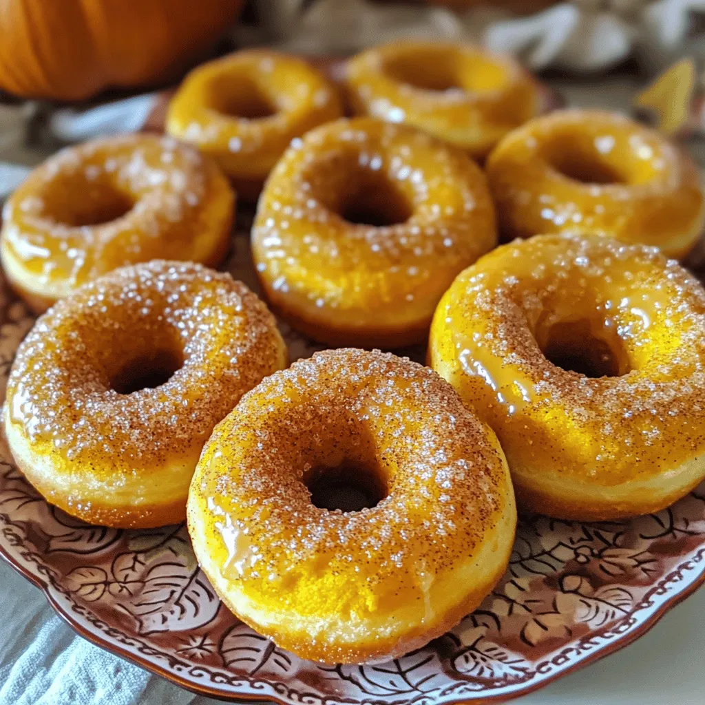 - Canned pumpkin puree (1 cup) - Granulated sugar (1/2 cup) - Brown sugar (1/2 cup) - Eggs (2 large) - Vegetable oil (1/3 cup) - Pure vanilla extract (1 tsp) - All-purpose flour (1 1/2 cups) - Baking powder (1 tsp) - Baking soda (1/2 tsp) - Ground cinnamon (1 tsp) - Ground nutmeg (1/2 tsp) - Ground ginger (1/4 tsp) - Salt (1/4 tsp) - Cinnamon-sugar topping (1/4 cup granulated sugar mixed with 1 tsp ground cinnamon) Gathering these ingredients is the first step to making your oven-baked pumpkin donuts. Each one plays an important role. The canned pumpkin puree brings moisture and flavor. The sugars add sweetness and help with browning. Eggs help bind everything together. The vegetable oil keeps the donuts moist. Pure vanilla extract adds a nice depth of flavor. The all-purpose flour gives structure. Baking powder and baking soda help the donuts rise. The spices—cinnamon, nutmeg, and ginger—provide that warm fall taste. Finally, a touch of salt balances the sweetness. You can find most of these ingredients at your local grocery store. If you want to make the donuts even more special, consider using fresh spices. They can add more flavor than pre-ground ones. For the full recipe, check out the [Full Recipe]. - Preheat oven to 350°F (175°C). - Grease donut pan with cooking spray. - In a large bowl, combine pumpkin puree, granulated sugar, brown sugar, eggs, vegetable oil, and vanilla extract. Mix until smooth. - In a separate bowl, whisk together all-purpose flour, baking powder, baking soda, ground cinnamon, ground nutmeg, ground ginger, and salt. - Ensure even distribution of leavening agents and spices to avoid clumps. - Gently fold the dry ingredients into the wet mixture. - Stop mixing when the batter is just combined. - Use a piping bag or spoon to fill each donut cavity about three-quarters full. - Place the filled donut pan in the oven and bake for 12-15 minutes. - Check doneness by inserting a toothpick into the center. It should come out clean. - Let the donuts cool in the pan for 5 minutes. - Transfer them to a wire rack to cool completely. - Prepare the topping by mixing granulated sugar and ground cinnamon. - Roll each donut in the cinnamon-sugar mixture for a sweet finish. For more detailed steps, check the Full Recipe. - Avoid overmixing for a better texture: Mix until just combined. A few lumps are fine. Overmixing can make your donuts tough. You want them soft and fluffy. - Use a piping bag for neat filling: This keeps your filling even. It also helps avoid mess. If you don’t have a piping bag, a zip-top bag with a corner cut off works well. - Suggestions for high-altitude baking: If you bake at a high altitude, reduce the sugar by 1-2 tablespoons. Add a bit more liquid to keep the batter moist. This helps your donuts rise better. - Tips for adjusting for different ovens: Not all ovens heat the same. If your donuts brown too fast, lower the oven temperature by 25°F. Always check your donuts a few minutes early. - Presentation tips for serving: Place the warm donuts on a pretty plate. Sprinkle them with leftover cinnamon sugar. This adds a nice touch and makes them look great. - Pairing ideas for beverages: Enjoy these donuts with hot coffee or spiced tea. They also pair well with apple cider. The flavors complement each other perfectly. Try the Full Recipe for a delightful treat that’s easy to make! {{image_4}} You can make these donuts even more fun by adding extras. Adding chocolate chips or walnuts gives them a tasty twist. Just mix in about a half cup of either before baking. This change makes each bite exciting. You can also adjust spices for different flavors. Try adding a bit more cinnamon for warmth or a pinch of allspice for a unique taste. These small changes can create a new favorite. Need a gluten-free option? Swap all-purpose flour with almond or coconut flour. These flours work well and keep the donuts tasty. You can also use gluten-free baking mixes. If you want a lower sugar option, consider using a sugar substitute like stevia or monk fruit. Use these in equal amounts to the sugar in the recipe. These adjustments help you enjoy the donuts without worry. To keep your donuts fresh, store them in an airtight container. This keeps moisture in and prevents them from drying out. You can use a plastic container or a resealable bag. Place a piece of parchment paper between layers to avoid sticking. Keep them at room temperature for up to three days. If you want them to last longer, refrigerate them. However, be aware that chilling can change their texture. To freeze these tasty donuts, follow these steps: 1. Cool the donuts completely: Make sure they are at room temperature. 2. Wrap each donut: Use plastic wrap or aluminum foil to wrap each one tightly. This prevents freezer burn. 3. Place in a freezer bag: Put the wrapped donuts in a freezer-safe bag. Label the bag with the date. 4. Freeze: Store them in the freezer for up to three months. When you're ready to enjoy a donut, thaw it at room temperature. You can also warm it in the microwave for about 10-15 seconds. This helps bring back that fresh-baked taste and texture. To check if the donuts are done, use a toothpick. Insert it into the center of a donut. If it comes out clean, the donuts are ready. This method is quick and easy. You can also gently press the top of a donut. If it springs back, it’s fully baked. Yes, you can make these donuts ahead of time. After baking, let them cool completely. Then, store them in an airtight container. They stay fresh for up to three days. For longer storage, you can freeze them. Wrap each donut in plastic wrap, then place them in a freezer bag. They will keep well for up to three months. If you don’t have canned pumpkin puree, you can use homemade puree. Simply roast fresh pumpkin, then blend until smooth. You may also use sweet potato puree as a substitute. Both options will give you a similar taste and texture. No, it is not necessary to use a donut pan. If you don’t have one, you can use a muffin tin instead. Just fill the muffin cups with the batter. The baking time may change. Check for doneness as you would with donuts. You can also shape the batter by hand into rings. Just make sure they are evenly sized for even baking. You can easily create delicious donuts with simple ingredients and steps. We discussed everything from essential ingredients to baking tips and variations. You can even adjust for dietary needs or try different flavors. Remember, allowing the donuts to cool and topping them with cinnamon sugar makes a big difference. Enjoy sharing these tasty treats with family and friends! You now have the knowledge to make perfect pumpkin donuts at home. Get your ingredients ready and start baking!