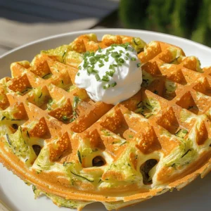 - 2 medium zucchinis, grated - 1 cup all-purpose flour (gluten-free option available) - 1/2 cup grated Parmesan cheese - 1/4 cup finely chopped green onions - 1/4 cup milk (or non-dairy alternative) - 2 large eggs - 1 teaspoon baking powder - 1/2 teaspoon garlic powder - 1/2 teaspoon onion powder - Salt and pepper to taste - Olive oil or cooking spray for greasing I love using fresh zucchini in this recipe. Zucchini adds moisture and a light flavor. Grating the zucchini helps it mix well with the batter. You will want to squeeze out extra water to avoid soggy waffles. This step makes sure your waffles stay crisp and light. The combination of all-purpose flour and Parmesan cheese creates a nice base. The flour gives structure while the cheese adds a savory touch. You can swap all-purpose flour for gluten-free flour if needed. This way, anyone can enjoy these tasty waffles. Adding green onions not only boosts flavor but also adds color. The eggs bind everything together and add richness. You can use regular milk or a non-dairy option like almond milk. This flexibility makes the recipe easy to adapt. For seasoning, garlic and onion powder give depth. Salt and pepper enhance all the flavors. Remember to adjust these to your taste. A light drizzle of olive oil or cooking spray keeps the waffles from sticking. Check out the Full Recipe for more details and tips! First, you need to preheat your waffle iron. This step is key for making perfect waffles. Next, prepare the zucchini. Grate two medium zucchinis and place them in a large bowl. Add a generous pinch of salt. Let them sit for about ten minutes. This will help pull out extra water from the zucchini. After ten minutes, take a clean kitchen towel and squeeze the zucchini hard to remove as much water as you can. Set the drained zucchini aside. In a separate bowl, combine your dry ingredients. Mix 1 cup of all-purpose flour, 1/2 cup of grated Parmesan cheese, 1 teaspoon of baking powder, 1/2 teaspoon of garlic powder, and 1/2 teaspoon of onion powder. Add a pinch of salt and pepper too. In a small bowl, crack two large eggs and whisk them. Then stir in 1/4 cup of milk until it is well mixed. Now, add the squeezed zucchini and 1/4 cup of finely chopped green onions to the egg and milk mix. Stir it all together so that everything is well combined. Gently fold the wet mixture into the dry ingredients using a spatula. Mix until just combined. It is okay if there are a few lumps. Lightly grease your waffle iron with olive oil or cooking spray. Pour the right amount of batter onto the preheated waffle iron; this depends on your iron's size. Close the lid and cook the waffles for about 5 to 7 minutes, or until they turn golden brown. Once they are done, carefully remove the waffles with a fork. Keep them warm in a low-temperature oven while you cook the rest of the batter. Serve the warm waffles right away, topped with Greek yogurt or fresh herbs for extra flavor. You can find the full recipe above for all the steps! To make the best savory zucchini waffles, draining the zucchini is key. Zucchini has a lot of water. If you skip this step, your waffles may end up soggy. After grating the zucchini, sprinkle it with salt and let it sit for about 10 minutes. Then, squeeze it tightly in a clean towel. This will remove excess liquid. Next, be careful when mixing the batter. Overmixing can make the waffles tough. Mix just until everything is combined. A few lumps are okay. This will help keep your waffles light and fluffy. Using the right setting on your waffle iron is crucial. Preheat it according to the manufacturer's instructions. You want it to be hot enough to create a crispy outside. Generally, medium to high heat works best. To check if the waffles are done, look for a golden-brown color. You can also gently lift the lid to see if they release easily. If they stick, give them more time. For toppings, try adding a dollop of Greek yogurt or sour cream. They add a creamy touch and balance the flavors well. Fresh herbs like parsley or chives can brighten up your dish. If you are cooking in batches, keep your waffles warm. Place them in a low-temperature oven (around 200°F or 90°C). This will keep them warm and ready to serve from the Full Recipe. Enjoy your meal! {{image_4}} You can easily change the taste of your savory zucchini waffles. One fun way is to add different cheeses. Feta cheese gives a creamy and tangy flavor. Cheddar cheese adds a nice sharpness. Both options make the waffles even more delicious. Herbs also play a big role in boosting flavor. You can mix in fresh basil for a hint of sweetness. Dill adds a fresh and bright taste. Try adding a tablespoon of either herb to your batter. Your waffles will burst with flavor. If you have dietary needs, you can still enjoy these waffles. For a gluten-free option, use almond flour instead of regular flour. This switch keeps the dish light and tasty. Dairy-free options are easy too. Swap the milk for almond or oat milk. To make it vegan, replace the eggs with flaxseed meal. Mix one tablespoon of flaxseed meal with three tablespoons of water. Let it sit for a few minutes until it thickens. This mixture works great in the batter. Savory zucchini waffles pair well with many dishes. Try serving them with a fresh side salad. A simple green salad with lemon vinaigrette works well. You can also enjoy these waffles with dips. A tangy yogurt sauce adds creaminess. You can mix Greek yogurt with lemon juice and garlic. It's refreshing and complements the waffles nicely. For a different twist, try serving them with a spicy salsa or a rich avocado dip. For the full recipe, check out Savory Zucchini Waffles. To store leftover savory zucchini waffles, let them cool first. Place them in an airtight container or wrap them tightly in plastic wrap. Keep them in the fridge for up to three days. This way, you can enjoy them later without losing flavor. If you want to keep your waffles longer, freezing is a great option. Place the cooled waffles in a single layer on a baking sheet. Freeze them for about an hour until they are firm. After that, stack them in a freezer-safe bag or container. You can keep them in the freezer for up to three months. To reheat frozen waffles, pop them in a toaster or a warm oven at 350°F (175°C) for about 10 minutes. This will help them regain their crispy texture. Savory zucchini waffles last about three days in the fridge. In the freezer, they can last for up to three months. Always check for any signs of spoilage before eating. Enjoy these delicious waffles fresh or saved for later! If you want the full recipe, check out the complete instructions. Yes, you can use other vegetables! Carrots, spinach, or sweet potatoes work well. Grate them finely, just like zucchini. You can mix and match too. For a colorful dish, blend different veggies. This keeps your meal fun and tasty. Always remember to drain any excess moisture as you do with zucchini. Savory zucchini waffles are great with various sides. You can top them with Greek yogurt or sour cream. Fresh herbs like parsley or chives add a nice touch. Pair them with a simple salad for crunch. You might also enjoy them with avocado slices or poached eggs. These toppings enhance flavor and make your meal more filling. To add heat, mix in red pepper flakes or cayenne pepper. You can also use spicy cheese, like pepper jack. Another option is to serve with hot sauce or a spicy salsa. These choices will give your waffles a delightful kick. Adjust the heat level to suit your taste and enjoy the burst of flavor! This post shared a simple recipe for savory zucchini waffles. You learned about vital ingredients, step-by-step instructions, and helpful tips. These waffles are easy to make, flavorful, and adaptable to your taste. Don't forget to explore various toppings and side dishes to elevate your meal. Now it’s time to enjoy your delicious creation! Experiment with flavors and share them with others. You’ll be surprised at the joy these waffles bring to your table.