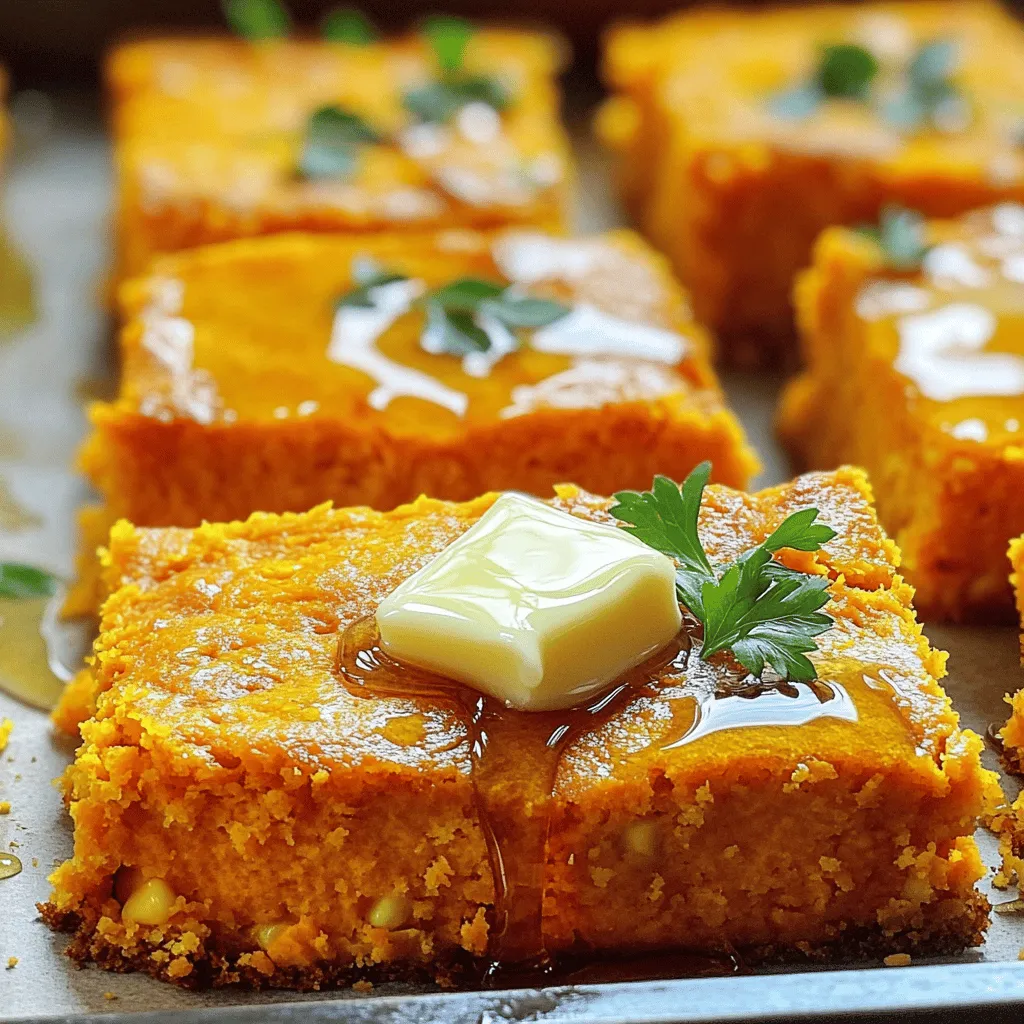 To make sweet potato cornbread, you need simple and fresh ingredients. Each one adds its own flavor and texture. Here’s what you will need: - 1 cup mashed sweet potatoes (about 1 medium sweet potato) - 1 cup cornmeal - 1 cup all-purpose flour - 1/4 cup sugar (or honey for a natural sweetener) - 1 tablespoon baking powder - 1/2 teaspoon baking soda - 1/2 teaspoon salt - 1 cup buttermilk (or a non-dairy alternative) - 1/4 cup vegetable oil (or melted coconut oil) - 2 large eggs - 1 cup corn kernels (fresh, frozen, or canned) - Optional: 1/2 teaspoon smoked paprika for extra flavor The star of this recipe is the sweet potato. It gives the cornbread a moist texture and a subtle sweetness. Cornmeal brings a delightful crunch, while the buttermilk adds richness. You can customize it by adding smoked paprika for a hint of smokiness. Using fresh ingredients makes a big difference. They bring vibrant flavors to the cornbread. I recommend measuring everything out before you start. This helps keep the cooking process smooth and fun. For the full recipe, check out the instructions I provided earlier. Enjoy cooking! Start by setting your oven to 400°F (200°C). This is the perfect temperature for baking. Grab a 9-inch square baking pan. Grease it well or line it with parchment paper. This will help with easy removal later. In a medium bowl, add 1 cup of mashed sweet potatoes. You can use about one medium sweet potato. Next, pour in 1 cup of buttermilk, 1/4 cup of vegetable oil, and crack 2 large eggs. Whisk these ingredients together until smooth. This mixture brings moisture and flavor to your cornbread. In a large bowl, mix together 1 cup of cornmeal, 1 cup of all-purpose flour, 1/4 cup of sugar (or honey), 1 tablespoon of baking powder, 1/2 teaspoon of baking soda, and 1/2 teaspoon of salt. If you want a smoky flavor, add 1/2 teaspoon of smoked paprika. Stir these dry ingredients well. This step ensures even flavor throughout. Pour your wet mixture into the bowl with the dry ingredients. Use a spatula or wooden spoon to mix until just combined. Be careful not to overmix. Overmixing can make the cornbread dense. Gently fold in 1 cup of corn kernels. This adds bursts of sweetness. Transfer the batter into your prepared pan, smoothing the top with a spatula. Place the pan in the oven and bake for 20-25 minutes. The top should be golden brown. A toothpick inserted in the center should come out clean. Enjoy the wonderful aroma as it bakes! To achieve a moist cornbread, use fresh sweet potatoes. Bake or steam them until soft. Mash them well, leaving no lumps. This ensures they blend into the batter smoothly. Mix your wet ingredients first. This helps keep the batter light. Avoid overmixing when combining wet and dry ingredients. Stir just until combined. This keeps your cornbread fluffy. Serve your sweet potato cornbread warm. Cut it into squares for easy serving. A pat of butter on top adds richness. You can also drizzle honey for sweetness. Try topping it with a dollop of sour cream. It adds a nice tang. Fresh herbs like chives or cilantro can brighten the dish. This cornbread pairs well with many dishes. Serve it alongside chili for a warm meal. It goes great with barbecue too. Try it with roasted vegetables for a complete plate. For breakfast, enjoy it with eggs and bacon. You can even have it with a cup of soup. Each bite brings out new flavors. Don’t forget the Full Recipe for more details! {{image_4}} You can switch regular sugar for honey or maple syrup. Using honey adds a rich flavor. Maple syrup gives a hint of caramel. Both options keep the cornbread moist and sweet. If you lack buttermilk, mix regular milk with a splash of vinegar. This will mimic the tangy flavor. You can also use almond milk or oat milk for a dairy-free option. For flour, try whole wheat or almond flour for a different texture. You can also replace vegetable oil with melted coconut oil for added flavor. Experimenting with flavors can elevate your cornbread. Adding 1/2 teaspoon of cinnamon gives a warm spice. Chopped jalapeños will add heat and excitement. For a savory twist, include crumbled feta cheese or chopped green onions. Each option creates a unique taste experience in every bite. For the full recipe, check out the Sweet Potato Cornbread details. To store leftover sweet potato cornbread, first let it cool completely. Wrap it tightly in plastic wrap or foil. You can also place it in an airtight container. This keeps the bread moist and fresh. Store it in the fridge for up to five days. If you want to enjoy it later, freezing is a great option. To freeze sweet potato cornbread, cut it into squares. Wrap each piece in plastic wrap, then place them in a freezer bag. This helps keep them fresh. Make sure to label the bags with the date. You can freeze the cornbread for up to three months. When you're ready to eat, just thaw it in the fridge overnight. Reheating sweet potato cornbread is easy. You can use an oven or microwave. For the oven, preheat it to 350°F (175°C). Place the cornbread on a baking sheet and cover it with foil. Heat for about 10-15 minutes, until warmed through. If using a microwave, place a piece on a microwave-safe plate. Heat for 20-30 seconds or until warm. Enjoy your tasty treat again! To make sweet potato cornbread gluten-free, swap the all-purpose flour for a gluten-free blend. Many brands offer blends that work well in cornbread. You can also use almond flour or oat flour for a unique taste. Just ensure the blend contains a binding agent, like xanthan gum, to help the cornbread hold together. Yes, you can use other types of squash. Butternut squash or pumpkin works great as a substitute for sweet potatoes. These squashes add a lovely sweetness and moisture to the cornbread. Just make sure to mash the squash well before mixing it in. The best way to reheat sweet potato cornbread is in the oven. Preheat your oven to 350°F (175°C). Wrap the cornbread in aluminum foil to keep it moist. Heat for about 10-15 minutes until warm. You can also microwave individual pieces for about 30 seconds. Sweet potato cornbread lasts about 3-5 days in the fridge when stored in an airtight container. For longer storage, consider freezing it. Just make sure to wrap it well in plastic wrap and then in foil. It can last for up to 3 months in the freezer. Check the full recipe for more details! In this blog post, we explored how to make sweet potato cornbread. We covered the key ingredients and detailed step-by-step instructions. You learned tips for texture and serving ideas to enhance your dish. We also shared variations and storage methods to keep your cornbread fresh. In closing, this recipe is easy and fun. You can customize it to match your taste. Enjoy baking and sharing your sweet potato cornbread with friends and family.