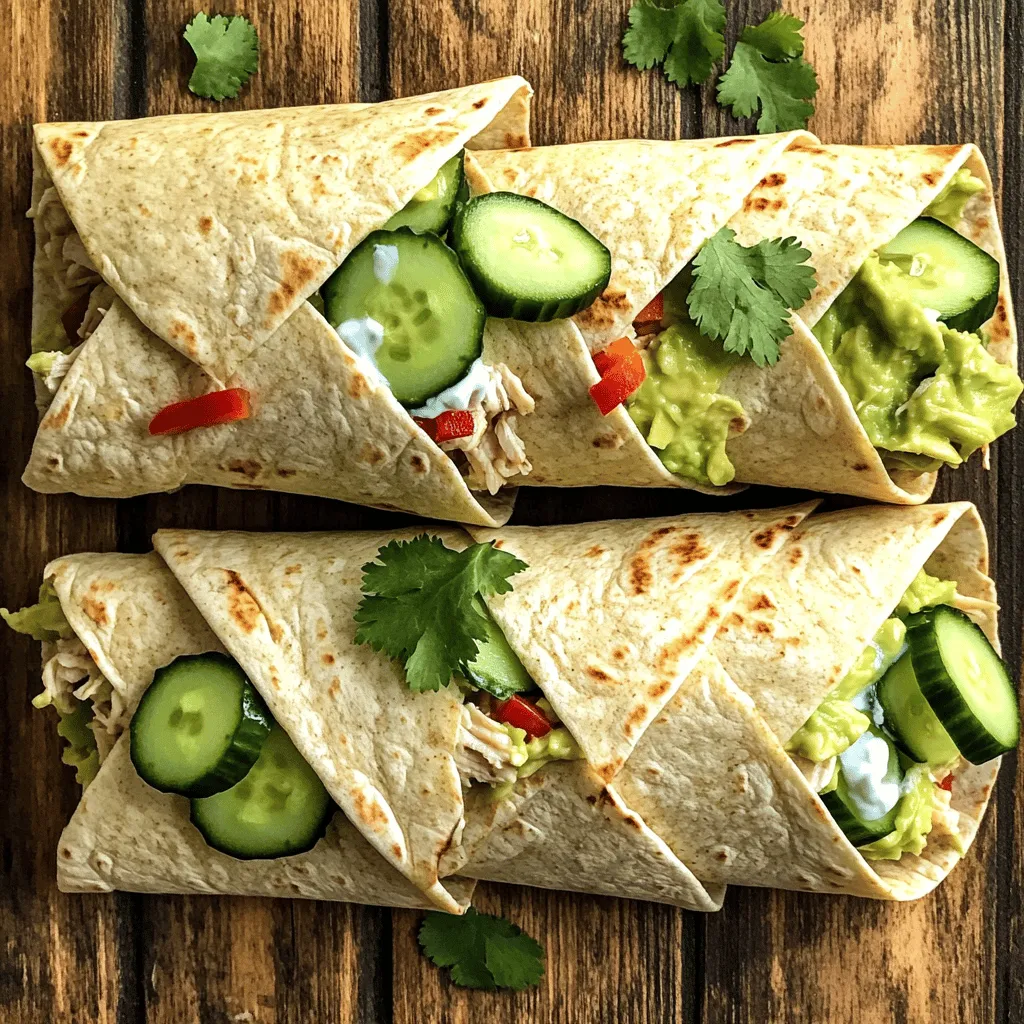 - 2 large whole wheat tortillas - 1 cup cooked chicken breast, shredded - 1 small cucumber, thinly sliced - 1/2 red bell pepper, julienned - Fresh cilantro leaves, for garnish To make healthy chicken wraps, you need whole wheat tortillas. They are a great choice because they are higher in fiber than white tortillas. Next, add cooked chicken breast. Shredded chicken is easy to mix and adds good protein. Fresh vegetables elevate your wraps. Sliced cucumber offers crunch, while julienned red bell pepper adds sweetness. Finally, cilantro gives a fresh kick to each bite. - 1 ripe avocado, mashed - 1/4 cup Greek yogurt - 1 teaspoon garlic powder - 1 teaspoon smoked paprika For flavor, use mashed avocado. It creates a creamy texture and adds healthy fats. Greek yogurt is another great choice. It makes the chicken filling smooth and tangy. Spices like garlic powder and smoked paprika bring depth to the dish. They enhance the taste without extra calories. - 1 tablespoon fresh lime juice - Salt and black pepper to taste To finish, add fresh lime juice. It brightens up the flavors and adds a zesty touch. Season with salt and black pepper to your liking. These simple additions make the wraps even better. For the full recipe, check out Zesty Avocado Chicken Wraps. Start by shredding the cooked chicken breast. You can use your hands or forks to pull it apart. Next, mash the ripe avocado in a bowl until smooth. Slice the cucumber thinly and julienne the red bell pepper. These fresh veggies add crunch and color to your wrap. Now, mix the shredded chicken with Greek yogurt, lime juice, garlic powder, smoked paprika, salt, and black pepper. Stir until the chicken is well coated. Take a whole wheat tortilla and spread half of the mashed avocado on one side. This creamy layer adds taste and keeps the wrap moist. On the same side, spoon half of the chicken mixture. Add the sliced cucumber and julienned red bell pepper. Finally, sprinkle some fresh cilantro leaves for extra flavor. To roll your wrap, start at the end with the fillings. Lift the edge and roll it away from you. Tuck in the sides to secure the filling. Slice the wrap in half diagonally for easy eating. Serve the wraps on a bright plate, adding extra cilantro and lime wedges on the side. This adds a pop of color and flavor to your meal. For the full recipe, refer to the instructions provided earlier. To create the best healthy chicken wraps, always use fresh ingredients. Fresh veggies add bright flavors and crunch. I recommend using ripe avocados and crisp cucumbers. Adjust the seasoning based on your taste. If you love spice, add more garlic powder or smoked paprika. These wraps pair well with simple side dishes. A fresh green salad adds crunch and color. You can also serve them with baked sweet potato fries. For dipping, try Greek yogurt mixed with herbs. Hummus or salsa also make tasty options. To make these wraps kid-friendly, swap out any disliked ingredients. Use shredded carrots or sliced apples in place of cucumbers. Let your kids help with prep. They can mash avocados or roll the wraps. This makes them more excited to eat what they helped make. For the full recipe, check out the Zesty Avocado Chicken Wraps. {{image_4}} If you want a low-carb meal, try lettuce wraps. They have fewer carbs than tortillas. You can use large leaves of romaine or butter lettuce. This keeps your meal light and crunchy. You can also swap out chicken for turkey or tofu. Turkey offers a similar taste with fewer calories. Tofu is a great choice for plant-based meals. Both options are easy to prepare and taste great. For a vegetarian wrap, consider using beans or legumes. Black beans or chickpeas add protein and fiber. They also bring a nice texture to your meal. If you need gluten-free options, choose corn tortillas. They work well with all the same fillings. You can also use a large leaf of collard greens as a wrap. This makes your meal fresh and fun. To spice things up, add jalapeños or hot sauce. This gives your wrap a nice kick. You can also make a Mediterranean version. Use olives, feta cheese, and hummus for a tasty twist. For an Asian-inspired wrap, add teriyaki sauce and shredded carrots. This change brings a new flavor to your meal. You can mix and match different ingredients to find what you love most. To keep your healthy chicken wraps fresh, place them in the fridge. Wrap each wrap in plastic wrap or foil. This prevents the tortillas from drying out. If you use parchment paper, it helps keep the wraps moist. You can store them for up to three days. After that, the taste and texture may change. Yes, you can freeze chicken wraps! Wrap each one tightly in plastic wrap. Then, place them in an airtight container or a freezer bag. They can last up to three months in the freezer. To thaw, leave them in the fridge overnight. For reheating, use a microwave or a skillet. This helps keep the wrap warm and soft. For storing wraps, use airtight containers. Glass or BPA-free plastic containers work well. This keeps air out and keeps the wraps fresh. You can also use foil or plastic wrap for a quick option. Wrapping the wraps tightly helps preserve their texture and taste. Chicken wraps offer many health benefits. They are a great source of lean protein. Lean protein helps build muscle and keeps you full. Whole grains in the tortillas provide fiber. Fiber aids digestion and helps control blood sugar levels. Nutritional information breakdown: - Each wrap is low in calories but high in nutrients. - They contain vitamins from fresh veggies. - Avocado adds healthy fats, which are good for your heart. Whole grains and lean protein are essential for overall health. Whole grains provide energy and help maintain a healthy weight. Lean protein, like chicken, is key for muscle repair and growth. Yes, you can make these wraps ahead of time! Meal prepping saves time and stress. You can make a batch and enjoy them throughout the week. Tips for meal prepping healthy chicken wraps: - Prepare the chicken filling and slice the veggies in advance. - Store the ingredients separately to keep them fresh. - Assemble wraps just before eating to maintain texture. To keep ingredients fresh, wrap them in parchment paper. This keeps moisture out and helps them stay crisp. You can also use airtight containers for added freshness. If you need a substitute for Greek yogurt, there are many options. For dairy-free choices, try dairy-free yogurt made from almond or coconut. These options still offer a creamy texture. Low-fat alternatives if desired: - You can use low-fat sour cream instead of Greek yogurt. - Cottage cheese is another great choice. It has similar protein content and a nice flavor. Experiment with these alternatives to find what you like best in your healthy chicken wraps. Healthy chicken wraps are simple to make and full of flavor. We covered key ingredients like whole wheat tortillas, fresh veggies, and tasty flavor enhancers. I shared step-by-step instructions on preparation, assembly, and serving tips. Variations can fit different diets, and smart storage helps keep them fresh. These wraps are not only nutritious but also fun to make, especially with kids. Enjoy crafting your healthy chicken wraps, and let your creativity shine!