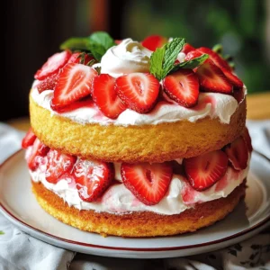 To make this cake, you need simple, fresh ingredients. Here’s what you’ll need: - 1 ½ cups all-purpose flour - 1 ½ teaspoons baking powder - ½ teaspoon baking soda - ½ teaspoon salt - ¾ cup unsalted butter, softened at room temperature - 1 cup granulated sugar - 2 large eggs, room temperature - 1 teaspoon pure vanilla extract - ½ cup whole milk, room temperature - 1 cup mascarpone cheese - 1 cup heavy whipping cream, chilled - 2 tablespoons powdered sugar - 2 cups fresh strawberries, hulled and sliced - Fresh mint leaves for garnish (optional) These ingredients create a light and fluffy cake with a creamy filling. When choosing strawberries, look for bright red ones. They should have a sweet scent and firm texture. Avoid any with white or green spots, as they may not be ripe. Always check for mold or bruising, as this can spoil your cake. If you can, buy organic strawberries. They often taste sweeter and are better for the environment. If you need to make swaps, here are some options: - Butter: Use coconut oil or unsalted margarine. - Sugar: You can use coconut sugar or honey. - Mascarpone cheese: Cream cheese or Greek yogurt works in a pinch. - Whole milk: Almond milk or oat milk can be good alternatives. - Fresh strawberries: Other berries like raspberries or blueberries can add a fun twist. Feel free to adjust the recipe to fit your needs! For the complete recipe, check out the Full Recipe. To start, you need to preheat your oven to 350°F (175°C). Grease two 9-inch round cake pans and dust them with flour. This helps the cakes come out easily. Next, take a medium mixing bowl. Add 1 ½ cups of all-purpose flour, 1 ½ teaspoons of baking powder, ½ teaspoon of baking soda, and ½ teaspoon of salt. Whisk these dry ingredients together until mixed well. Set this bowl aside. In a large mixing bowl, cream ¾ cup of softened unsalted butter and 1 cup of granulated sugar. Use a hand mixer or stand mixer on medium speed for about 3-5 minutes. You want it light and fluffy. Next, add 2 large eggs one at a time. Mix well after each egg. Then, add 1 teaspoon of pure vanilla extract. Pour in ½ cup of whole milk and blend until just combined. Now, slowly add your dry mixture to the wet batter. Mix gently until it is just combined. Be careful not to overmix. This will help your cake be light and fluffy. Once your batter is ready, evenly divide it between the two cake pans. Bake them in the preheated oven for 25-30 minutes. To check if they are done, insert a toothpick into the center. If it comes out clean, they are ready! After baking, allow the cakes to cool in the pans for about 10 minutes. Then, carefully invert them onto a wire rack. Let them cool completely before adding the cream. While your cakes cool, you can make the mascarpone cream. In a mixing bowl, combine 1 cup of mascarpone cheese and 2 tablespoons of powdered sugar. Beat them together until smooth. In another chilled bowl, whip 1 cup of heavy whipping cream until stiff peaks form. Now, gently fold the whipped cream into the mascarpone mixture. Do this until smooth and well combined, but be careful not to deflate the whipped cream. This will keep your cream light and airy. Once your cakes are cool, follow the [Full Recipe] to layer them with the mascarpone cream and strawberries. Enjoy this delightful treat! To get a soft cake, start with room temperature ingredients. It helps them mix better. Use a light touch when mixing. Overmixing can make the cake tough. When adding dry and wet ingredients, mix until just combined. This keeps your cake airy and light. After baking, let your cakes cool in the pans for 10 minutes. This makes it easy to remove them. Then, flip the cakes onto a wire rack. Let them cool completely before layering. If you layer the cake too soon, the cream can melt and slide off. Serve this cake on a nice platter. Garnish with fresh strawberry slices. You can also add mint leaves for a pop of color. For extra flair, drizzle leftover mascarpone cream on top. This makes each slice look special. You can find the full recipe to guide you through these steps. {{image_4}} You can switch out strawberries for other fruits. Ripe peaches, blueberries, or raspberries work well. Each fruit adds its own flavor. For a tropical twist, try mango or pineapple. Just slice the fruit thinly, like you do with strawberries. The goal is to keep it fresh and vibrant. To make this cake gluten-free, use a gluten-free flour blend. Be sure to check that it contains a binding agent. For a dairy-free option, swap out the butter with coconut oil. Use a dairy-free cream cheese in place of mascarpone. These changes keep the cake tasty and light while catering to different diets. Add zest from a lemon or orange to the batter. This brings a nice zing to your cake. You can also use vanilla bean paste instead of pure vanilla extract. The tiny specks of vanilla bean give a lovely look and taste. Feel free to experiment with flavors you love! To keep your leftover cake fresh, wrap it tightly in plastic wrap. This protects it from drying out. Store it in the fridge for up to three days. The cool air helps maintain the creamy texture of the mascarpone. If you want to enjoy it later, you can freeze it. If you plan to freeze your cake layers, let them cool completely first. Wrap each layer in plastic wrap and then in aluminum foil. This extra layer stops freezer burn. You can freeze the layers for up to three months. When you want to use them, thaw in the fridge overnight. For the best taste, serve the cake within a few days of making it. To keep it fresh longer, avoid adding toppings until you are ready to serve. Keep it in an airtight container. This helps prevent the cake from absorbing other odors in your fridge. Enjoy your delicious strawberry mascarpone cream cake at its best! The Strawberry Mascarpone Cream Cake comes from Italy. Mascarpone is a rich cheese that adds creaminess. Italians often use it in desserts like tiramisu. This cake combines fresh strawberries with the creamy texture of mascarpone. It creates a light and sweet dessert. Many people now enjoy it around the world. It has become a favorite for celebrations and summer gatherings. Yes, you can make this cake in advance. You can bake the cake layers a day early. Just store them in an airtight container. This keeps them fresh. You can also prepare the mascarpone cream a day ahead. Store it in the fridge until you need it. When you are ready, assemble the cake. This way, you save time on the big day. To check if the cake is fully baked, use a toothpick. Insert the toothpick into the center of the cake. If it comes out clean, the cake is done. If it has wet batter on it, bake a few more minutes. Keep checking every few minutes until it's ready. The edges of the cake may also pull away from the pan slightly when done. In this article, we explored making a delicious Strawberry Mascarpone Cream Cake. We covered essential ingredients, tips for selecting the best strawberries, and how to substitute common ingredients. You learned step-by-step instructions for baking and making the cream, along with helpful tips for texture and serving. Remember, feel free to try variations and find what you love. Store leftovers properly to keep your cake fresh. Enjoy your baking journey, and have fun serving this delightful dessert!