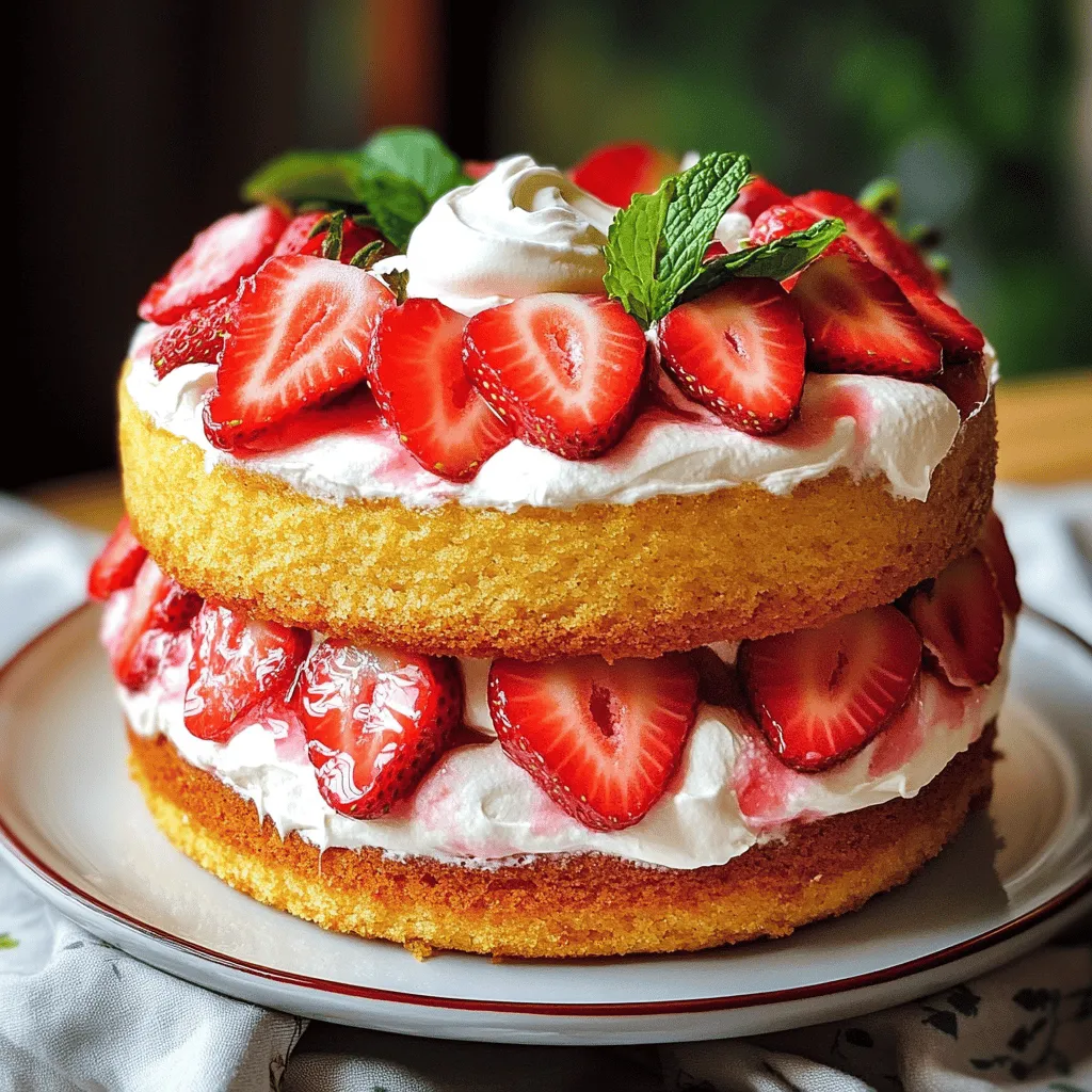 To make this cake, you need simple, fresh ingredients. Here’s what you’ll need: - 1 ½ cups all-purpose flour - 1 ½ teaspoons baking powder - ½ teaspoon baking soda - ½ teaspoon salt - ¾ cup unsalted butter, softened at room temperature - 1 cup granulated sugar - 2 large eggs, room temperature - 1 teaspoon pure vanilla extract - ½ cup whole milk, room temperature - 1 cup mascarpone cheese - 1 cup heavy whipping cream, chilled - 2 tablespoons powdered sugar - 2 cups fresh strawberries, hulled and sliced - Fresh mint leaves for garnish (optional) These ingredients create a light and fluffy cake with a creamy filling. When choosing strawberries, look for bright red ones. They should have a sweet scent and firm texture. Avoid any with white or green spots, as they may not be ripe. Always check for mold or bruising, as this can spoil your cake. If you can, buy organic strawberries. They often taste sweeter and are better for the environment. If you need to make swaps, here are some options: - Butter: Use coconut oil or unsalted margarine. - Sugar: You can use coconut sugar or honey. - Mascarpone cheese: Cream cheese or Greek yogurt works in a pinch. - Whole milk: Almond milk or oat milk can be good alternatives. - Fresh strawberries: Other berries like raspberries or blueberries can add a fun twist. Feel free to adjust the recipe to fit your needs! For the complete recipe, check out the Full Recipe. To start, you need to preheat your oven to 350°F (175°C). Grease two 9-inch round cake pans and dust them with flour. This helps the cakes come out easily. Next, take a medium mixing bowl. Add 1 ½ cups of all-purpose flour, 1 ½ teaspoons of baking powder, ½ teaspoon of baking soda, and ½ teaspoon of salt. Whisk these dry ingredients together until mixed well. Set this bowl aside. In a large mixing bowl, cream ¾ cup of softened unsalted butter and 1 cup of granulated sugar. Use a hand mixer or stand mixer on medium speed for about 3-5 minutes. You want it light and fluffy. Next, add 2 large eggs one at a time. Mix well after each egg. Then, add 1 teaspoon of pure vanilla extract. Pour in ½ cup of whole milk and blend until just combined. Now, slowly add your dry mixture to the wet batter. Mix gently until it is just combined. Be careful not to overmix. This will help your cake be light and fluffy. Once your batter is ready, evenly divide it between the two cake pans. Bake them in the preheated oven for 25-30 minutes. To check if they are done, insert a toothpick into the center. If it comes out clean, they are ready! After baking, allow the cakes to cool in the pans for about 10 minutes. Then, carefully invert them onto a wire rack. Let them cool completely before adding the cream. While your cakes cool, you can make the mascarpone cream. In a mixing bowl, combine 1 cup of mascarpone cheese and 2 tablespoons of powdered sugar. Beat them together until smooth. In another chilled bowl, whip 1 cup of heavy whipping cream until stiff peaks form. Now, gently fold the whipped cream into the mascarpone mixture. Do this until smooth and well combined, but be careful not to deflate the whipped cream. This will keep your cream light and airy. Once your cakes are cool, follow the [Full Recipe] to layer them with the mascarpone cream and strawberries. Enjoy this delightful treat! To get a soft cake, start with room temperature ingredients. It helps them mix better. Use a light touch when mixing. Overmixing can make the cake tough. When adding dry and wet ingredients, mix until just combined. This keeps your cake airy and light. After baking, let your cakes cool in the pans for 10 minutes. This makes it easy to remove them. Then, flip the cakes onto a wire rack. Let them cool completely before layering. If you layer the cake too soon, the cream can melt and slide off. Serve this cake on a nice platter. Garnish with fresh strawberry slices. You can also add mint leaves for a pop of color. For extra flair, drizzle leftover mascarpone cream on top. This makes each slice look special. You can find the full recipe to guide you through these steps. {{image_4}} You can switch out strawberries for other fruits. Ripe peaches, blueberries, or raspberries work well. Each fruit adds its own flavor. For a tropical twist, try mango or pineapple. Just slice the fruit thinly, like you do with strawberries. The goal is to keep it fresh and vibrant. To make this cake gluten-free, use a gluten-free flour blend. Be sure to check that it contains a binding agent. For a dairy-free option, swap out the butter with coconut oil. Use a dairy-free cream cheese in place of mascarpone. These changes keep the cake tasty and light while catering to different diets. Add zest from a lemon or orange to the batter. This brings a nice zing to your cake. You can also use vanilla bean paste instead of pure vanilla extract. The tiny specks of vanilla bean give a lovely look and taste. Feel free to experiment with flavors you love! To keep your leftover cake fresh, wrap it tightly in plastic wrap. This protects it from drying out. Store it in the fridge for up to three days. The cool air helps maintain the creamy texture of the mascarpone. If you want to enjoy it later, you can freeze it. If you plan to freeze your cake layers, let them cool completely first. Wrap each layer in plastic wrap and then in aluminum foil. This extra layer stops freezer burn. You can freeze the layers for up to three months. When you want to use them, thaw in the fridge overnight. For the best taste, serve the cake within a few days of making it. To keep it fresh longer, avoid adding toppings until you are ready to serve. Keep it in an airtight container. This helps prevent the cake from absorbing other odors in your fridge. Enjoy your delicious strawberry mascarpone cream cake at its best! The Strawberry Mascarpone Cream Cake comes from Italy. Mascarpone is a rich cheese that adds creaminess. Italians often use it in desserts like tiramisu. This cake combines fresh strawberries with the creamy texture of mascarpone. It creates a light and sweet dessert. Many people now enjoy it around the world. It has become a favorite for celebrations and summer gatherings. Yes, you can make this cake in advance. You can bake the cake layers a day early. Just store them in an airtight container. This keeps them fresh. You can also prepare the mascarpone cream a day ahead. Store it in the fridge until you need it. When you are ready, assemble the cake. This way, you save time on the big day. To check if the cake is fully baked, use a toothpick. Insert the toothpick into the center of the cake. If it comes out clean, the cake is done. If it has wet batter on it, bake a few more minutes. Keep checking every few minutes until it's ready. The edges of the cake may also pull away from the pan slightly when done. In this article, we explored making a delicious Strawberry Mascarpone Cream Cake. We covered essential ingredients, tips for selecting the best strawberries, and how to substitute common ingredients. You learned step-by-step instructions for baking and making the cream, along with helpful tips for texture and serving. Remember, feel free to try variations and find what you love. Store leftovers properly to keep your cake fresh. Enjoy your baking journey, and have fun serving this delightful dessert!