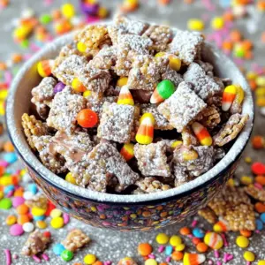 - 9 cups of Rice Chex cereal - 1 cup of semi-sweet chocolate chips - ½ cup of creamy peanut butter - ¼ cup of unsalted butter - 1 teaspoon of vanilla extract - 1½ cups of powdered sugar - 1 cup of assorted Halloween-themed candies (like candy corn, gummy worms, or chocolate spiders) - ¼ teaspoon of sea salt (optional, for garnish) Gathering these ingredients is really fun! Rice Chex cereal gives a great crunch. The chocolate chips and peanut butter create a rich, sweet coating. Unsalted butter adds creaminess, while vanilla extract enhances the flavor. Powdered sugar gives that sugary finish we all love. Choose your favorite Halloween candies to mix in. They add color and extra fun! You can even use sea salt for a nice touch. This is where your creativity shines! For the full recipe, you can follow the steps I’ve outlined. Each ingredient plays a key role in making your Halloween Muddy Buddies a tasty snack. Enjoy the process, and let your imagination run wild! First, measure 9 cups of Rice Chex cereal. You can use a measuring cup to get it right. Once you have the cereal, set it aside. This will be the base for our muddy buddies. Next, grab a microwave-safe bowl. Combine 1 cup of semi-sweet chocolate chips, ½ cup of creamy peanut butter, and ¼ cup of unsalted butter in the bowl. Microwave this mixture in 30-second intervals. Stir after each interval until it is smooth. This step is crucial for a great texture. Once your chocolate is melted, add 1 teaspoon of vanilla extract. This will give your treat a lovely flavor. Pour the chocolate mixture over the Rice Chex cereal. Use a spatula to gently fold the mixture together. Make sure every piece of cereal gets coated well. Now, take a large resealable bag or a container. Pour the cereal mixture into it. Add 1½ cups of powdered sugar to the bag. Seal it tightly and shake until all the cereal is covered. It is fun to watch the sugar coat the cereal! After shaking, spread the coated mixture onto a baking sheet or into a big bowl. Let it cool completely. While it cools, feel free to mix in your favorite Halloween-themed candies. This adds a fun and festive twist to your muddy buddies. If you want, sprinkle some sea salt on top for extra flavor. For the full recipe, check the details above. Enjoy making this spooky treat! To make the best Halloween Muddy Buddies, start by mixing well. Ensure the chocolate coats every piece of cereal. This step makes every bite tasty. Using fresh ingredients is key. Fresh chocolate chips and creamy peanut butter enhance flavors. Stale ingredients can ruin the fun. Make your Halloween Muddy Buddies shine at your party. Serve them in a spooky bowl filled with colorful candies. For an extra treat, pack them in clear bags. Tie the bags with bright ribbons for a fun look. Your guests will love these festive favors! For the full recipe, check out the detailed instructions above. {{image_4}} You can switch things up with your Halloween Muddy Buddies. For a nutty twist, swap creamy peanut butter for almond butter or sunbutter. Both options add unique flavors without losing that creamy texture. If you're a chocolate lover, try using dark chocolate chips or white chocolate chips instead of semi-sweet chocolate. Each type of chocolate brings its own taste, making your muddy buddies exciting and new. Make your muddy buddies festive for any season! Use holiday-themed candies like red and green M&Ms for Christmas or pastel candies for Easter. For Halloween, mix in candy corn, gummy worms, or chocolate spiders. You can also customize the colors of your muddy buddies. Add food coloring to your melted chocolate for a spooky green or orange hue. This way, your treat stands out at any party or gathering! To keep your Halloween Muddy Buddies fresh, store them in an airtight container. I recommend using a glass jar with a lid or a plastic container. These options prevent air and moisture from ruining your treat. Make sure the container is clean and dry before adding the muddy buddies. For extra freshness, layer parchment paper between the treats to avoid sticking. At room temperature, your Halloween Muddy Buddies last about a week. They taste best when fresh, so enjoy them within this time. If you want to keep them longer, freezing is an option. To freeze, place the muddy buddies in a freezer-safe bag. Remove any air before sealing. When you're ready to eat them, let them thaw at room temperature. This method helps maintain their crunchy texture. The prep time for Halloween Muddy Buddies is 15 minutes. The total time to make them is 30 minutes. This recipe serves about 8 to 10 people, making it perfect for a small party or gathering. Yes, you can make Halloween Muddy Buddies ahead of time. They stay fresh for several days when stored properly. Keep them in an airtight container at room temperature. This way, you can save time on the day of your event. You can easily customize your Halloween Muddy Buddies! Here are some fun ideas: - Swap vanilla for almond extract for a nutty twist. - Add crushed pretzels for some crunch. - Try different types of chocolate, like white or dark chocolate. - Mix in seasonal candies like gummy bats or pumpkin-shaped chocolates. Experiment with flavors to make them your own! For the full recipe, refer back to the main section. You now have all you need to make tasty Halloween Muddy Buddies. Start with simple ingredients like Rice Chex, chocolate, and candy. Follow the steps carefully to melt and mix well. Remember to play with flavors, and get creative for your Halloween parties. Store them right for lasting freshness. Enjoy these treats with friends and family. Making Halloween special can be easy and fun!