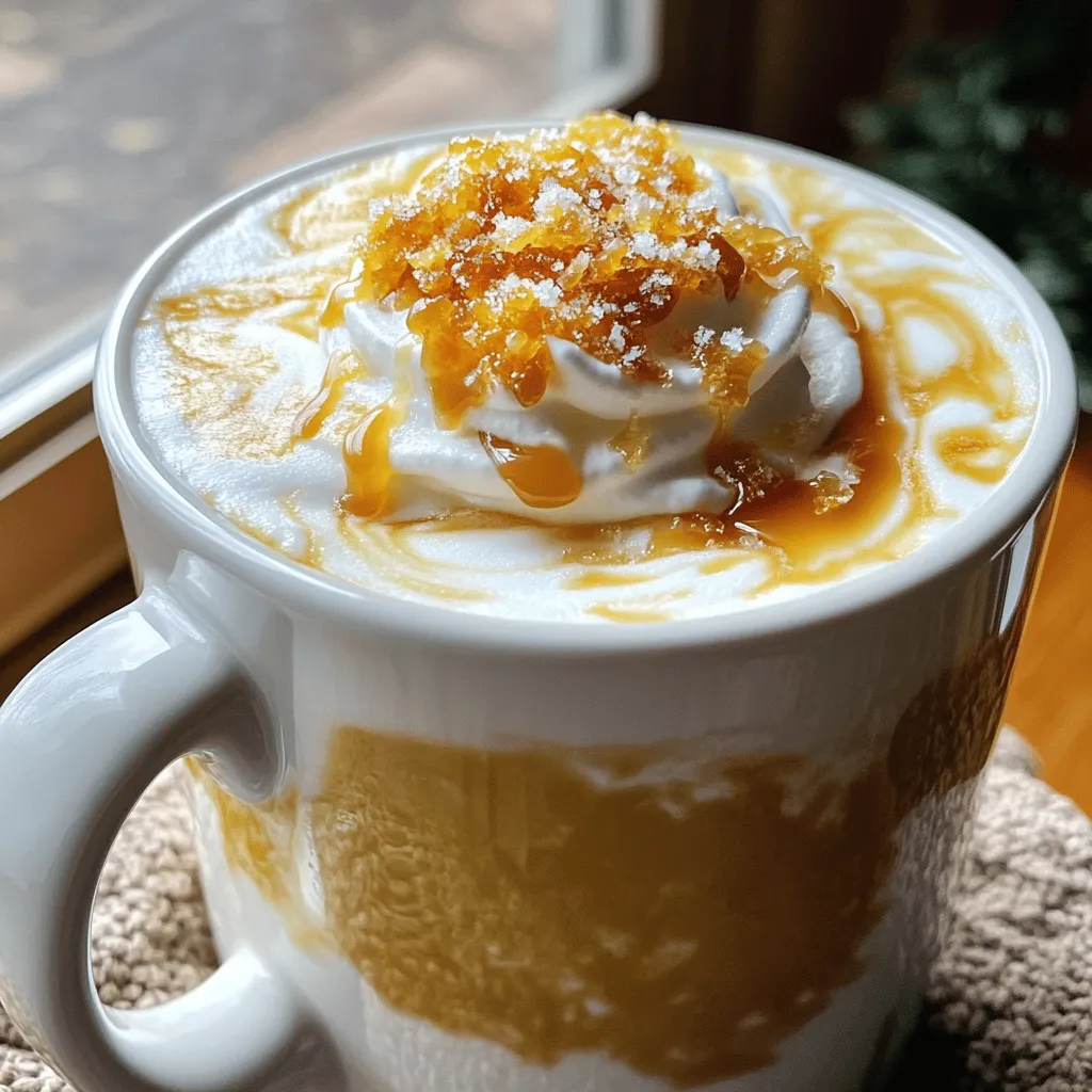 - 1 cup strong brewed coffee or espresso - 1 cup milk (whole, almond, or oat) - 2 tablespoons caramel sauce (plus for drizzling) - 1 tablespoon granulated sugar (for the brûlée topping) - 1/4 teaspoon flaky sea salt - Whipped cream (for topping) - Optional spices: pinch of ground cinnamon or nutmeg To create a Salted Caramel Brûlée Latte, gather these ingredients. Start with strong brewed coffee or espresso. This forms the base of your drink. Choose your milk, whether it’s whole, almond, or oat. Each one adds a unique touch. You will need two tablespoons of caramel sauce. This sweet sauce gives your latte its rich flavor. Don’t forget to save some for drizzling on top. The granulated sugar will create the crispy brûlée layer. A sprinkle of flaky sea salt enhances the sweet notes. Whipped cream acts as a delicious crown for your latte. If you want, you can add a pinch of ground cinnamon or nutmeg for extra warmth. This blend of ingredients makes each sip a delightful treat. For the full recipe, check the Salted Caramel Brûlée Latte section. Enjoy crafting this flavorful drink! - Brew the Coffee: Start by brewing a cup of strong coffee or espresso. I recommend using freshly ground beans for the best taste. - Set Aside to Cool: Let the coffee cool for a few minutes. This helps the flavors blend better later on. - Using a Small Saucepan: Pour your milk into a small saucepan. You can choose whole, almond, or oat milk. - Whisking to Froth: Heat the milk over medium-low. Whisk it constantly until it becomes warm and frothy. Don’t let it boil, or you’ll lose that creamy texture. - Stirring in Caramel Sauce and Sea Salt: Add two tablespoons of caramel sauce and a pinch of flaky sea salt to the warmed milk. Stir well to combine. This mix adds a sweet and salty flavor. - Combining with Brewed Coffee: Pour the caramel milk into the cup with your brewed coffee. Stir gently to mix the layers without losing the froth. - Sprinkling Granulated Sugar: Take one tablespoon of granulated sugar and sprinkle it evenly over the whipped cream on top of your latte. This sugar will create the brûlée crust. - Caramelizing with a Kitchen Torch or Broiler: Use a kitchen torch to caramelize the sugar. Aim for a golden crust. If you don’t have a torch, place the latte under a broiler for a few minutes. Keep an eye on it to prevent burning. - Pouring Layers Together: Carefully pour the caramel-infused milk into the coffee. This creates a lovely marbled effect. - Topping with Whipped Cream and Caramel: Finish by adding a generous dollop of whipped cream on top. Drizzle some extra caramel sauce and sprinkle a pinch of flaky sea salt for that irresistible touch. To make your Salted Caramel Brûlée Latte, follow the [Full Recipe] for complete details. Enjoy every sip! To make the best froth, heating the milk is key. Heat it slowly in a small saucepan. Whisk the milk the whole time. This keeps the milk creamy and helps it froth. Avoid boiling it, or your froth will collapse. You can also use a frother for a quick fix. If you want dairy-free options, almond or oat milk works great. Both create a nice froth and add unique flavors. Almond milk has a nutty taste, while oat milk is creamy. Each brings a special touch to your latte. Adding spices can take your latte to the next level. A pinch of ground cinnamon or nutmeg brings warmth. These spices pair wonderfully with caramel and coffee. Try them to make your drink even more inviting. When caramelizing the sugar, keep an eye on it. Use a kitchen torch for control. If you don't have one, broil the sugar in your oven. Watch closely to avoid burning. The goal is a golden crust that adds crunch. You can adjust the sweetness to your taste. If you like it sweeter, add more caramel sauce. Try different types of sugar too, like brown sugar for a deeper flavor. For those needing dairy-free options, stick to almond or oat milk. They create a rich taste without the dairy. You can enjoy a delightful latte that's also friendly for your diet. For the full recipe, check out the Salted Caramel Brûlée Latte above! {{image_4}} You can easily make a dairy-free Salted Caramel Brûlée Latte. Choose almond or oat milk instead of regular milk. Almond milk adds a nutty taste, while oat milk gives a creamy feel. Both options work well with the caramel and coffee flavors. Simply follow the same steps in the recipe, swapping regular milk for your chosen alternative. If you're watching your sugar intake, try low-calorie sweeteners. Options like stevia or monk fruit can replace granulated sugar. You can mix them into your caramel sauce, or sprinkle them over the whipped cream. This way, you still enjoy the sweet taste without the extra calories. Just remember to adjust the amount to fit your taste. You can change up the flavor based on the season. In fall, try adding pumpkin spice to your latte. Mix in a teaspoon of pumpkin spice when you add the caramel. The warm spices enhance the cozy feeling of fall. For winter, add a mint flavor. A few drops of peppermint extract can give your latte a festive twist. These variations keep your drink fun and exciting all year round. After making your Salted Caramel Brûlée Latte, you might have some left. Here’s how to store it. - Refrigerating Prepared Latte: Pour the latte into an airtight container. Seal it tight and put it in the fridge. It will stay fresh for up to 2 days. - Best Practices for Reheating: When you want to enjoy it again, heat it gently. Use the microwave or a small pot. Stir well and check the temperature before sipping. Knowing how long your ingredients last is key to keeping your latte tasty. - Freshness of Milk and Cream: Dairy products can spoil quickly. Always check the expiration date. Use milk within a week after opening. Cream should also be used quickly for best taste. - Storage of Caramel Sauce: Store caramel sauce in a cool, dark place. Once opened, keep it in the fridge. It lasts up to a month when stored properly. These tips will help you enjoy your latte and its flavors longer. For the full recipe, check out the Salted Caramel Brûlée Latte instructions above. You can easily make this latte vegan. Use almond or oat milk instead of regular milk. Both options create a creamy texture while keeping it dairy-free. For the whipped cream, choose a vegan brand or make your own using coconut cream. This swap keeps all the rich flavors of the Salted Caramel Brûlée Latte while being kind to animals. Yes, you can use instant coffee. However, the taste may change. Instant coffee often lacks the depth and richness of brewed coffee. If you use instant, mix it with hot water per the package instructions. This will give you a quick fix, but the flavor might not be as bold or satisfying. You have many options for sweetening. Caramel sauce adds a rich sweetness and pairs well with the coffee. For a lighter touch, try maple syrup or agave nectar. You can also use regular sugar or a sugar alternative like stevia. Each option changes the flavor slightly, so feel free to experiment! You can find this drink at many coffee shops. Chains like Starbucks often serve it, especially during the fall and winter months. Local cafes may have their own versions too. Check their seasonal menus or ask the barista for a similar drink. Enjoying this latte from a café can be a delightful treat! You learned how to make a delicious Salted Caramel Brûlée Latte at home. We covered the ingredients, preparation steps, and tips for perfecting the drink. Customization options allow you to create dairy-free or seasonal flavors to match your taste. Storing leftovers and understanding ingredient freshness ensures you enjoy this treat for longer. Explore your options and make this latte your own. Enjoy every creamy, sweet sip!