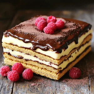 To make this delightful dessert, you need the following ingredients: - 2 cups heavy whipping cream - 1 cup powdered sugar - 1 teaspoon vanilla extract - 1 box (14 oz) graham crackers - 1 package (3.4 oz) instant vanilla pudding mix - 2 ½ cups milk - 1 container (8 oz) whipped topping, thawed - 1 cup semi-sweet chocolate chips - 2 tablespoons unsweetened cocoa powder - 1 tablespoon butter These ingredients work together to create a rich and creamy dessert. The layers of pudding and whipped cream pair perfectly with the graham crackers. You can add some extra touches for flavor and style: - Fresh berries, like strawberries or raspberries - A sprinkle of cocoa powder for dusting - Chocolate shavings for a rich look - A dollop of whipped cream on top These garnishes add color and flavor. They also make your cake look more appealing and special. If you need to swap some ingredients, here are a few ideas: - Use almond milk instead of regular milk for a nutty flavor. - Swap chocolate chips with white chocolate for a sweeter taste. - Use a dairy-free whipped topping for a vegan option. Making these swaps can help you customize the cake to your taste. Just remember, these changes may alter the final flavor or texture slightly. For the full recipe, check out [Full Recipe]. To start, grab a large mixing bowl. Pour in 2 cups of heavy whipping cream. Use an electric mixer on medium speed. Whip the cream until it thickens. Slowly add in 1 cup of powdered sugar and 1 teaspoon of vanilla extract. Keep whipping until firm peaks form. This will take a few minutes. Once done, set the whipped cream aside for later. Next, take another bowl. Add a package of instant vanilla pudding mix and 2 ½ cups of milk. Whisk these together until smooth. Make sure there are no lumps. Let the pudding sit for about 5 minutes. Stir occasionally while it thickens. Now it’s time to build your cake. Grab a 9x13 inch dish. Place a layer of graham crackers on the bottom. Make sure they cover the entire dish. Spoon half of the pudding mixture over the crackers. Spread it out evenly with a spatula. Next, add another layer of graham crackers on top of the pudding. Then, pour the rest of the pudding mixture over these crackers. Finally, finish with a last layer of graham crackers. Cover the dish tightly with plastic wrap and refrigerate for at least 4 hours. Overnight is best to let it set completely. For the chocolate ganache, melt 1 tablespoon of butter in a small saucepan over medium heat. Once melted, stir in 1 cup of semi-sweet chocolate chips. Keep stirring until it is smooth. Remove from heat and whisk in 2 tablespoons of cocoa powder. Let the ganache cool slightly. After chilling the cake, pour the ganache over the top and spread it evenly. Return the cake to the fridge for 30 more minutes. Now you are ready to slice and serve! For more details, check the Full Recipe. To make the best whipped cream, start with cold heavy whipping cream. Cold cream whips better. Use a large bowl and an electric mixer. Whip until soft peaks start to form. Then, slowly add powdered sugar and vanilla extract. Continue whipping until you see firm peaks. Don’t over-whip or it will turn grainy. Layering is key for this cake. Begin with a single layer of graham crackers. Press them down to make sure they stay in place. Next, spread half of the pudding mix on top. Make it even with a spatula. Then, repeat the process with more graham crackers and pudding. End with another layer of crackers on top. Cover it tightly and refrigerate. This helps the flavors blend well. Avoid using warm ingredients when making the whipped cream. Warm cream does not whip well. Another mistake is not letting the cake chill long enough. This cake needs time to set, so aim for at least four hours. Don’t skip the ganache; it adds a delicious chocolate layer. Lastly, be careful not to over-mix when combining the whipped topping and pudding. Gentle folding keeps the light texture. {{image_4}} You can easily switch up the flavor of the pudding. Try using chocolate pudding instead of vanilla for a rich taste. You can even mix in some peanut butter for a nutty twist. If you want a fruity flavor, use banana pudding. Each option adds a fun spin to the cake. Toppings can change the whole look and flavor of your cake. Instead of chocolate ganache, try a simple whipped cream topping. You can also add fresh fruit like strawberries or blueberries for a burst of color. Nuts or crushed cookies can add a nice crunch too. Get creative and make it your own! If you have dietary needs, don’t worry. You can make this cake gluten-free. Just use gluten-free graham crackers. For a dairy-free option, use coconut cream instead of heavy whipping cream. Swap the pudding mix for a dairy-free version too. This cake can fit many diets with a few easy changes. To keep your No Bake Chocolate Eclair Icebox Cake fresh, store it in the fridge. Cover it with plastic wrap or a lid. This keeps it from drying out and absorbing other odors. Always make sure it is well sealed. This cake stays fresh for about 4 to 5 days in the fridge. After this time, it may lose some flavor and texture. The graham crackers can become soft, so enjoy it while it's fresh! You can freeze this cake for longer storage. Slice it into pieces and wrap each slice tightly in plastic wrap. Then, place the slices in a freezer bag. When ready to eat, thaw in the fridge overnight. Enjoy your cake with all its delightful flavors! To make this cake gluten-free, use gluten-free graham crackers. Many brands offer tasty options. You can find these in most grocery stores. This swap keeps the same great flavor while catering to your needs. Yes! You can use any flavor of pudding you like. Chocolate, butterscotch, or even strawberry can work well. Mixing flavors can add fun twists. Just make sure to follow the same steps in the recipe. If you don’t have heavy whipping cream, you can use chilled coconut cream. It whips up nicely and adds a slight coconut flavor. You can also use whipped topping as a substitute for a quicker option. To keep the cake from getting soggy, layer the graham crackers quickly. Don’t let them sit in the pudding too long. Refrigerate for the recommended time to let layers set without becoming mushy. Absolutely! This dessert is great for making ahead. You can prepare it a day or two in advance. Just store it in the fridge. The flavors will blend beautifully, making it even tastier when served! You now know the key steps to make a No Bake Chocolate Eclair Icebox Cake. We covered each essential ingredient, from whipped cream to pudding. You learned tips to avoid common mistakes and how to customize your cake to fit your taste. Remember to store it properly for the best results. With the right techniques, you can impress your friends and family. Enjoy the process and make this delightful dessert your own!