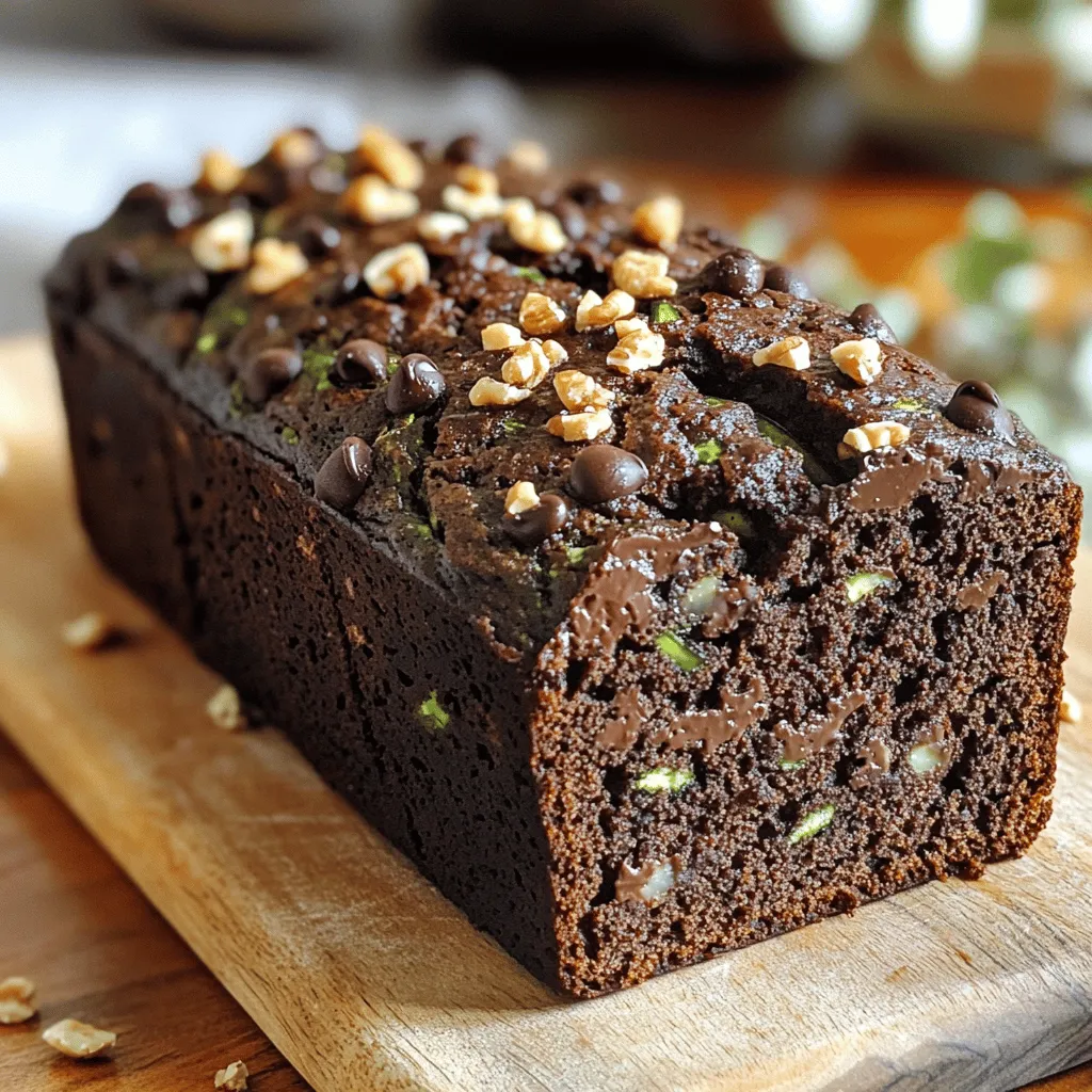 - 1 medium zucchini, grated (about 1 cup) - 1/2 cup unsweetened applesauce - 1/2 cup pure maple syrup or honey - 1/2 cup almond milk (or your choice of milk) - 1 teaspoon pure vanilla extract - 1 cup whole wheat flour - 1/2 cup unsweetened cocoa powder - 1 teaspoon baking soda - 1/2 teaspoon baking powder - 1/2 teaspoon sea salt These ingredients make up the base of your healthy chocolate zucchini bread. The grated zucchini adds moisture while keeping it light. Unsweetened applesauce acts as a natural sweetener and keeps the loaf tender. Maple syrup or honey brings in sweetness without refined sugar. - 1/2 cup dark chocolate chips - 1/4 cup chopped nuts (like walnuts or pecans) - 1/2 teaspoon ground cinnamon (optional) If you want to kick up the flavor, add dark chocolate chips. They melt beautifully and create a rich taste. Chopped nuts give a nice crunch and extra nutrition. A dash of cinnamon adds warmth and complements the chocolate perfectly. For the full recipe, check out the [Full Recipe]. 1. Preheating the Oven Set your oven to 350°F (175°C). This temperature works well for baking. Preheating is key to even baking. 2. Preparing the Loaf Pan Use a 9x5 inch loaf pan. Lightly grease it with oil, or line it with parchment paper. This step helps the bread come out easily. 1. Combining Zucchini and Applesauce Mixture In a large bowl, grate one medium zucchini. You need about one cup. Add half a cup of unsweetened applesauce. This keeps the bread moist. 2. Incorporating Sweeteners and Milk Next, mix in half a cup of pure maple syrup or honey. Then, pour in half a cup of almond milk. Add one teaspoon of pure vanilla extract for flavor. Stir until smooth. 1. Whisking Together the Dry Ingredients In a separate bowl, whisk one cup of whole wheat flour with half a cup of cocoa powder. Add one teaspoon of baking soda, half a teaspoon of baking powder, and half a teaspoon of sea salt. If you like, include half a teaspoon of ground cinnamon. This helps mix everything evenly. 1. Method for Mixing Without Overmixing Gradually add the dry ingredients into the wet mixture. Stir gently. Stop mixing when just combined. It’s fine if the batter has a few lumps. 2. Folding in Chocolate Chips and Nuts Now, fold in half a cup of dark chocolate chips and, if you want, a quarter cup of chopped nuts. Do this carefully to keep the chips whole. You want them spread evenly. 1. Pouring Batter into the Loaf Pan Pour your batter into the prepared loaf pan. Use a spatula to spread it evenly. This makes sure it bakes nicely. 2. Baking Times and Doneness Check Place the pan in the oven. Bake for 50 to 60 minutes. To check if it’s done, insert a toothpick into the center. It should come out clean or with a few moist crumbs. This recipe gives you a moist and tasty treat. For the full recipe, check the detailed instructions above. To make this chocolate zucchini bread even healthier, try swapping sweeteners. Instead of maple syrup, use agave syrup or mashed ripe bananas. Both options can cut sugar and add flavor. For flours, you can use almond flour or oat flour. These choices boost nutrition. If you want a dairy-free version, use nut milk, like almond or cashew milk. You can also opt for coconut yogurt instead of regular yogurt. These swaps keep the bread moist and tasty while catering to dietary needs. The key to a great texture is not overmixing. Mix the batter until just combined. A few lumps are okay! This keeps the bread light and fluffy. To ensure moistness, add a little extra grated zucchini. If you like, you can also include a splash of additional almond milk. This makes each slice soft and delicious. For serving, slice the loaf on a wooden board. It looks rustic and inviting. You can dust the top with a bit of powdered sugar for a pretty touch. This bread pairs well with nut butter. Spread almond or peanut butter on warm slices. You can also add sliced bananas or fresh berries on top for extra flavor. Enjoy this delicious treat anytime! {{image_4}} You can make this healthy chocolate zucchini bread even better by choosing different flours. Here are some great options: - Gluten-Free Options: Use almond flour or coconut flour. These flours add nice flavors and are gluten-free. Just remember to mix them well with other dry ingredients. Adjust the liquid as needed. - Other Whole Grain Choices: Try spelt flour or oat flour. Both add fiber and nutrients. They also give a unique taste. You can mix them with whole wheat flour for a balanced result. Adding different flavors can make your zucchini bread special. Here are some fun ideas: - Adding Different Spices or Extracts: You can add cinnamon or nutmeg for warmth. Vanilla or almond extract can give a lovely aroma. Just a teaspoon can change the whole taste. - Using Various Types of Chocolate: Instead of dark chocolate chips, try milk chocolate or white chocolate. Each type brings a new twist. You can even mix different kinds for a chocolate lover’s dream! Enhancing your bread with healthy extras is easy. Consider these add-ins: - Additional Fruits or Nut Combinations: You can add chopped apples or mashed bananas. They add moisture and sweetness. Nuts like walnuts or pecans bring crunch and healthy fats. - Incorporating Seeds for Extra Nutrition: Flaxseeds or chia seeds can boost the nutrition. They add omega-3s and fiber. Just a couple of tablespoons can make a big difference. For the full recipe, check out the [Full Recipe]. To keep your Healthy Chocolate Zucchini Bread fresh, start with room temperature storage. Place the bread in an airtight container. This method works well for up to 3 days. If you want it to last longer, consider refrigerating. Wrap the bread tightly in plastic wrap or foil first. Then store it in a sealed bag. This can help it stay fresh for about a week. Freezing is a great way to save your bread for later. First, slice the bread into pieces. This makes it easy to thaw just what you need. Wrap each slice in plastic wrap. Then place the wrapped slices in a freezer bag. This method keeps the bread good for about 3 months. When you're ready to eat it, just take out what you need. Let it sit at room temperature for a few hours. If you want it warm, pop it in the oven for a few minutes. To maintain freshness, avoid exposing your bread to air. Use an airtight container or a sealed bag. This keeps moisture in and prevents drying out. For the best results, store your bread in a cool, dark place. A pantry or bread box works well. If you use the fridge, make sure to eat it within a week. By following these tips, you can enjoy your Healthy Chocolate Zucchini Bread longer. For the complete recipe, check out the Full Recipe section! What can I substitute for zucchini? If you don’t have zucchini, you can use applesauce or pumpkin puree. Both add moisture. They also blend well with the chocolate flavor. You might need to adjust the sugar if using applesauce. Can this recipe be made vegan? Yes! You can make this bread vegan easily. Just use plant milk and replace honey with maple syrup. Also, choose dairy-free chocolate chips. This way, you keep it tasty and friendly for all diets. How do I check if the bread is done? Insert a toothpick into the center of the bread. If it comes out clean or with a few moist crumbs, it’s done. If it has wet batter on it, bake a bit longer. What are the health benefits of zucchini in baking? Zucchini adds moisture without extra fat. It’s low in calories and high in fiber. This helps keep you full and aids digestion. Plus, it includes vitamins A and C, which are good for skin and eyes. How many calories are in a slice of this bread? Each slice contains around 150 calories. This can vary based on your ingredients. If you use less sugar or skip nuts, it can be lower too. What to do if the bread is too dry? If the bread turns out dry, try adding a bit more applesauce or milk next time. You could also reduce the baking time slightly. This helps keep the moisture locked in better. How to fix an overly dense loaf? A dense loaf may mean you overmixed the batter. Next time, mix gently and just until combined. You can also make sure your baking soda and powder are fresh. This ensures they rise properly. In this post, I covered how to make Healthy Chocolate Zucchini Bread with simple steps. We explored key ingredients, from grated zucchini to sweeteners, and variations like chocolate chips. I shared tips for perfect texture and serving ideas. Remember, small changes can boost nutrition without losing flavor. Enjoy baking this delicious treat, and don't hesitate to experiment with ingredients. Your kitchen adventure is just starting, and these tips will guide you!