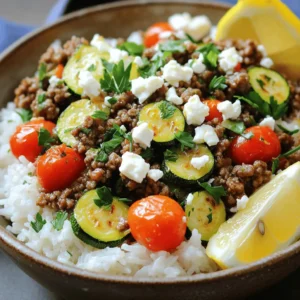 - 1 lb ground beef (lean preferred) - 1 large zucchini, diced - 1 cup basmati rice - 2 cups vegetable broth - 1 small onion, finely chopped - 2 cloves garlic, minced - 1 teaspoon dried oregano - 1 teaspoon ground cumin - 1/2 teaspoon paprika - Salt and pepper to taste - 2 tablespoons olive oil - 1 cup cherry tomatoes, halved - 1/2 cup feta cheese, crumbled - Fresh parsley, roughly chopped for garnish Gathering the right ingredients is key to making this Greek Beef and Zucchini Rice Bowl truly special. The main ingredients provide a hearty base. Ground beef gives protein and flavor. Zucchini adds a fresh crunch. Basmati rice serves as a soft, fluffy canvas. Vegetable broth enhances the rice with rich taste. Flavor enhancers turn up the taste. Onions and garlic add depth. Oregano and cumin bring a warm, earthy note, while paprika adds a subtle hint of smoke. Salt and pepper balance all the flavors. Olive oil helps cook everything to perfection. Finally, garnishes give a pop of color and taste. Cherry tomatoes add sweetness and juiciness. Feta cheese gives a creamy, salty touch. Fresh parsley brightens up the bowl. For the full recipe, check out the detailed instructions. This bowl is not just a meal; it’s a celebration of flavors and textures! - Rinse basmati rice under cold running water until clear. - Toast rice in olive oil with chopped onion and minced garlic. To start, rinsing the basmati rice is key. This step removes excess starch and makes the rice fluffy. I rinse the rice until the water runs clear. This usually takes a minute or two. Once rinsed, I drain it well and set it aside. Next, I heat olive oil in a medium pot over medium heat. I add the chopped onion and sauté it for about three to four minutes. I stir until the onion becomes soft and fragrant. Then, I add minced garlic and cook it for about 30 seconds. The smell is amazing! After that, I toss in the rinsed rice. I toast it for one to two minutes while stirring. This adds a nice flavor before cooking. - Brown ground beef in skillet and season with spices. - Add diced zucchini and cherry tomatoes, sauté until tender. While the rice cooks, I heat more olive oil in a large skillet over medium-high heat. I add the ground beef and break it apart as it cooks. I brown the beef for about five to seven minutes. Once it’s brown, I season it with dried oregano, ground cumin, paprika, salt, and pepper. The spices bring out the flavor in the beef. Next, I stir in diced zucchini and halved cherry tomatoes. I sauté them for about five minutes. This helps the zucchini stay crunchy while cooking. The colors in the skillet are so vibrant and inviting! - Fluff cooked rice and divide into servings. - Top rice with beef mixture and garnishes. Once the rice is done cooking, I take a fork and fluff it gently. Then, I divide the rice into four bowls. I top each bowl with the beef and vegetable mixture. It looks delicious! For a final touch, I sprinkle crumbled feta cheese and chopped parsley over each serving. The creamy cheese and fresh parsley add a burst of flavor. This Greek Beef and Zucchini Rice Bowl is now ready to enjoy! If you want to try this recipe, check out the Full Recipe for all the details. - Rinse the basmati rice well to keep it fluffy. This step removes excess starch. - Avoid overcooking zucchini to keep its desired crunch. Cook it just until tender. - Serve with lemon wedges for a zesty kick. The bright flavor enhances the dish. - Use colorful bowls to make your meal look more inviting. A fun presentation sparks joy. - Feel free to experiment by adding olives or bell peppers. These ingredients add unique tastes. - Adjust spices based on your personal taste. Every cook has a different flavor preference. These tips will help you create a delicious Greek Beef and Zucchini Rice Bowl. For the complete recipe, check the Full Recipe section. {{image_4}} You can easily switch out some ingredients to suit your taste. For a lighter option, use ground turkey or chicken instead of beef. These meats still give great flavor but cut down on fat. If you want to try something different, substitute quinoa for basmati rice. Quinoa cooks quickly and adds a nice texture to the dish. To make this dish even more exciting, consider adding fresh herbs like dill or mint. These herbs bring a burst of freshness that pairs well with the beef and zucchini. You can also incorporate spices like cinnamon. This spice adds warmth and depth to your meal, making each bite feel special. If you're looking for a plant-based option, use vegan ground meat. It works well in this dish and keeps the flavors intact. For those who want to skip dairy, simply omit the feta cheese. Your bowl will still taste great, and it makes the dish dairy-free. For the full recipe details, check out the [Full Recipe]. After enjoying your Greek Beef and Zucchini Rice Bowl, store any leftovers right away. Place them in airtight containers. This keeps your food fresh. Store it in the refrigerator for up to three days. To enjoy your meal again, reheat it easily. You can use a microwave, which is quick. If you prefer, warm it on the stovetop. Just add a splash of broth to keep things moist. Reheat until it's hot all the way through. If you want to save some for later, freezing works well. Place portions in freezer-safe containers. This way, you can enjoy it for up to two months. When you're ready to eat, just thaw it in the fridge overnight. Enjoy your meal whenever you want! You can serve many tasty sides with this dish. Greek salad is a perfect match. It adds fresh veggies and tangy flavors. Pita bread is another great choice. You can dip it in the beef mix or use it to scoop. Both options complement the rice bowl well. Yes, you can make this dish ahead of time. It’s great for meal prep! Cook the beef and veggies, then store them in the fridge. Keep the rice separate to avoid sogginess. When ready to eat, just heat everything together. This way, you enjoy a warm, tasty meal. You can easily adjust the spice level to fit your taste. If you like more heat, add some red pepper flakes. For a milder dish, cut back on the cumin and paprika. Taste as you go to find the right balance. Cooking should be fun and suited to your preferences! The total time to make this Greek Beef and Zucchini Rice Bowl is 35 minutes. This includes 15 minutes for prep. It serves four people, making it great for family meals or meal prep. You’ll have a delicious dish ready in no time! For the full recipe, check it out in the earlier section. This blog post shared a simple recipe for a Greek Beef and Zucchini Rice Bowl. You learned about the main ingredients, flavor enhancers, and garnishes. We covered easy steps to prepare the dish and tips for cooking and presenting it well. You can adapt the recipe to your taste with various substitutions and dietary options. Enjoy making this dish! It's not just tasty but also flexible and fun to customize.