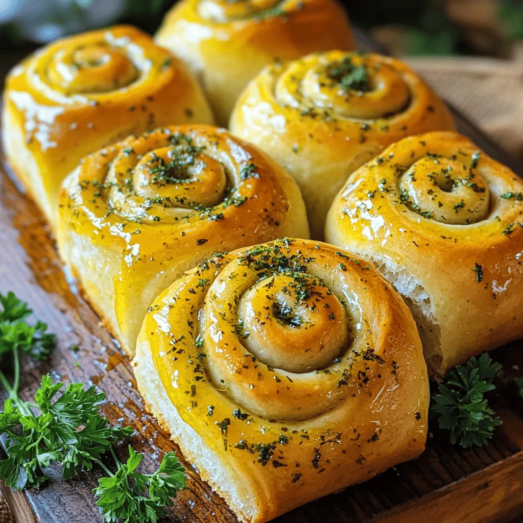 - 3 ½ cups all-purpose flour - 1 packet (2 ¼ teaspoons) active dry yeast - 1 cup warm milk (110°F / 43°C) - ¼ cup granulated sugar - ½ teaspoon salt - 1 large egg - ¼ cup unsalted butter, melted - 4 cloves garlic, minced - ¼ cup fresh parsley, finely chopped - ½ teaspoon dried oregano - ½ teaspoon dried thyme - ½ cup shredded mozzarella cheese (optional) - Mixing bowls - Wooden spoon or spatula - Rolling pin - Baking dish - Sharp knife When making Herb & Garlic Swirl Rolls, you need the right ingredients and tools. The main ingredients form the base of the rolls. Flour, yeast, and milk create a soft, tasty dough. Sugar adds a hint of sweetness, while salt balances the flavors. The egg and melted butter give the rolls a rich texture. For flavor, you’ll want garlic and fresh herbs. The garlic brings a punch, while parsley, oregano, and thyme add depth. If you love cheese, sprinkle in some mozzarella for extra creaminess. To make these rolls, gather a few essential tools. Mixing bowls help combine your ingredients. A wooden spoon or spatula stirs the dough. A rolling pin shapes it, while a sharp knife slices the rolls. Finally, a baking dish holds the rolls as they rise and cook. This recipe is fun to make and share with family and friends. Check out the Full Recipe for all the steps to create these delightful rolls! To start, we need to bloom the yeast. In a small bowl, sprinkle the yeast over warm milk. Let it sit for about 5 minutes. You will see it become frothy. This means the yeast is alive and ready to work. Next, grab a large mixing bowl. Combine the all-purpose flour, granulated sugar, and salt. Make a well in the center of the dry ingredients. Pour in the yeast mixture, melted butter, and the egg. Use a wooden spoon or spatula to mix until a dough begins to form. Now it's time to knead the dough. Place it on a lightly floured surface. Knead the dough by hand for about 7 to 10 minutes. You want it to be smooth and elastic. When it feels just right, place the dough in a greased bowl. Cover it with a clean kitchen towel. Let it rise in a warm spot for about 1 hour, or until it doubles in size. While the dough rises, let's prepare the filling. In a medium bowl, mix the minced garlic, chopped parsley, dried oregano, and dried thyme. If you want, you can add shredded mozzarella cheese for extra flavor. Stir well and set it aside for later. Now you are ready to shape your rolls. The dough will be fluffy and full of flavor. This step is where the fun begins! For the full recipe, check out the details above. To make the best rolls, pay close attention to your yeast. Use warm milk at 110°F (43°C). This helps activate the yeast nicely. If the milk is too hot, it can kill the yeast. If it’s too cool, the yeast won't wake up. When kneading the dough, I suggest using your palms. Push the dough down and fold it over. Repeat this for about 7-10 minutes. This builds the gluten, making the rolls rise well. You want the dough to feel smooth and elastic. If it sticks to your hands, add a little flour. Fresh herbs bring a bright taste. Use fresh parsley for a pop of flavor. Dried herbs work too, but they lack that fresh punch. If you like cheese, try adding mozzarella. It melts beautifully and adds richness. Mix it in with your herb filling for a cheesy twist. Oven temperature matters for baking. Preheat your oven to 350°F (175°C) before baking. Use an oven thermometer to check accuracy. If your rolls are golden brown and sound hollow when tapped, they are ready. This means they baked well inside. Enjoy the warm aroma filling your kitchen as they bake. For more details, check the Full Recipe. {{image_4}} You can easily change the herbs in your rolls. Try using basil instead of parsley. Basil gives a sweet flavor that brightens the rolls. Chives also work well for a mild onion taste. If you want to add some color and nutrition, try spinach. Simply chop fresh spinach and mix it in with the herbs. This green twist makes the rolls even more fun! Cheese adds a great taste to your rolls. You can use different kinds like feta or cheddar. Feta brings a tangy flavor, while cheddar gives a rich, creamy touch. If you want a dairy-free option, vegan cheese works too. Look for varieties that melt well. They will add a nice gooey texture to your rolls. Herb and garlic swirl rolls pair nicely with dips or spreads. Try serving them with olive oil, balsamic vinegar, or a creamy dip. They also go well with soups or salads. You can enjoy them alongside a hearty pasta dish or a fresh garden salad. Each bite is a delightful mix of flavors that can enhance your meal. For more fun, make a platter and invite friends to share! Check out the Full Recipe for ideas on how to make these rolls shine. To keep your herb and garlic swirl rolls fresh for a few days, place them in an airtight container. This method helps to keep the rolls soft and moist. You can also wrap them in plastic wrap or foil. Be sure to store them at room temperature, away from direct sunlight. Avoid refrigerating the rolls, as this can make them dry out faster. Freezing baked rolls is a great way to save them for later. Let the rolls cool completely before wrapping them. Use plastic wrap or freezer bags to prevent freezer burn. You can freeze the rolls for up to three months. When you're ready to enjoy them, simply take out the rolls and leave them at room temperature to thaw. For reheating, pop them in the oven at 350°F (175°C) for about 10 minutes. This restores their soft texture and warm flavors. To bring back the fresh taste of your rolls, try reheating them in the oven. Preheat your oven to 350°F (175°C) and warm the rolls for about 10 minutes. You can also use a microwave for a quick fix. Just cover the rolls with a damp paper towel and heat in short bursts of 15-20 seconds. For creative leftover ideas, you can slice the rolls and use them for sliders. They also make a great base for mini pizzas or savory sandwiches. For the full recipe, check out the Herb & Garlic Swirl Rolls section above. To make Herb & Garlic Swirl Rolls from scratch, follow these simple steps: 1. Bloom the yeast: Mix warm milk with yeast and let it sit until frothy. 2. Combine dry ingredients: In a bowl, mix flour, sugar, and salt. 3. Make the dough: Add the yeast mix, melted butter, and egg to the dry mix. Stir until a dough forms. 4. Knead: On a floured surface, knead the dough for 7-10 minutes until smooth. 5. First rise: Place dough in a greased bowl, cover it, and let it rise for 1 hour. 6. Prepare filling: Mix minced garlic, parsley, oregano, and thyme in a bowl. 7. Shape the rolls: Roll out the dough, add the filling, roll it up, and cut into pieces. 8. Second rise: Let the rolls rise for 30 minutes in a greased dish. 9. Bake: Bake at 350°F for 20-25 minutes until golden brown. This method helps anyone make tasty rolls. You can find the full recipe in this article. Yes, you can prepare these rolls ahead of time. Here are some tips: - Make the dough: You can prepare the dough and let it rise. Cover it and refrigerate for up to 24 hours. - Shape then chill: Shape the rolls, place them in the pan, and cover. You can store them in the fridge overnight. - Bake later: Allow the rolls to come to room temperature before baking. This way, they will rise nicely. This helps save time for busy days or special meals. If your rolls don’t rise, here are some common issues and fixes: - Check yeast freshness: Make sure your yeast is not expired. Old yeast won’t activate. - Warm environment: Ensure the dough rises in a warm, draft-free spot. Cold air can slow rising. - Proper kneading: Knead the dough well. Under-kneading can lead to dense rolls. These tips will help you troubleshoot and enjoy fluffy rolls! In this post, we covered how to make delicious Herb & Garlic Swirl Rolls. We discussed the key ingredients, tools needed, and detailed step-by-step instructions. You learned helpful tips for perfecting your dough and flavoring options. We also explored variations and storage methods to keep your rolls fresh. Enjoying homemade rolls can be simple and satisfying. I encourage you to experiment with different flavors to find your favorite. Happy baking!
