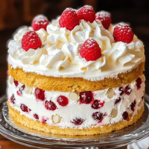 To make your Fluffy White Chocolate Raspberry Cake, you need these key ingredients: - 1 ½ cups all-purpose flour - 1 cup granulated sugar - ½ cup unsalted butter, softened to room temperature - 1 cup whole milk, at room temperature - 2 large eggs, room temperature - 1 tablespoon baking powder - ½ teaspoon salt - 1 cup white chocolate chips - 1 cup fresh raspberries, rinsed and gently dried - 1 teaspoon vanilla extract - 1 cup heavy cream, chilled - 2 tablespoons powdered sugar Using precise measurements is key to great results. Here’s how to measure: - Use dry measuring cups for flour and sugar. - Level off the top with a knife for accuracy. - For butter, use stick measurements, or spoon it into a cup. - Make sure eggs and milk are at room temperature for even mixing. - When measuring chocolate chips, fill the cup and level off. Quality matters! Here’s what I suggest: - Choose unsalted butter for better control of salt levels. - Use whole milk for creaminess. Avoid low-fat or skim. - Fresh raspberries are best; frozen can change the cake's texture. - Select high-quality white chocolate chips for richer flavor. - For the whipped cream, use heavy cream for a light and airy texture. For the complete recipe, check the Full Recipe. Start by preheating your oven to 350°F (175°C). Grab two 8-inch round cake pans and grease them with butter. Dust them lightly with flour to help the cakes come out easily after baking. Next, in a large bowl, cream together the softened butter and sugar. Use an electric mixer on medium speed for about 3-4 minutes, until the mix is light and fluffy. Then, add the eggs, one at a time, mixing well after each. Stir in the vanilla extract until it blends smoothly. In another bowl, whisk together the flour, baking powder, and salt. Now, combine the dry mix into the butter mixture in three parts. Alternate this with the whole milk, starting and ending with the dry mix. Be careful not to over-mix. Melt the white chocolate chips in a microwave-safe bowl, stirring every 30 seconds until smooth. Fold the melted chocolate into the batter, then gently add the fresh raspberries, taking care not to crush them. Divide the batter evenly between the prepared pans. Bake them in the preheated oven for 25-30 minutes. To check if they are done, insert a toothpick into the center. It should come out clean or with just a few crumbs. When they are ready, take them out of the oven and let them cool in the pans for about 10 minutes. After that, transfer the cakes to wire racks to cool completely. Once the cakes are cool, place one layer on a serving plate. Spread a generous layer of whipped cream on top of this layer. Then, carefully place the second cake layer on top. Spread more whipped cream over the top of the second layer. You can decorate with fresh raspberries for a pop of color. For the final touch, serve slices with extra raspberries on the side. This is a delightful cake that everyone will enjoy! For the complete process, check the Full Recipe. When baking, small mistakes can lead to big problems. Here are some to watch for: - Not measuring flour accurately: Use a scale or spoon it lightly into a cup. - Over-mixing the batter: This can make the cake tough. Mix just until combined. - Ignoring room temperature ingredients: Cold eggs or milk can affect how the cake rises. - Skipping the cooling step: Letting the cakes cool properly helps them hold shape. The right texture makes your cake fluffy and light. Here are steps to follow: - Cream butter and sugar well: Beat until light and fluffy for a good base. - Use fresh baking powder: Check the date. Old powder can lead to dense cakes. - Alternate wet and dry ingredients: This helps keep the batter airy. - Fold gently: When adding white chocolate and raspberries, fold carefully to maintain air. A beautiful cake makes every bite special. Try these fun ideas: - Use fresh raspberries on top: They add color and a burst of flavor. - Dust with powdered sugar: This gives a lovely, elegant finish. - Add a drizzle of melted white chocolate: This adds a sweet touch. - Serve slices with extra raspberries: It enhances the look and taste. For the complete recipe, check out the Full Recipe section. {{image_4}} You can easily make this cake gluten-free. Simply replace all-purpose flour with gluten-free flour blend. Look for a blend that has xanthan gum. This will help keep the cake light and fluffy. Make sure your white chocolate chips are gluten-free too. Many brands are, but check the label to be sure. If you want to try different frostings, consider cream cheese frosting. It adds a nice tangy flavor. You can also use chocolate ganache for a rich twist. Another great option is a fruity raspberry glaze. Just mix fresh raspberries with powdered sugar for a sweet and tart finish. Experiment with flavors to suit your taste. Swap raspberries for strawberries or blueberries. They will give a fresh taste to the cake. You can also add a splash of almond extract for a nutty flavor. For a fun texture, try adding chopped nuts like pistachios or almonds into the batter. Each option gives a unique and delicious twist to this fluffy cake. For the full recipe, check the earlier section. To keep your fluffy white chocolate raspberry cake fresh, wrap it well. Use plastic wrap or foil to cover the cake tightly. Store it in the fridge. It will stay good for up to five days. If you want to keep it longer, freezing is a great option. To freeze your cake, first ensure it is fully cooled. Cut it into slices if you like. Wrap each slice in plastic wrap, then place them in a freezer-safe bag. Press out extra air before sealing. You can freeze it for up to three months. When you're ready to enjoy it, just thaw it in the fridge overnight. When reheating, use the microwave for a quick warm-up. Heat slices for about 15-20 seconds. You can also serve it cold. Top each slice with more whipped cream and fresh raspberries for a nice touch. This will make your cake even more delightful! For the full recipe, check out the main guide. Yes, you can use frozen raspberries. They will work fine in your cake. Just make sure to thaw them first and gently dry them. This helps prevent too much moisture in the batter. If you use them, the raspberries may break apart more easily. This can create a lovely pink swirled effect in your cake. To make the cake more moist, use room temperature ingredients. This means your butter, eggs, and milk should be warm before mixing. You can also add a bit more milk or a splash of yogurt. This will keep the cake soft and tender. Lastly, do not over-bake the cake. Check for doneness a few minutes early to ensure it stays moist. The best way to slice the cake is to use a sharp knife. Heat the knife in warm water, then dry it off before slicing. This helps make clean cuts without tearing the cake. I recommend cutting it into even slices for a beautiful presentation. Place the slices on plates and add a few extra raspberries for a nice touch. Yes, you can make this cake in advance. Bake the cake layers and let them cool completely. Wrap each layer in plastic wrap and store them in the fridge for up to three days. You can also freeze the layers for up to a month. Just remember to defrost them overnight in the fridge before frosting. When you're ready to serve, assemble and frost the cake, and it will taste fresh and delicious. You can find the Full Recipe to guide you through the steps. This guide covered everything you need for a fluffy white chocolate raspberry cake. We explored essential ingredients, step-by-step baking instructions, and tips to avoid common mistakes. We also discussed variations to fit diets and preferences. Understand how to store leftovers, freeze, and reheat your cake for later enjoyment. Remember, good planning leads to great results. Enjoy every bite of your delicious cake creation!